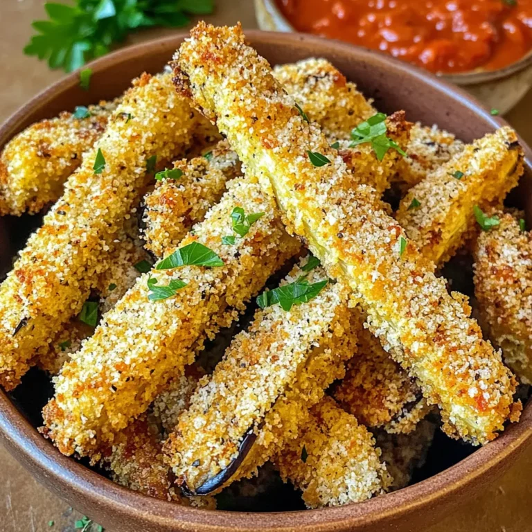 To make crispy eggplant fries, you need a few key items: - 1 medium eggplant, cut into fries - 1 cup breadcrumbs (preferably panko for extra crunch) - 1/2 cup grated Parmesan cheese - 2 large eggs, beaten - 1 teaspoon garlic powder - 1 teaspoon onion powder - 1/2 teaspoon paprika - Salt and pepper to taste - Olive oil spray These ingredients work together to give you that perfect crunch and cheesy flavor. You can spice up your fries with these optional extras: - Fresh herbs like parsley or basil for garnish - Marinara sauce or garlic aioli for dipping - Hot sauce or chili flakes for some heat These options add flavor and make your dish even more exciting. If you have special dietary needs, here are some swaps: - Use gluten-free breadcrumbs instead of regular ones for a gluten-free version. - Try nutritional yeast instead of Parmesan for a vegan option. - Substitute egg with a flaxseed mixture (1 tablespoon flaxseed meal + 2.5 tablespoons water) for vegan binding. These substitutions ensure everyone can enjoy your tasty eggplant fries! First, gather your ingredients to make eggplant fries. You need: - 1 medium eggplant, cut into fries - 1 cup breadcrumbs (preferably panko for extra crunch) - 1/2 cup grated Parmesan cheese - 2 large eggs, beaten - 1 teaspoon garlic powder - 1 teaspoon onion powder - 1/2 teaspoon paprika - Salt and pepper to taste - Olive oil spray Next, preheat your air fryer to 400°F (200°C). This step is crucial for a perfect fry. In a shallow bowl, combine breadcrumbs, Parmesan cheese, garlic powder, onion powder, paprika, salt, and pepper. Mix well to blend all the flavors. In another shallow bowl, beat the eggs until smooth. Now, it’s time to coat your eggplant fries. Dip each fry into the egg mixture. Let any extra egg drip off. Then, coat the fry in the breadcrumb mix. Press gently so the crumbs stick well. Lay the coated fries in a single layer in the air fryer basket. This helps them cook evenly. Lightly spritz them with olive oil spray to get that golden texture. Cook the fries for 12-15 minutes. Flip them halfway to ensure both sides get crispy. Keep an eye on them. You want them golden brown, not burnt. Once they’re done, remove them from the air fryer. Let them cool for a couple of minutes before serving. These crispy eggplant fries taste great on their own. For extra flavor, serve them with marinara sauce or garlic aioli for dipping. Garnish with fresh parsley for a pop of color. You can even sprinkle more Parmesan on top right before serving. Enjoy your tasty, healthy snack! To get your eggplant fries extra crispy, choose panko breadcrumbs. They add a nice crunch. Make sure to cut the eggplant into even-sized fries. This helps them cook evenly. Spraying olive oil on the fries is key too. It helps the outside become golden and crisp. Be sure to lay them in a single layer in the air fryer. This way, hot air can flow around each fry. One common mistake is overcrowding the air fryer. If you pile the fries on top of each other, they won't cook well. Another mistake is skipping the soaking step. If you don't soak the eggplant in salt water, it may taste bitter. Finally, don't forget to flip the fries halfway through. This ensures both sides get that perfect crispiness. Eggplant fries taste great with dips. Try serving them with marinara sauce or garlic aioli. You can also pair them with a fresh salad for a light meal. If you want a kick, try spicy ranch dressing. For a fun twist, serve them alongside a creamy yogurt sauce. Each dip adds a new flavor to your fries. Enjoy exploring the different tastes! {{image_2}} Want to heat things up? Add some spice! To make spicy Parmesan eggplant fries, mix in cayenne pepper or red pepper flakes with your breadcrumb mix. Start with a pinch and taste as you go. You can always add more heat, but you can’t take it out! This twist gives the fries a kick. The cheesy goodness pairs well with the heat. You might want to serve them with a cooling dip, like ranch or sour cream. If you're gluten-free, you can still enjoy these fries! Swap out the breadcrumbs for gluten-free alternatives. Panko made from rice works great for that crunchy texture. You can also use crushed cornflakes or almond flour. Just ensure the product is certified gluten-free. Your fries will still be crispy and delicious! You can play with flavors by adding different spices. Consider Italian herbs like oregano or basil for a fresh taste. You could also add a hint of lemon zest for brightness. For cheese lovers, try mixing in some mozzarella with the Parmesan. This will add a gooey, melty layer to your fries. Feel free to experiment! Each tweak can lead to a brand-new favorite. After enjoying your air fryer Parmesan eggplant fries, store leftovers in an airtight container. Let them cool to room temperature first. This keeps them fresh and helps avoid sogginess. Place the container in the fridge. Your fries will last for about 3 days. To keep that crispy texture, reheating is key. Preheat your air fryer to 350°F (175°C). Place the leftover fries in the basket. Heat them for about 5-7 minutes. This will revive their crunch. Avoid using the microwave, as it can make them soft and chewy. You can freeze eggplant fries for later use. First, let them cool completely. Arrange them in a single layer on a baking sheet. Freeze them for about 1-2 hours until firm. Then, transfer them to a freezer bag. Keep them in the freezer for up to 3 months. When ready to cook, no need to thaw. Just air fry them at 400°F (200°C) for 15-18 minutes. Enjoy crispy fries straight from the freezer! Yes, you can use regular breadcrumbs. However, panko gives a crunchier texture. Panko breadcrumbs are lighter and crispier. If you want more crunch, stick with panko. You’ll enjoy that extra bite in every fry. Look for a golden brown color on the fries. They should be crispy on the outside. If they are soft and pale, they need more time. Flip them halfway through cooking for even crispiness. Use a fork to check the texture. If they feel tender inside, they are ready. Absolutely! You can air fry many veggies like zucchini or sweet potatoes. Just cut them into fry shapes. Use the same coating process with breadcrumbs and cheese. Adjust cooking time based on the vegetable for best results. Enjoy experimenting with different flavors! Air fryer Parmesan eggplant fries are a simple and tasty snack. We covered the main ingredients needed and some optional ones to enhance flavor. I shared easy preparation and cooking steps, along with serving tips for enjoying your fries. Remember to avoid common mistakes for crispy fries. Explore variations like spicy or gluten-free options. Finally, know how to store and reheat leftovers for best results. With this knowledge, you can create a delicious treat that everyone will love. Enjoy your cooking!