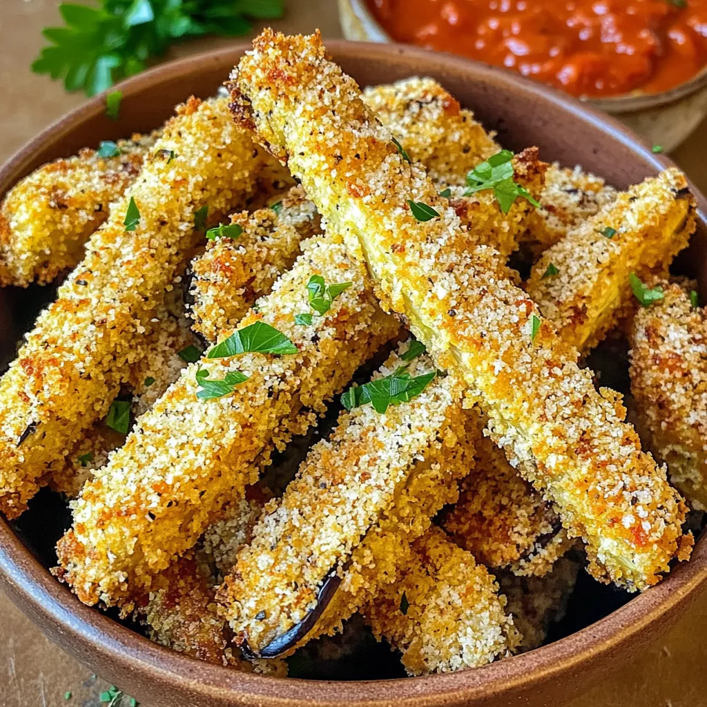 To make crispy eggplant fries, you need a few key items: - 1 medium eggplant, cut into fries - 1 cup breadcrumbs (preferably panko for extra crunch) - 1/2 cup grated Parmesan cheese - 2 large eggs, beaten - 1 teaspoon garlic powder - 1 teaspoon onion powder - 1/2 teaspoon paprika - Salt and pepper to taste - Olive oil spray These ingredients work together to give you that perfect crunch and cheesy flavor. You can spice up your fries with these optional extras: - Fresh herbs like parsley or basil for garnish - Marinara sauce or garlic aioli for dipping - Hot sauce or chili flakes for some heat These options add flavor and make your dish even more exciting. If you have special dietary needs, here are some swaps: - Use gluten-free breadcrumbs instead of regular ones for a gluten-free version. - Try nutritional yeast instead of Parmesan for a vegan option. - Substitute egg with a flaxseed mixture (1 tablespoon flaxseed meal + 2.5 tablespoons water) for vegan binding. These substitutions ensure everyone can enjoy your tasty eggplant fries! First, gather your ingredients to make eggplant fries. You need: - 1 medium eggplant, cut into fries - 1 cup breadcrumbs (preferably panko for extra crunch) - 1/2 cup grated Parmesan cheese - 2 large eggs, beaten - 1 teaspoon garlic powder - 1 teaspoon onion powder - 1/2 teaspoon paprika - Salt and pepper to taste - Olive oil spray Next, preheat your air fryer to 400°F (200°C). This step is crucial for a perfect fry. In a shallow bowl, combine breadcrumbs, Parmesan cheese, garlic powder, onion powder, paprika, salt, and pepper. Mix well to blend all the flavors. In another shallow bowl, beat the eggs until smooth. Now, it’s time to coat your eggplant fries. Dip each fry into the egg mixture. Let any extra egg drip off. Then, coat the fry in the breadcrumb mix. Press gently so the crumbs stick well. Lay the coated fries in a single layer in the air fryer basket. This helps them cook evenly. Lightly spritz them with olive oil spray to get that golden texture. Cook the fries for 12-15 minutes. Flip them halfway to ensure both sides get crispy. Keep an eye on them. You want them golden brown, not burnt. Once they’re done, remove them from the air fryer. Let them cool for a couple of minutes before serving. These crispy eggplant fries taste great on their own. For extra flavor, serve them with marinara sauce or garlic aioli for dipping. Garnish with fresh parsley for a pop of color. You can even sprinkle more Parmesan on top right before serving. Enjoy your tasty, healthy snack! To get your eggplant fries extra crispy, choose panko breadcrumbs. They add a nice crunch. Make sure to cut the eggplant into even-sized fries. This helps them cook evenly. Spraying olive oil on the fries is key too. It helps the outside become golden and crisp. Be sure to lay them in a single layer in the air fryer. This way, hot air can flow around each fry. One common mistake is overcrowding the air fryer. If you pile the fries on top of each other, they won't cook well. Another mistake is skipping the soaking step. If you don't soak the eggplant in salt water, it may taste bitter. Finally, don't forget to flip the fries halfway through. This ensures both sides get that perfect crispiness. Eggplant fries taste great with dips. Try serving them with marinara sauce or garlic aioli. You can also pair them with a fresh salad for a light meal. If you want a kick, try spicy ranch dressing. For a fun twist, serve them alongside a creamy yogurt sauce. Each dip adds a new flavor to your fries. Enjoy exploring the different tastes! {{image_2}} Want to heat things up? Add some spice! To make spicy Parmesan eggplant fries, mix in cayenne pepper or red pepper flakes with your breadcrumb mix. Start with a pinch and taste as you go. You can always add more heat, but you can’t take it out! This twist gives the fries a kick. The cheesy goodness pairs well with the heat. You might want to serve them with a cooling dip, like ranch or sour cream. If you're gluten-free, you can still enjoy these fries! Swap out the breadcrumbs for gluten-free alternatives. Panko made from rice works great for that crunchy texture. You can also use crushed cornflakes or almond flour. Just ensure the product is certified gluten-free. Your fries will still be crispy and delicious! You can play with flavors by adding different spices. Consider Italian herbs like oregano or basil for a fresh taste. You could also add a hint of lemon zest for brightness. For cheese lovers, try mixing in some mozzarella with the Parmesan. This will add a gooey, melty layer to your fries. Feel free to experiment! Each tweak can lead to a brand-new favorite. After enjoying your air fryer Parmesan eggplant fries, store leftovers in an airtight container. Let them cool to room temperature first. This keeps them fresh and helps avoid sogginess. Place the container in the fridge. Your fries will last for about 3 days. To keep that crispy texture, reheating is key. Preheat your air fryer to 350°F (175°C). Place the leftover fries in the basket. Heat them for about 5-7 minutes. This will revive their crunch. Avoid using the microwave, as it can make them soft and chewy. You can freeze eggplant fries for later use. First, let them cool completely. Arrange them in a single layer on a baking sheet. Freeze them for about 1-2 hours until firm. Then, transfer them to a freezer bag. Keep them in the freezer for up to 3 months. When ready to cook, no need to thaw. Just air fry them at 400°F (200°C) for 15-18 minutes. Enjoy crispy fries straight from the freezer! Yes, you can use regular breadcrumbs. However, panko gives a crunchier texture. Panko breadcrumbs are lighter and crispier. If you want more crunch, stick with panko. You’ll enjoy that extra bite in every fry. Look for a golden brown color on the fries. They should be crispy on the outside. If they are soft and pale, they need more time. Flip them halfway through cooking for even crispiness. Use a fork to check the texture. If they feel tender inside, they are ready. Absolutely! You can air fry many veggies like zucchini or sweet potatoes. Just cut them into fry shapes. Use the same coating process with breadcrumbs and cheese. Adjust cooking time based on the vegetable for best results. Enjoy experimenting with different flavors! Air fryer Parmesan eggplant fries are a simple and tasty snack. We covered the main ingredients needed and some optional ones to enhance flavor. I shared easy preparation and cooking steps, along with serving tips for enjoying your fries. Remember to avoid common mistakes for crispy fries. Explore variations like spicy or gluten-free options. Finally, know how to store and reheat leftovers for best results. With this knowledge, you can create a delicious treat that everyone will love. Enjoy your cooking!