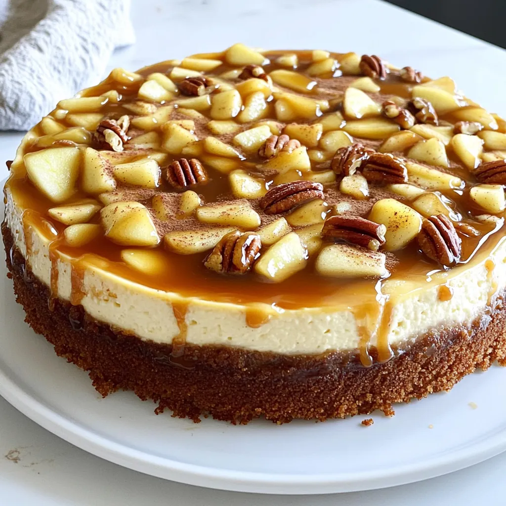 - 1 ½ cups graham cracker crumbs - ½ cup unsalted butter, melted - ¼ cup brown sugar - 1 teaspoon cinnamon - 24 oz cream cheese, softened - 1 cup granulated sugar - 1 teaspoon vanilla extract - 3 large eggs - 1 ½ cups diced apples (preferably Granny Smith) - 1 teaspoon cinnamon - 1 cup caramel sauce (store-bought or homemade) - ½ cup chopped pecans (optional) - Additional apple slices for garnish (optional) To make this caramel apple cinnamon cheesecake, you need simple yet key ingredients. The crust starts with graham cracker crumbs. They add a sweet crunch. Use melted butter to help bind the crumbs together. Brown sugar adds rich flavor, while cinnamon gives warmth. For the filling, cream cheese is important. It makes the cheesecake smooth and creamy. Granulated sugar adds sweetness. Vanilla extract brings in a nice aroma. Eggs help to set the filling, giving it structure. Diced Granny Smith apples add freshness and tartness. A touch of cinnamon in the filling enhances the apple flavor. Finally, the caramel topping is the star. Use store-bought or homemade caramel for ease. Chopped pecans add a nice crunch, but they are optional. You can also garnish with apple slices for extra flair. All these ingredients come together to create a dreamy dessert delight. - First, preheat your oven to 325°F (160°C). - In a bowl, combine the graham cracker crumbs, melted butter, brown sugar, and cinnamon. Mix well until the crumbs are coated. - Press this mixture firmly into the bottom of a 9-inch springform pan. It should be even. Bake it in the preheated oven for 10 minutes. After baking, take it out and let it cool. - In another large bowl, beat the softened cream cheese, granulated sugar, and vanilla extract until smooth. - Add the eggs, one at a time. Mix well after each egg. This step helps make a creamy filling. - Gently fold in the diced apples and cinnamon until they are evenly mixed into the batter. - Now, pour the apple and cream cheese filling over the cooled crust. Use a spatula to smooth the top. - Bake in the oven for about 55-60 minutes. The edges should be set, and the center will have a slight jiggle. - After baking, turn off the oven. Crack the door open slightly and let the cheesecake cool in the oven for 1 hour. - Finally, refrigerate the cheesecake for at least 4 hours, or even better, overnight. This helps it set properly. Using room temperature ingredients is key. When cream cheese warms up, it blends better. This helps to create a smooth filling without lumps. Take the cream cheese out of the fridge an hour before you start. Eggs should also be at room temperature. This will make mixing easier and help the cheesecake rise properly. To bake a creamy cheesecake, avoid overmixing. Mix until just combined to keep air bubbles out. Air bubbles can lead to cracks. Bake your cheesecake in a water bath if you can. This keeps the heat gentle and helps prevent cracks. Garnishing is fun and simple. Drizzle warm caramel sauce over the top. Add chopped pecans for crunch and flavor. Thin apple slices make a lovely touch, too. You can also sprinkle a little extra cinnamon for added warmth. Pair your cheesecake with drinks like hot cider or coffee. A sweet dessert wine can also enhance the flavors. These drinks balance the creaminess and sweetness of the cheesecake. Cracks can ruin a beautiful cheesecake. They often happen from baking too hot or too long. Keep an eye on the edges. They should be set, while the center should jiggle slightly. If you see cracks, don’t worry. You can cover them with caramel and toppings. Overbaking makes the cheesecake dry. Underbaking can make it too soft. Use a toothpick to check for doneness. The toothpick should come out mostly clean but not completely dry. This ensures a soft, creamy texture. {{image_2}} To make a gluten-free crust, you can use almond flour or gluten-free cookies instead of graham crackers. Almond flour gives a nutty flavor and works well. You can also try gluten-free oats for a different texture. For binding, mix in a bit of melted coconut oil or applesauce. Both will hold your crust together nicely. For a vegan cheesecake, use plant-based cream cheese. Brands like Tofutti or Daiya work well. They give that creamy texture without dairy. As for eggs, you can use flaxseed meal mixed with water. One tablespoon of flaxseed meal plus three tablespoons of water equals one egg. This will hold everything together. You can change the flavor by adding spices like nutmeg or allspice. These will add warmth and depth to your cheesecake. If you want different apple flavors, try Honeycrisp or Fuji apples. They add a sweeter taste to balance the tang of the cream cheese. Each choice brings a new twist to this delightful dessert. To keep your leftover cheesecake fresh, store it in the fridge. First, let the cheesecake cool completely. Then, slice it into pieces for easy serving. Place the slices in an airtight container. This helps keep the cheesecake moist. If you don’t have a container, you can use plastic wrap. Wrap it tightly, but make sure it doesn’t touch the surface. This prevents the cheesecake from drying out. You can freeze your cheesecake for later enjoyment. Here’s how: 1. Cool Completely: Ensure the cheesecake is cool before freezing. 2. Wrap Well: Wrap the whole cheesecake in plastic wrap. Use aluminum foil for extra protection. 3. Place in a Freezer Bag: Put the wrapped cheesecake in a freezer-safe bag, removing as much air as possible. 4. Label and Date: Write the date on the bag. This helps you keep track. To thaw, move the cheesecake to the fridge. Let it thaw overnight. This keeps the texture nice and smooth. In the fridge, your cheesecake lasts about 5 to 7 days. Always check for signs of spoilage. If you see any mold or an off smell, it’s best to throw it away. Fresh cheesecake should feel firm and smooth. If it seems watery or looks cracked, it may be time to say goodbye. You can tell if the cheesecake is done by looking for a few signs. The edges should be set, while the center will still have a slight jiggle. It’s okay if the middle looks a bit soft; it will firm up as it cools. If you check after about 55 minutes of baking, you should see these signs of a properly baked cheesecake. Yes, you can make this cheesecake ahead of time! In fact, I recommend you do. After baking, let it cool and then refrigerate for at least 4 hours. For best results, chill it overnight. This helps the flavors blend well and the texture to set properly. If you want a nut-free option, you can skip the pecans altogether. You can also use other toppings like crushed cookies, chocolate shavings, or even more apple slices. These alternatives will still give your cheesecake a tasty finish without the nuts. This cheesecake recipe combines easy steps, tasty ingredients, and helpful tips. You can create a delicious dessert that impresses everyone. Remember to keep your ingredients at room temperature for the best texture. Feel free to explore variations, like gluten-free or vegan options, to meet your needs. Store your cheesecake properly to enjoy it later. With these insights, you’ll make a cheesecake that stands out. Enjoy sharing the joy of baking with friends and family!