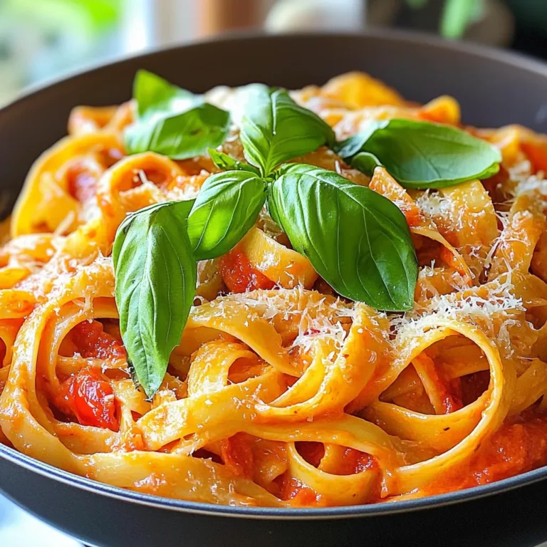- 2 large red bell peppers - 1 tablespoon olive oil - 3 cloves garlic, minced - 1 cup heavy cream (or plant-based alternative) - 1/2 cup grated Parmesan cheese (or nutritional yeast) - 1 teaspoon smoked paprika - Salt and pepper to taste - 12 ounces pasta (fettuccine or penne) - Fresh basil for garnish The key to this dish is the red bell peppers. They bring a sweet and smoky flavor. Roasting them gives depth to your sauce. You’ll also need garlic, which adds a nice kick. Heavy cream makes the sauce rich and smooth. If you prefer a vegan option, use plant-based cream. Parmesan cheese adds a salty note, but nutritional yeast can work too. Smoked paprika gives the dish warmth and aroma. Don’t forget salt and pepper; they enhance all the flavors. You can use any pasta you like, but fettuccine or penne are my favorites. They hold the sauce well. Finally, fresh basil adds a bright finish. It makes the dish look and taste great. Prepare all your ingredients before you start cooking. This will make your process easy and fun. First, preheat your oven to 425°F (220°C). Take two large red bell peppers and cut them in half. Remove all the seeds. Place these halves cut side down on a baking sheet. Drizzle with one tablespoon of olive oil. Roast them in the oven for about 25 to 30 minutes. You want the skin to be blackened and blistered. After roasting, transfer the peppers to a bowl. Cover the bowl with plastic wrap. Let them steam for about 10 minutes. This makes it easy to peel the skin off. Once cooled, peel the skins away and discard them. In a blender, combine the peeled peppers, three cloves of minced garlic, one cup of heavy cream, one teaspoon of smoked paprika, and salt and pepper to taste. Blend until the mixture is smooth and creamy. If the sauce is too thick, add a bit of pasta water. In a large pot, bring salted water to a boil. Add 12 ounces of your favorite pasta, like fettuccine or penne. Cook the pasta according to the package instructions until it is al dente. Before draining, make sure to reserve one cup of the pasta water. This helps to adjust the sauce later. In the same pot or a large skillet, heat the blended sauce over medium heat. Stir in half a cup of grated Parmesan cheese until it melts and blends well. Add the cooked pasta to the sauce and toss everything together. If the sauce is too thick, use the reserved pasta water to reach your desired consistency. Once everything is combined, divide the creamy roasted red pepper pasta into bowls. Garnish with fresh basil leaves. You can also sprinkle more Parmesan cheese on top if you like. Enjoy your delicious meal! To get the best sauce, use pasta water. After cooking, save a cup of that water. It helps thin the sauce if it’s too thick. Just add a little bit at a time until you reach the right creaminess. For roasting peppers well, place them cut side down. This helps them cook evenly. Keep an eye on them. You want the skin to blacken but not burn. A good roast brings out the sweet flavor. If you want a plant-based option, use coconut cream or cashew cream. Both add richness without dairy. They work great in this dish. For cheese, nutritional yeast is a smart swap. It gives a cheesy taste without the dairy. You can also try a vegan Parmesan for flavor. To boost flavor, add herbs like basil or oregano. Fresh herbs bring a bright taste. You can also sprinkle some red pepper flakes for heat. If you want protein, grilled chicken or shrimp pairs nicely. For a vegetarian option, try chickpeas or lentils. They add texture and make the meal more filling. {{image_2}} If you want to make this dish gluten-free, choose gluten-free pasta. There are many options, like brown rice or chickpea pasta. They work well and taste great. For those who need dairy-free options, use plant-based cream. You can also swap Parmesan with nutritional yeast. This gives a cheesy flavor without the dairy. Want to add more taste? Try adding sun-dried tomatoes to the sauce. They bring a rich, tangy note. You can also mix in spinach or kale for extra vitamins. Both greens add color and a healthy crunch. Just stir them in before serving. They will wilt nicely in the warm sauce. For a unique flavor, try Gouda or feta cheese. Gouda provides a smoky taste, while feta adds a salty kick. You can also mix cheeses for depth. Combine Parmesan with goat cheese for a creamy, tangy blend. This makes your dish even more exciting and flavorful! To keep your creamy roasted red pepper pasta fresh, place it in the fridge. Use an airtight container to help it stay tasty. Make sure to let it cool down first. This will help prevent condensation inside the container. If you want to keep your pasta longer, freezing is a great option. First, let the dish cool completely. Then, transfer it to a freezer-safe container. Leave some space at the top, as the pasta will expand. When you're ready to eat, thaw it in the fridge overnight. Reheat it on the stove over low heat. Add a splash of water or cream to restore its creamy texture. In the fridge, your creamy roasted red pepper pasta lasts about 3 to 4 days. If you freeze it, it can stay good for up to 3 months. Just remember to label the container with the date so you know when you made it! Fettuccine and penne are great choices for creamy sauces. They hold the sauce well. Other options include rigatoni and spaghetti. The key is to pick pasta that has a shape to trap the sauce. Yes, you can make this recipe vegan! Use a plant-based cream instead of heavy cream. For cheese, substitute with nutritional yeast. These swaps keep the dish rich and creamy without any animal products. To thicken the sauce, add more grated cheese. You can also mix in some reserved pasta water. If you want, blend in a little cornstarch mixed with water. This will help achieve that creamy texture. You can serve a fresh salad on the side. Garlic bread is another tasty option. For something light, try steamed broccoli or asparagus. These sides balance the richness of the pasta well. Absolutely! You can make the sauce a day in advance. Just store it in the fridge in an airtight container. When you are ready, reheat it gently on the stove. Add a splash of water if it gets too thick. This blog post covered how to make creamy roasted red pepper pasta using simple steps and fresh ingredients. You learned about roasting peppers, creating a rich sauce, and cooking pasta just right. I shared tips for altering the dish to fit different diets and suggested ways to store leftovers. With these tricks, you can enjoy a delightful meal anytime. Enjoy creating your version of this dish; it can be a crowd-pleaser. Remember, cooking should be fun and tasty!