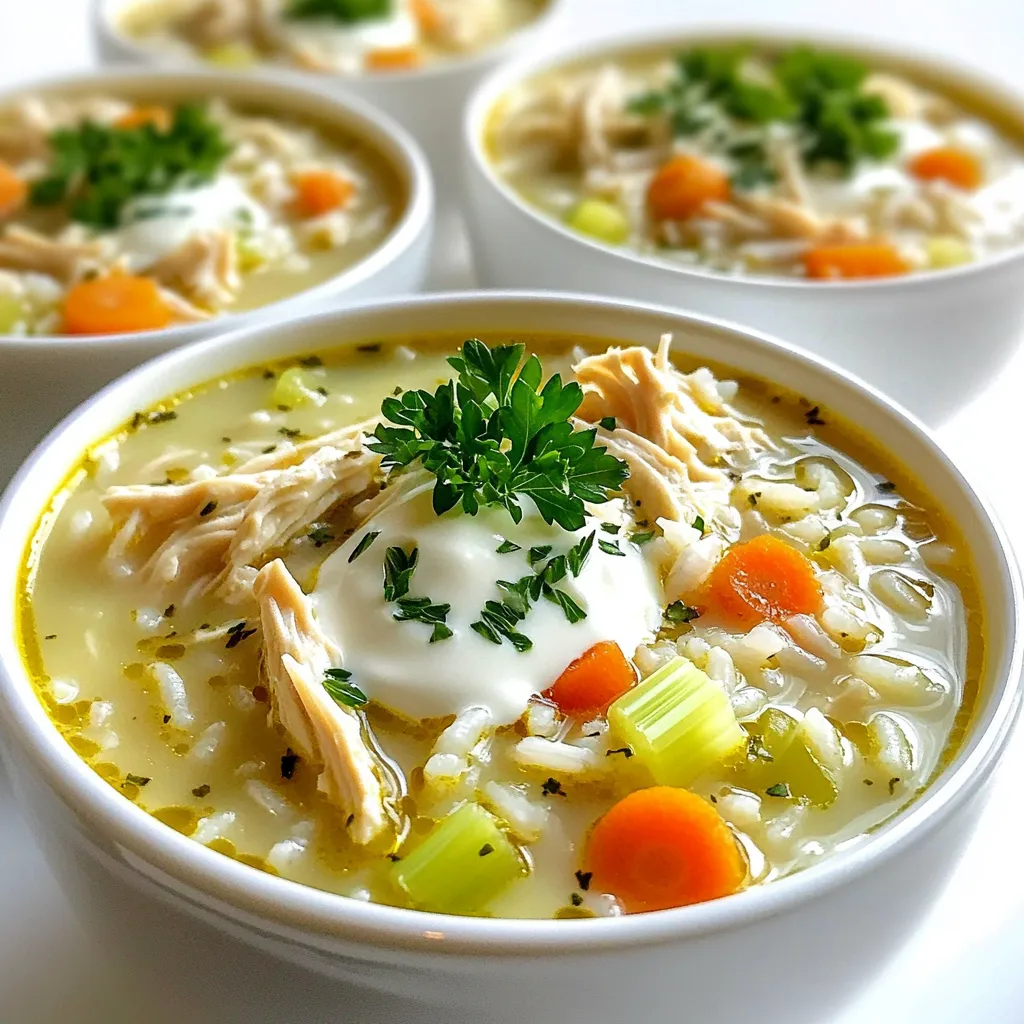 - 2 cups cooked, shredded chicken - 1 cup white rice, rinsed - 1 medium onion, chopped - 2 carrots, diced - 2 celery stalks, diced The main ingredients make this soup hearty and filling. You need cooked, shredded chicken for protein. This can be from a rotisserie chicken or your own cooked chicken. Rinsing the white rice helps remove extra starch. This helps the rice cook better and keeps the soup creamy. Chopping the onion, carrots, and celery adds flavor and texture. - 6 cups chicken broth - 1 cup heavy cream - 1 teaspoon dried thyme - 1 teaspoon smoked paprika - Salt and pepper to taste Chicken broth is the base of this soup. It adds depth and warmth. The heavy cream makes the soup rich and creamy. Dried thyme adds a nice herbal flavor, while smoked paprika gives it a hint of smokiness. Don’t forget the salt and pepper; they bring all the flavors together. - Fresh parsley, chopped - Additional herbs or spices Garnishing with fresh parsley adds color and a burst of freshness. You can also use other herbs or spices to customize the taste. Think about adding basil or even a pinch of red pepper flakes for extra kick. Start by shredding the cooked chicken. You can use a fork or your hands. This makes it easy to mix into the soup. Aim for bite-sized pieces. Next, chop the onion into small pieces. Dice the carrots and celery into small cubes. The smaller the pieces, the better they cook in the slow cooker. Mince the garlic finely to release its flavor. In your slow cooker, add the shredded chicken, rinsed white rice, chopped onion, diced carrots, diced celery, and minced garlic. Stir everything together. Pour in the chicken broth. This adds a rich flavor base. Next, sprinkle in the dried thyme and smoked paprika. Add salt and pepper to taste. Stir well to combine all the ingredients. Cover the slow cooker with its lid. Set it on low for 6-7 hours or high for 3-4 hours. You want the rice and vegetables to be tender. In the last 30 minutes of cooking, stir in the heavy cream. This is what gives the soup its creamy texture. Taste the soup and adjust the seasoning if needed. Once done, ladle the soup into bowls. Garnish with fresh chopped parsley for a nice touch before serving. Enjoy your creamy chicken and rice soup! To make your soup even creamier, consider using different cream alternatives. You can try half-and-half or coconut cream. Both add smoothness while changing the flavor. Adding cheese is another great option. Cream cheese or shredded cheddar can boost the taste. Mix it in during the last 30 minutes for a rich finish. To ensure your rice and veggies cook just right, check for doneness. The rice should be soft, and the veggies tender. If they are still firm, let them cook a bit longer. Avoiding overcooking is key. Overcooked rice can turn mushy. Keep an eye on the time and stir occasionally to prevent sticking. Pair your creamy soup with crusty bread or a fresh salad. The bread helps soak up the soup, while the salad adds crunch. For ideal sides, consider a light fruit salad or roasted veggies. Both complement the rich flavors of the soup, making your meal complete. {{image_2}} You can swap chicken for turkey or shredded pork. Both options work well in this soup. Turkey adds a nice twist, especially during holidays. Shredded pork brings a different flavor, making it richer. For a vegetarian or vegan option, try using chickpeas or lentils. They add protein and texture without meat. You can also use plant-based cream to keep it creamy. Feel free to change the vegetables in the soup. Zucchini, green beans, or peas can add color and taste. You can also try sweet potatoes for a sweeter flavor. Using seasonal ingredients is a great idea. In the fall, add butternut squash. In the spring, use asparagus. This keeps your soup fresh and exciting. Add some spices if you want heat. A pinch of cayenne or red pepper flakes brings warmth. You can also try curry powder for a different vibe. Experiment with herbs, too. Basil or cilantro can give your soup a fresh touch. This way, every bowl can taste unique and special! To store your leftover creamy chicken and rice soup, let it cool first. Place it in a sealed container. This keeps it fresh. Make sure to use it within three days for the best taste. Label the container with the date. This helps you track how long it has been stored. To freeze the soup, first let it cool. Then, pour it into freezer-safe bags or containers. Leave some space at the top for expansion. Seal tightly and label with the date. When you're ready to eat, take it out and thaw in the fridge overnight. For reheating, warm it on the stove or in the microwave. Stir well, and add a splash of cream for extra richness. In the fridge, your soup lasts about three days. If you freeze it, it stays good for about three months. Always check for signs of spoilage. If it looks off or smells sour, it’s best to toss it. Freshness matters for taste and safety, so keep an eye on it. Yes, you can use uncooked chicken in this soup. However, make sure to cut it into small pieces. This helps it cook evenly. Place the raw chicken in the slow cooker with the other ingredients. The slow cooker will safely cook the chicken. Make sure the internal temperature reaches 165°F. This ensures it is safe to eat. Using raw chicken can add extra flavor to the broth as it cooks. If you want to swap out white rice, you have options. Brown rice is one choice. It adds more fiber but will take longer to cook. You can also use quinoa for a protein boost. Another option is barley, which gives a nice chewy texture. Just remember to adjust the cooking time based on what you choose. To make this soup gluten-free, use gluten-free broth. Many brands offer this option. Also, make sure your rice is labeled gluten-free. Some rice blends may contain gluten. If you want to add a thickener, use cornstarch or arrowroot powder. This keeps the soup creamy without gluten. Enjoy your gluten-free meal without worry! This recipe combines tasty, easy ingredients to make a warm soup. You start with chicken, rice, and veggies, adding flavorful seasonings. The slow cooker does the hard work for you. Consider how you can add your touch. Feel free to switch proteins or try new spices. Store leftovers correctly for lasting freshness. This soup is not just a meal; it’s a canvas for creativity in your kitchen. Enjoy every delicious spoonful!