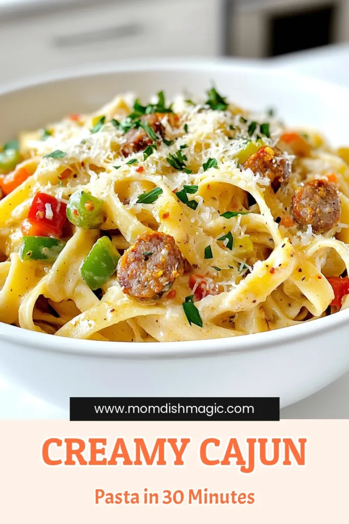 Indulge in a bowl of Zesty Creamy Cajun Pasta that will elevate your dinner game! This delicious dish combines fettuccine, smoked sausage, and colorful bell peppers in a rich Cajun cream sauce, perfect for a quick weeknight meal. Ready in just 30 minutes, it's a hearty recipe that will leave everyone wanting more. Click through for the full recipe and impress your loved ones tonight! #CajunPasta #PastaRecipes #DinnerIdeas #QuickRecipes
