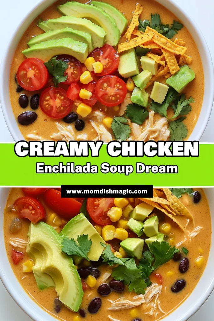 Warm up your dinner routine with this creamy chicken enchilada soup that's bursting with flavor! Perfectly seasoned chicken, black beans, and corn come together in a slow cooker for a hassle-free meal your family will love. Ready in just a few hours, this dish is topped with fresh cilantro and avocado for the ultimate comfort food experience. Click through to explore the full recipe and make your next meal a hit! #CreamyChickenEnchiladaSoup #SoupRecipes #ComfortFood #SlowCookerMeals