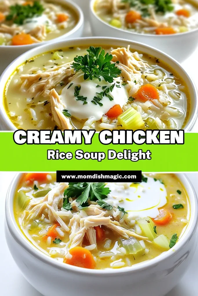 Warm up with a comforting bowl of creamy chicken and rice soup! This easy recipe combines tender shredded chicken, fragrant herbs, and creamy goodness for a meal your family will love. Perfect for chilly days, it's made effortlessly in a slow cooker. Discover how to whip up this delicious dish and bring cozy vibes to your kitchen. Click through for the full recipe and enjoy the ultimate comfort food! #CreamyChickenAndRiceSoup #ComfortFood #SlowCookerRecipes #EasyDinnerIdeas