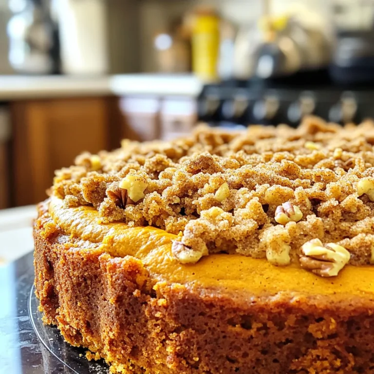 For the base of your pumpkin streusel coffee cake, you will need: - 2 cups all-purpose flour - 1 tablespoon baking powder - 1 teaspoon baking soda - 1 teaspoon ground cinnamon - 1/2 teaspoon nutmeg - 1/4 teaspoon ginger - 1/2 teaspoon salt These dry ingredients give the cake its structure and flavor. The spices are key to that warm, cozy taste we all love in a pumpkin dish. Next, gather your wet ingredients: - 1 cup granulated sugar - 1/2 cup brown sugar, packed - 1/2 cup unsalted butter, softened - 2 large eggs - 1 cup canned pumpkin puree - 1 teaspoon vanilla extract - 1/2 cup sour cream These ingredients create a rich, moist cake. The pumpkin puree adds flavor and moisture, while the sour cream makes it super tender. If you want to add more texture, consider: - 1/2 cup chopped walnuts or pecans These nuts add a nice crunch and flavor contrast to the soft cake. You can skip them if you prefer a smoother texture. - Preheat your oven to 350°F (175°C). This step is key for even baking. - Grease a 9x13 inch baking pan with butter or cooking spray. This keeps your cake from sticking. - In a mixing bowl, whisk together 2 cups of all-purpose flour, 1 tablespoon of baking powder, 1 teaspoon of baking soda, 1 teaspoon of ground cinnamon, 1/2 teaspoon of nutmeg, 1/4 teaspoon of ginger, and 1/2 teaspoon of salt. This mix gives your cake great flavor. - In a large bowl, cream together 1 cup of granulated sugar, 1/2 cup of brown sugar, and 1/2 cup of softened unsalted butter. Beat until the mix is light and fluffy. - Add in 2 large eggs, one at a time. Make sure each egg mixes in well. - Now, mix in 1 cup of canned pumpkin puree and 1 teaspoon of vanilla extract. Blend until the mix is smooth. - Gradually add the dry ingredient mix to the wet mix. Alternate with 1/2 cup of sour cream. Start and end with the dry mix. Stir until just combined. - If you want, gently fold in 1/2 cup of chopped walnuts or pecans. This adds a nice crunch. - Pour the batter into your greased baking pan. Smooth out the top with a spatula. - In a separate bowl, combine 1/2 cup of all-purpose flour, 1/4 cup of brown sugar, and 1/2 teaspoon of ground cinnamon. - Stir in 1/4 cup of melted butter until the mixture is crumbly. This is your streusel topping. - Evenly sprinkle the streusel over the pumpkin batter in the pan. Now you're ready to bake! This cake will fill your kitchen with a warm, inviting scent. Pumpkin puree is key for a moist and soft cake. It adds rich flavor and keeps the cake tender. Use canned pumpkin puree for ease. Make sure you check the label for 100% pumpkin. This ensures the best taste. Sour cream plays a big role in this recipe. It adds creaminess and tang. This makes your cake even richer. The fat content in sour cream keeps the cake from drying out. If you want a lighter option, Greek yogurt can work too. To check for doneness, use a toothpick. Insert it into the center of the cake. If it comes out clean, your cake is ready. If it has wet batter, bake a bit longer. This step is important for the right texture. Let the cake cool in the pan for about 10 minutes. This helps it set. Then, transfer it to a wire rack. Cooling fully will give you a better slice. It stops the bottom from getting soggy too. Customizing the streusel is fun. You can change the texture by adding more butter or flour. More butter makes it richer, while more flour gives it more crunch. Play around until you find your favorite mix. Experiment with spices and nuts in the streusel. Try adding nutmeg or allspice for more flavor. Chopped walnuts or pecans add a nice crunch. You can even mix in some oats for a different texture. Enjoy making it your own! {{image_2}} You can make this cake even more fun. Try swapping pumpkin for sweet potato. This gives a slight change in taste and texture. Sweet potatoes add a wonderful sweetness. You can also add chocolate chips or dried fruits to the batter. Chocolate chips give a rich taste, while dried fruits bring a chewy texture. Both options make the cake more exciting. If you need a gluten-free version, use gluten-free flour. This works well without changing the taste much. For a vegan cake, swap eggs with flax eggs. Mix one tablespoon of flaxseed meal with three tablespoons of water. Let it sit for five minutes to thicken. Replace the butter with coconut oil or vegan butter for a smooth texture. Pair this cake with coffee or tea for the best experience. The warm flavors of pumpkin blend perfectly with a hot drink. For gatherings, slice the cake into squares and place on a nice platter. You can sprinkle some powdered sugar on top for a touch of elegance. Adding fresh whipped cream or a scoop of vanilla ice cream works well too. Enjoy this cake warm or at room temperature! To keep your pumpkin streusel coffee cake fresh, store it at room temperature. Place it in an airtight container. This helps keep moisture in and prevents it from drying out. If you don't have an airtight container, you can wrap it in plastic wrap. Just make sure it is sealed well. For long-term storage, you can freeze the cake. First, let it cool completely. Then, wrap it tightly in plastic wrap and place it in a freezer bag. This helps prevent freezer burn. It can last for about three months in the freezer. When you want to eat it, take it out and let it thaw in the fridge overnight. To reheat, warm it in the oven at 350°F for about 10-15 minutes. At room temperature, the cake lasts about 3-4 days. If you keep it in the fridge, it can last up to a week. The cool air helps keep it fresh longer. Always check for any signs of spoilage before eating. If it looks or smells off, it's best to throw it away. Yes, you can use fresh pumpkin. Fresh pumpkin has a different texture. It can be more watery, which may change your cake's texture. If you use fresh pumpkin, cook it first. Roast or steam it until soft, then mash it well. Make sure to drain any excess water. This helps keep your cake light and fluffy. Canned pumpkin is thicker and easier to use, so it often gives better results. A dense pumpkin coffee cake can happen for several reasons. One reason is too much flour. Make sure to measure accurately. Using too much pumpkin can also make it heavy. Always check your pumpkin puree amount. Overmixing the batter can lead to density, too. Mix until just combined. If your batter feels thick, add a splash of milk or water. This can help lighten it up. To check if your cake is done, use a toothpick. Insert it into the center of the cake. If it comes out clean, your cake is ready. You can also press lightly on the top. If it springs back, it is done. If it sinks or leaves a dent, it needs more time. Bake for the full time, but check at about 40 minutes. This blog covered the key ingredients and steps to make a great pumpkin coffee cake. You learned about mixing dry and wet ingredients, adding optional nuts, and creating a tasty streusel topping. Tips for enhancing flavor and baking perfectly were also shared. Finally, we explored variations and storage tips to keep your cake fresh. Enjoy making this delightful treat, and don’t hesitate to get creative with flavors and ingredients! Your next baking adventure starts now.