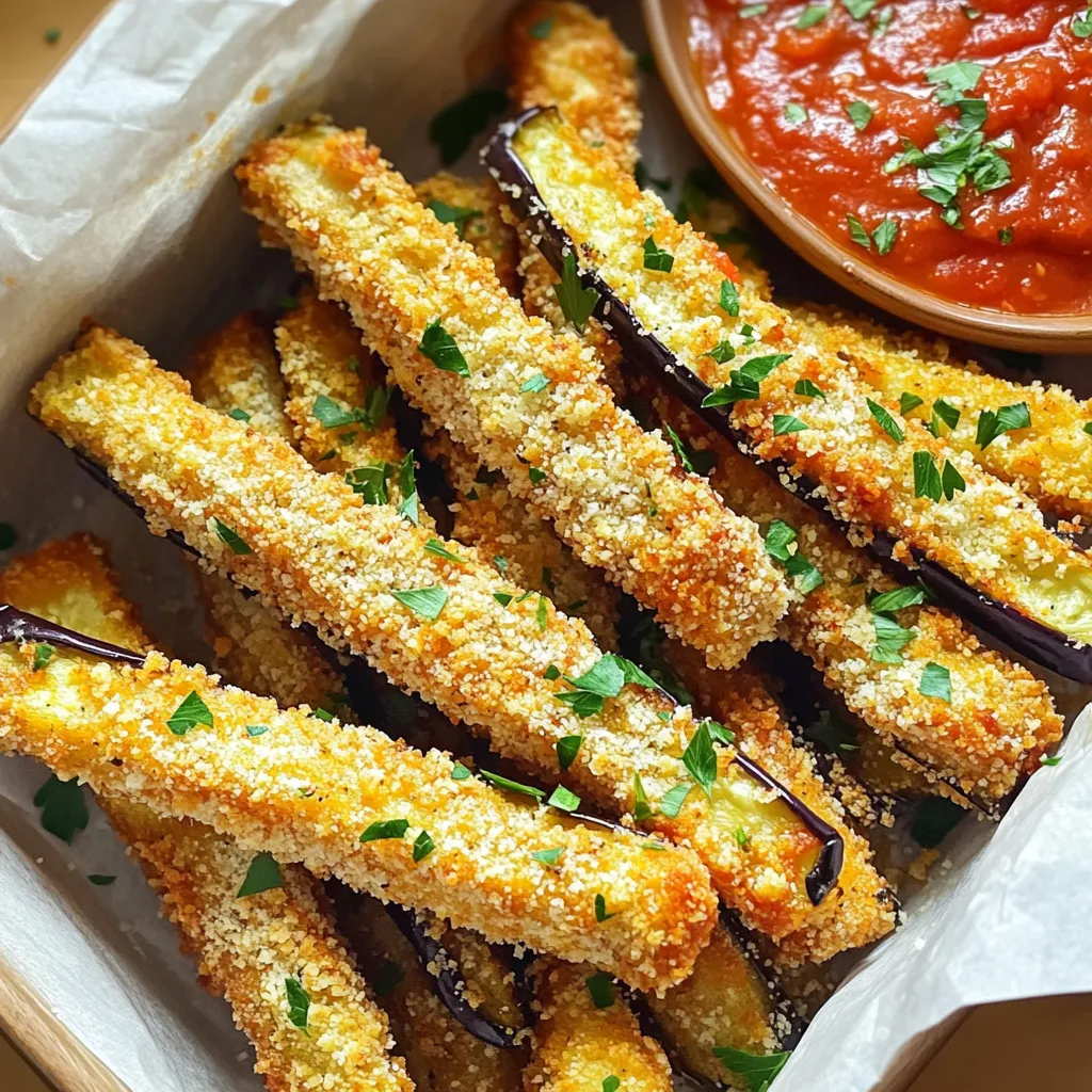 - Medium eggplant - 1 cup almond flour - 1/2 cup grated Parmesan cheese - 1 teaspoon garlic powder - 1 teaspoon onion powder - 1 teaspoon dried Italian herbs - 1 large egg - Salt and pepper to taste - Cooking spray - Fresh parsley You need a medium eggplant for this recipe. Choose one that feels firm. Next, almond flour gives fries a nice crunch. It’s a great gluten-free option. Grated Parmesan cheese adds a salty, savory flavor. For seasonings, garlic powder and onion powder stand out. They bring a rich taste to each fry. Dried Italian herbs add a hint of warmth. The large egg acts as a binder. It helps the coating stick well. Don’t forget salt and pepper to taste. They enhance all the flavors in the dish. Cooking spray is optional but helps create a crispy texture. Fresh parsley adds a pop of color and freshness on top. Gather these ingredients before starting. They make the best air fryer garlic Parmesan eggplant fries! 1. Preheat Air Fryer: First, set your air fryer to 400°F (200°C). Let it heat up for about 5 minutes. This step helps the fries cook evenly. 2. Slice Eggplant into Fries: Next, wash your medium eggplant. Cut it into fry-shaped sticks, about 1/2 inch thick. Make sure they are uniform for even cooking. 3. Salting the Eggplant: Place the sliced eggplant in a bowl. Sprinkle salt over them. Let them sit for 15 minutes. This draws out moisture and helps them crisp up later. After 15 minutes, pat them dry with a paper towel to remove excess moisture. 1. Mix Dry Ingredients: In a shallow dish, combine almond flour, grated Parmesan cheese, garlic powder, onion powder, dried Italian herbs, salt, and pepper. Mix well for an even coating. 2. Whisk the Egg: In another bowl, whisk one large egg until it is smooth. This will help the coating stick to the fries. 3. Dipping and Coating Process: Dip each eggplant fry into the egg mixture first. Make sure it is fully coated. Then, roll it in the almond flour and Parmesan mixture. Ensure each fry is covered well for the best flavor and crunch. 1. Arrange in Air Fryer Basket: Place the coated eggplant fries in a single layer in the air fryer basket. It’s important not to overcrowd them. 2. Cooking Time and Temperature: Air fry the fries for about 10-12 minutes. This will make them golden brown and crispy. 3. Shaking the Basket for Even Cooking: Halfway through cooking, shake the basket gently. This helps ensure that every fry gets nice and crispy on all sides. These steps will guide you to make the perfect Air Fryer Garlic Parmesan Eggplant Fries. Enjoy your crispy, flavorful treat! Salting the eggplant is key. It draws out moisture, making your fries crisp. Slice the eggplant into fry shapes, then sprinkle salt on them. Let them sit for 15 minutes. After that, pat them dry with a paper towel. This step is vital for crispiness. For an even coating, ensure the eggplant fries are fully covered in the egg mixture. Then, roll them in the almond flour and Parmesan mix. This guarantees a crunchy outside. Make sure to coat each fry well. Feel free to adjust seasonings to your taste. Want a kick? Add some cayenne pepper or chili flakes. Prefer a milder flavor? Just stick with salt and pepper. The choice is yours! You can also try alternative breading options. If you want a gluten-free option, stick to almond flour. If not, you can use whole wheat flour or panko breadcrumbs for a different texture. For presentation, serve your garlic Parmesan fries in a shallow dish. Line it with parchment paper for easy cleanup. A sprinkle of extra Parmesan on top adds a nice touch. Pair your fries with a side of marinara sauce for dipping. It adds a rich flavor to each bite. Other great options include ranch or garlic aioli. Enjoy experimenting with different dips! {{image_2}} You can make a few swaps to make this dish lighter. - Using Whole Wheat Flour: Swap almond flour with whole wheat flour for a heartier option. Whole wheat adds fiber and nutrients. - Vegan Option for Egg: Use a flaxseed meal mix instead of the egg. Mix one tablespoon of flaxseed meal with three tablespoons of water and let it sit until it thickens. This works well for binding. Boost the taste of your eggplant fries easily. - Adding Spices: Try adding paprika or cayenne for a spicy kick. You can also mix in smoked paprika for a deeper flavor. - Different Cheese Options: Use mozzarella or nutritional yeast for a unique twist. These cheeses add different textures and flavors to the dish. You can serve these fries in many ways. - Pairing with Dishes: Serve with pasta or grilled chicken for a complete meal. The fries add a nice crunch next to soft dishes. - Making a Platter with Other Veggies: Create a veggie platter by adding carrot sticks or zucchini chips. This makes it fun and colorful for sharing. To keep your eggplant fries fresh, place them in the fridge. Use an airtight container to prevent moisture loss. You can store them for up to three days. Before storing, let the fries cool to room temperature. This step helps avoid sogginess. For the best taste, reheat in the air fryer. Set it to 350°F (175°C) for about 5 minutes. This method keeps the fries crispy. If you prefer the oven, preheat to 375°F (190°C). Bake for about 8-10 minutes. Flip halfway for even heating. You can freeze eggplant fries before or after cooking. If freezing before cooking, coat them well and lay them flat on a baking sheet. Freeze until solid, then transfer to a freezer bag. For reheating, air fry from frozen for about 15 minutes. If cooked, let them cool, then freeze. Reheat in the air fryer as mentioned above. The best way to cut eggplant for frying is to slice it into fry-shaped sticks. Aim for about 1/2 inch thick pieces. This size helps them cook evenly and get crispy. Keep the skin on for added texture and nutrients. Remember to salt them before frying. This step draws out moisture and enhances the flavor. Air fryer eggplant fries can last in the fridge for about 3 days. Store them in an airtight container to keep them fresh. If you want to keep them longer, consider freezing them. Frozen fries can last up to 3 months. Reheat them in the air fryer for a crispy texture. Yes, you can use other vegetables instead of eggplant. Zucchini, sweet potatoes, or even carrots work well. Just cut them into similar fry shapes. Adjust the cooking time based on the vegetable you choose. Each will bring unique flavors and textures to your dish. Several dipping sauces pair nicely with garlic Parmesan eggplant fries. Marinara sauce is a classic choice. It adds a nice tomato flavor. Ranch dressing also complements the fries well. For a spicy kick, try sriracha mayo. Each sauce enhances the savory taste of the fries in different ways. In this article, I shared how to make delicious garlic Parmesan eggplant fries. We explored essential ingredients, from eggplant to Parmesan. Then, we went step-by-step through prepping, coating, and air frying. I also provided tips for crispiness, variations for health, and serving options. Now, you can enjoy tasty, crispy fries with your favorite dips. Remember, cooking is about experimenting, so try new flavors and find your unique touch. Happy cooking!