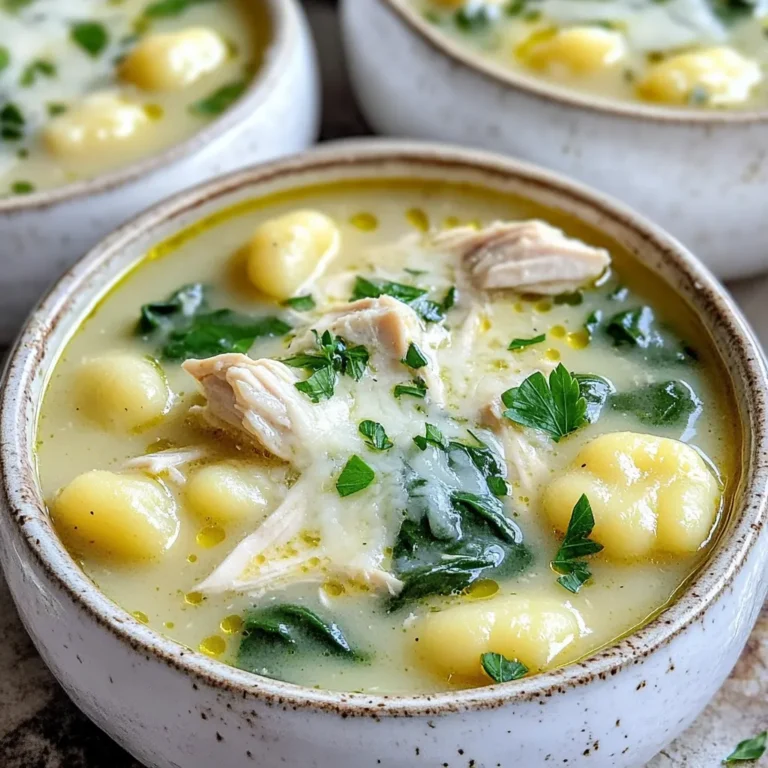 - 2 tablespoons olive oil - 1 onion, diced - 2 cloves garlic, minced - 1 pound boneless, skinless chicken breasts, diced - 4 cups chicken broth - 3 cups baby spinach - 1 cup heavy cream - 1 teaspoon Italian seasoning - 1/2 teaspoon salt - 1/2 teaspoon black pepper - 1 pound potato gnocchi - 1/2 cup freshly grated Parmesan cheese - Fresh parsley, chopped (for garnish) Each ingredient plays a big role. The olive oil adds richness. The onion and garlic give depth. Chicken breasts bring protein and heartiness. Chicken broth is the base for flavor. Baby spinach adds color and nutrients. Heavy cream makes the soup rich and smooth. Italian seasoning blends perfect herbs. Parmesan cheese finishes the dish with a salty kick. You can swap chicken for turkey or tofu. Use vegetable broth for a vegetarian option. Spinach can be replaced with kale or Swiss chard. If you want less fat, try using half-and-half instead of heavy cream. For a gluten-free version, use gluten-free gnocchi. Don't have Parmesan? Use Pecorino Romano or nutritional yeast for a dairy-free option. Start by heating 2 tablespoons of olive oil in a large pot over medium heat. Add 1 diced onion and cook for about 5 minutes. You want it soft and clear. Then, stir in 2 minced garlic cloves and cook for 1 more minute. You will smell the garlic soon! Next, add 1 pound of diced, boneless chicken breasts to the pot. Cook the chicken for 5 to 7 minutes until it turns brown. Stir it often to cook evenly. After that, pour in 4 cups of chicken broth and bring it to a boil. Once the broth boils, lower the heat to a simmer. Now, you can add 1 pound of potato gnocchi to the pot. Cook it according to the package instructions, which is usually about 3 to 5 minutes. After the gnocchi is soft, add 3 cups of baby spinach. Then, pour in 1 cup of heavy cream. Don’t forget to add 1 teaspoon of Italian seasoning, 1/2 teaspoon of salt, and 1/2 teaspoon of black pepper. Stir well until the spinach wilts and the soup is hot. To finish your soup, mix in 1/2 cup of freshly grated Parmesan cheese. Stir until the cheese melts and the soup becomes creamy. Now, taste your soup and see if it needs more seasoning. If it does, adjust it to your liking. Once ready, let it sit for a few minutes before serving. This helps the flavors combine better. Enjoy your creamy one-pot chicken gnocchi soup! To make your soup even better, here are some tips: - Use fresh herbs. Basil or thyme can boost the taste. - Add lemon juice. A splash adds brightness to the soup. - Spice it up. A pinch of red pepper flakes gives heat. - Sauté the chicken well for a nice crust. This adds depth. - Use homemade broth if you can. It enhances the flavor greatly. Avoid these pitfalls for a perfect soup: - Don’t overcook the gnocchi. This makes them mushy. Cook just until they float. - Skip the salt too early. Wait until the end to taste and season. - Overcrowd the pot. Cook in batches if necessary to avoid steaming. - Forget the cheese. It adds creaminess and flavor. Don’t skip it! - Neglect to stir. Keep an eye on the pot to prevent sticking. Make your soup look great with these ideas: - Serve in wide bowls. It looks nice and gives room for toppings. - Garnish with parsley. This adds color and freshness. - Sprinkle extra cheese on top for a rich finish. - Pair with crusty bread. It’s perfect for dipping. - Use a drizzle of olive oil to add sheen and flavor. {{image_2}} To make a vegetarian version, skip the chicken. Use vegetable broth instead of chicken broth. You can add more veggies like carrots and bell peppers. Include some beans for protein. I suggest using mushrooms for a hearty texture. They add a nice umami flavor. You may also try tofu for an extra protein boost. The rest of the recipe stays the same. If you like heat, add red pepper flakes. Start with half a teaspoon. You can always add more later. Another option is to use spicy sausage instead of chicken. It gives a nice kick. You can also add diced jalapeños with the onion. This will make your soup bold and lively. Don't have gnocchi? No problem! You can use pasta instead. Small shapes like shells work well. Cook them as you make the soup. You can also use rice for a different texture. Quinoa is a great gluten-free option. Just add it to the broth and let it cook. Each alternative gives a unique twist to the soup. Enjoy experimenting! You can freeze this soup for later. Cool the soup first. Then, place it in a freezer-safe container. Be sure to leave some space at the top for expansion. Seal it tightly. This soup can last up to three months in the freezer. When you're ready to eat, thaw it in the fridge overnight before reheating. Store leftover soup in the fridge. Use an airtight container for best results. It can stay fresh for about three days. If you notice any separation, just stir it well before serving again. Reheat the soup on the stove for even heating. Use medium heat and stir often. It should only take about 5-10 minutes. If you prefer, you can also use a microwave. Place the soup in a microwave-safe bowl and heat in 1-minute intervals, stirring in between. Make sure it’s hot all the way through before serving. Yes, you can use frozen gnocchi. They cook fast and taste great. Just add them directly to the soup. No need to thaw them first. They will soften and cook in just a few minutes. This soup pairs well with crusty bread or a fresh salad. A simple green salad adds crunch. Garlic bread is great for dipping, too. You can also serve it with a sprinkle of extra cheese on top for extra flavor. The soup lasts about three to four days in the fridge. Store it in an airtight container. If the soup thickens, add a bit of broth when reheating. Always check for freshness before eating. This blog post covered how to make a delicious Chicken Gnocchi Soup. We discussed the key ingredients, their substitutes, and how to create a creamy base. I shared helpful tips, common mistakes to avoid, and serving ideas. You learned variations, storage methods, and answers to common questions. This soup is simple and full of flavor. You can customize it easily to fit your taste. Enjoy making this dish and sharing it with loved ones!
