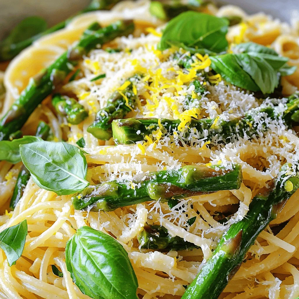 To make this tasty dish, you will need: - 8 oz (about 225g) spaghetti or fettuccine - 1 bunch asparagus, trimmed and cut into 2-inch pieces - 3 tablespoons olive oil - 4 cloves garlic, minced - Zest of 1 lemon - Juice of 1 lemon - 1/4 teaspoon red pepper flakes (optional) - Salt and pepper to taste - 1/2 cup grated Parmesan cheese (or a vegan alternative) - Fresh basil leaves for garnish These ingredients come together to create a bright and flavorful meal. The lemon and garlic give it a fresh taste, while the asparagus adds crunch and color. You can adjust this recipe by adding: - Cherry tomatoes for sweetness - Spinach for more greens - Cooked chicken or shrimp for protein - Nuts like pine nuts for crunch These additions can make the dish your own. Feel free to experiment and find your favorite mix. To complement your Lemon Garlic Asparagus Pasta, try serving: - A simple green salad with vinaigrette - Garlic bread for extra flavor - Steamed vegetables for a healthy boost These sides enhance the meal and make it even more satisfying. Enjoying the pasta with these options makes for a great dining experience! Start by bringing a large pot of salted water to a boil. Add 8 oz of spaghetti or fettuccine. Cook it until it's al dente, about 8-10 minutes. After cooking, save 1 cup of pasta water. This water adds flavor to the dish. Then, drain the pasta in a colander. While the pasta cooks, grab a large skillet. Heat 2 tablespoons of olive oil over medium heat. Add the trimmed asparagus pieces and sauté for 4-5 minutes. Look for them to turn bright green and tender. Next, add 4 cloves of minced garlic and optional red pepper flakes. Sauté for another 1-2 minutes until the garlic smells great. Lower the heat in your skillet. Add the drained pasta to the asparagus and garlic mix. Pour in the zest and juice of 1 lemon and the last tablespoon of olive oil. Toss everything together. If the dish seems dry, add some of the reserved pasta water a little at a time. Season it with salt, pepper, and half of the grated Parmesan cheese. Mix well. Serve right away, topping each plate with more cheese and fresh basil leaves. Enjoy your Lemon Garlic Asparagus Pasta! To get perfectly cooked asparagus, start with fresh, vibrant stalks. Trim off the tough ends. Cut the asparagus into 2-inch pieces for even cooking. Sauté in hot olive oil for about 4-5 minutes. You want them tender yet bright green. If they lose their color, they may be overcooked. You can easily make this recipe fit your needs. For a gluten-free option, swap spaghetti with gluten-free pasta. If you avoid dairy, use a vegan Parmesan cheese. You can also skip cheese altogether for a lighter dish. To add protein, toss in grilled chicken or shrimp. Herbs and spices can elevate your dish. Fresh basil adds a sweet note and brightens the meal. Try adding thyme or oregano for an earthy touch. For more heat, increase red pepper flakes to your liking. A drizzle of balsamic glaze can also deepen the dish's flavor. {{image_2}} To make this dish vegan, swap the Parmesan cheese for a dairy-free alternative. Many brands offer great cheese options made from nuts or soy. Nutritional yeast is another tasty choice, providing a cheesy flavor without dairy. You can also add more lemon juice to enhance the zing. This way, you keep all the flavor while making it suitable for a vegan diet. You can easily add protein to this dish. Cooked chicken or shrimp works well. Simply sauté the protein in the skillet before adding the asparagus. For chicken, use bite-sized pieces. For shrimp, look for medium-sized ones that cook quickly. You can also try chickpeas for a plant-based protein option. They add texture and heartiness to the meal. If you need a gluten-free option, try using gluten-free pasta. Many brands make pasta from rice, quinoa, or chickpeas. These options have a similar texture and taste. You can also use spiralized vegetables like zucchini or carrots for a lighter dish. They are fun and add extra nutrients to your meal. To store leftover Lemon Garlic Asparagus Pasta, let it cool. Place it in an airtight container. It will last in the fridge for up to three days. When ready to eat, check for any changes in smell or color. If you see any signs of spoilage, discard it. You can freeze this pasta dish for later use. First, let it cool completely. Then, transfer it to a freezer-safe bag or container. Squeeze out as much air as you can. Label the bag with the date. It can stay in the freezer for up to three months. When you want to enjoy your leftovers, take them out of the fridge or freezer. For fridge leftovers, heat them in a skillet on medium heat. Add a splash of water or olive oil to help with moisture. Stir until warm. For frozen pasta, let it thaw in the fridge overnight. Then, reheat as you would for fridge leftovers. You can also use the microwave, covering the dish to prevent drying out. Yes, you can add other vegetables! Try bell peppers, cherry tomatoes, or spinach. These veggies cook quickly and add color. Just make sure to cut them small. This way, they mix well with the pasta. Spaghetti or fettuccine works best for this dish. Both types hold the sauce nicely. You can also use whole grain or gluten-free pasta if you prefer. Just cook them according to the package instructions. To spice it up, add more red pepper flakes. You can also use a dash of hot sauce. If you want, try adding chopped fresh chili peppers. Adjust the spice to your taste! Yes, you can make this dish ahead of time. Cook the pasta and veggies, then store in the fridge. When ready to eat, heat it up in a skillet. Add a splash of water to loosen the sauce. Enjoy! Lemon garlic asparagus pasta is a simple dish you can customize. We covered key ingredients, tips for cooking, and fun variations to try. Remember, you can add protein or skip gluten with different pasta. Use these steps to make this meal your own. Enjoy it fresh or save leftovers for later. Cooking should be fun, so experiment and find what you love most!