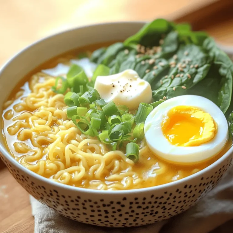 - 2 packs instant ramen noodles - 2 tablespoons miso paste (white or yellow) - 2 tablespoons unsalted butter - 4 cups vegetable broth - 1 teaspoon soy sauce - 1 teaspoon sesame oil - 1 green onion, finely sliced - Sesame seeds for garnish - 1 soft-boiled egg - Fresh spinach or bok choy (a handful) Miso butter ramen is quick and easy to make. You only need a few key ingredients. Instant ramen noodles are a must for a fast meal. Miso paste brings rich flavor. Unsalted butter adds creaminess. Next, gather your additional ingredients. Vegetable broth serves as the base. Soy sauce adds depth. Sesame oil gives a nice aroma. Don't forget the garnishes! Green onion and sesame seeds add freshness and crunch. If you want to make it extra special, consider optional add-ins. A soft-boiled egg adds protein and a lovely texture. Fresh spinach or bok choy gives a touch of green goodness. These choices help make your ramen unique and tasty. 1. First, bring 4 cups of vegetable broth to a boil in a medium pot. 2. Once the broth boils, add the instant ramen noodles. Cook them according to the package instructions, which is usually 3-4 minutes. 1. In a small bowl, take 2 tablespoons of miso paste. Add a few tablespoons of the hot broth to it. 2. Stir this mix until the miso paste dissolves and is smooth. 3. When the noodles are almost done, stir in the dissolved miso mix and 2 tablespoons of unsalted butter into the pot. 4. Mix well until the butter melts and everything is combined. 1. Next, add 1 teaspoon of soy sauce and 1 teaspoon of sesame oil to the pot. Stir well to blend all the flavors. 2. If you want, add a handful of fresh spinach or bok choy. Let it cook for another minute until it wilts. 3. Serve the ramen in bowls. If you like, top it with a soft-boiled egg. Garnish with sliced green onions and sesame seeds for a nice touch. - Achieving the right noodle texture: Cook your instant ramen noodles for about 3-4 minutes. Watch them closely. They should be tender but still slightly firm. This gives a nice bite and texture to your dish. - Importance of ingredient quality: Always use good-quality miso paste and fresh broth. The flavor of your ramen depends on these. Fresh spinach or bok choy also adds more nutrition and taste. - Suggested toppings and spices: Top your ramen with sliced green onions, sesame seeds, or even chili flakes for a kick. A soft-boiled egg adds richness, too. - Adjusting the seasoning levels: Taste your broth before serving. If it needs more salt, add a little soy sauce. Adjust it to your liking, but go slowly. You can always add more, but it’s hard to take it out. - Using quick-cook ingredients: Instant ramen is a great choice. It cooks fast, saving you time. You can also use pre-washed greens to skip washing. - Prepping in advance: Chop your green onions and prepare your egg before cooking. This way, you can focus on cooking and enjoy your meal faster. {{image_2}} You can easily make this ramen plant-based. Use vegetable broth, which is already in the recipe. For the miso, choose white or yellow types since they are usually vegan. Instead of butter, try coconut oil or vegan butter for a rich taste. For added protein, toss in some edamame or chickpeas. Miso paste comes in different types. Each has a unique taste. Try red miso for a stronger flavor or barley miso for a nutty twist. Want some heat? Add chili paste or flakes. Just a pinch can spice things up and make the dish even more exciting. You can switch out the soft-boiled egg for other proteins. Chicken and beef work well. If you use chicken, cook it in the broth for about 10 minutes. For beef, slice it thin and add it for the last few minutes. Tofu is another great option. Just cube it and toss it in for the last minute of cooking. To keep your miso butter ramen fresh, store it in the fridge. Use an airtight container for best results. This helps keep the flavors intact and prevents spoilage. Make sure to cool the ramen first before sealing it. You can enjoy leftovers for up to three days. When you're ready to eat, reheating is key. Use a pot on low heat for even warming. Stir it often so the noodles don’t stick together. You can also microwave it in short bursts. Add a splash of broth to keep it moist. This way, your noodles stay nice and tender. Can you freeze miso butter ramen? Yes, but it’s best to freeze the broth and noodles separately. This helps maintain texture. To freeze, let it cool first. Then, place the broth in one container and the noodles in another. When it's time to eat, thaw in the fridge overnight. Heat the broth on the stove, then add the noodles. Enjoy your ramen like it’s fresh! This meal is quick! It takes about 2 minutes to prep and 8 minutes to cook. That adds up to a total of 10 minutes. You can have a delicious bowl ready in no time. Yes, you can use regular ramen noodles. However, they will take longer to cook. Instant noodles cook in about 3-4 minutes, while regular ones usually need 5-7 minutes. The flavor will change too. Instant ramen has a smoother taste, while regular can be chewier. If you're out of miso paste, you have options. You can use tahini or peanut butter for a different flavor. Soy sauce mixed with a bit of vinegar can also work. Each substitute will give a unique taste to your dish. This recipe can be made gluten-free! Look for gluten-free ramen noodles or rice noodles. For the broth, check that your vegetable broth is gluten-free. This way, you can enjoy a tasty meal that fits your diet. Miso butter ramen combines simple ingredients and easy steps to create a delicious meal. You start with instant noodles, miso paste, and butter. Add vegetable broth, soy sauce, and your choice of garnishes for extra flavor. Remember to adjust the seasoning to fit your taste. Store leftovers well, and reheat carefully to keep the noodles perfect. Experiment with different proteins and veggies for variations. Try this recipe, and enjoy a comforting bowl of ramen any day!