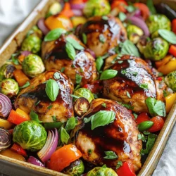 - 4 boneless, skinless chicken breasts - 2 cups mixed bell peppers (red, yellow, green), sliced - 1 medium red onion, sliced - 2 cups Brussels sprouts, halved You will start with chicken breasts. These are lean and cook well. Next, use mixed bell peppers for color and taste. They add sweetness and crunch. The red onion gives a sharp flavor that balances the dish. Brussels sprouts add a great texture and nutrition. - 1/2 cup balsamic vinegar - 1/4 cup honey - 2 tablespoons olive oil - 3 cloves garlic, minced - Salt and pepper to taste For the glaze, balsamic vinegar is key. It adds tang and shine. Honey balances the acidity with sweetness. Olive oil helps the glaze stick and adds richness. Minced garlic gives a punch of flavor. Salt and pepper bring out all the tastes. - Fresh basil You can add fresh basil for a pop of color and fresh taste. It brightens the dish and makes it look fancy. - Preheat the oven to 400°F (200°C). This step is key for even cooking. - In a bowl, whisk together the balsamic vinegar, honey, minced garlic, salt, and pepper. Mix until smooth. This glaze adds a rich flavor to the chicken and veggies. - Layer the chicken breasts in the large baking dish. Pour half of the balsamic glaze over the chicken. Make sure each piece is well coated. - In another bowl, take the sliced bell peppers, red onion, and Brussels sprouts. Drizzle them with olive oil and the remaining glaze. Toss the veggies until they are evenly coated. - Scatter the vegetable mixture around the chicken in the baking dish. Bake in the preheated oven for about 25-30 minutes. The chicken is done when it reaches an internal temperature of 165°F (75°C) and the veggies are tender. - Once baked, remove the dish from the oven. Let it rest for 5 minutes before serving. This helps keep the chicken juicy. You can add fresh basil on top for a nice touch! To cook chicken well, aim for an internal temperature of 165°F (75°C). This ensures the meat is safe to eat and juicy. Use a meat thermometer for accuracy. Let the chicken rest after baking for five minutes. This helps it retain moisture and flavor. For tasty veggies, season them well. Use salt, pepper, and a splash of balsamic glaze before baking. Toss the veggies in olive oil to help the seasoning stick. Cook them until they are tender and slightly caramelized. This adds depth and sweetness to their flavor. To make cleanup easy, line your baking dish with foil. This helps avoid stuck-on food. After cooking, soak pots and pans in hot soapy water. This softens any residue for easy cleaning. Wipe down surfaces with a damp cloth to finish. {{image_2}} You can swap chicken for turkey or tofu. Turkey gives a similar taste and texture. It also cooks well with the balsamic glaze. Tofu is a great choice for a plant-based dish. Use firm tofu for the best results. Press it to remove extra water, then cut into cubes. This helps it absorb flavor better. Feel free to change up the veggies in your dish. Zucchini, asparagus, or carrots work nicely. These veggies add color and crunch. You can also use broccoli or cauliflower for a different twist. Just make sure to cut them into similar sizes. This ensures even cooking and flavor mixing. To make your dish pop, add herbs and spices. Fresh thyme or rosemary pairs well with the glaze. You can also try crushed red pepper for a kick. A pinch of smoked paprika adds depth too. Mix these into the glaze before cooking for a richer taste. Experimenting with flavors keeps meals exciting and unique. To store leftovers, let the dish cool first. Place the chicken and veggies in an airtight container. Make sure to seal it tightly. Store it in the refrigerator. Leftovers will stay fresh for up to three days. Keeping the food in a single layer helps maintain texture. For the best taste, reheat the chicken and veggies in the oven. Preheat your oven to 350°F (175°C). Place the food in a baking dish, cover it with foil, and heat for about 15-20 minutes. This method keeps the chicken juicy and the veggies crisp. You can also use a microwave for quick reheating. Just cover the plate to prevent splatter and heat for 1-2 minutes. Yes, you can freeze Balsamic Glazed Chicken and Veggies. First, let it cool completely. Then, transfer the food to a freezer-safe container. Make sure to remove as much air as possible. Label the container with the date. The dish can stay in the freezer for up to three months. When ready to eat, thaw it overnight in the fridge before reheating. It takes about 45 minutes to cook Balsamic Glazed Chicken. This includes 15 minutes for prep and 30 minutes in the oven. The chicken needs to reach an internal temperature of 165°F. The veggies should be tender and cooked through. This timing works well for both chicken and veggies, ensuring everything cooks perfectly. Yes, you can make this dish ahead of time. You can prep the chicken and veggies a day before. Store them in the fridge with the glaze on them. This lets the flavors mix well. When you are ready, just bake them. This makes meal prep easy and saves time. You can serve Balsamic Glazed Chicken with many sides. Some good options are: - Rice or quinoa for a filling base. - A fresh green salad with a light dressing. - Garlic bread for a crunchy side. - Roasted potatoes for added flavor. These sides will complement the chicken and veggies well, making a tasty meal. You now have all the steps to make delicious Balsamic Glazed Chicken. We covered the key ingredients, from chicken and veggies to the rich balsamic glaze. You learned about cooking methods, storage tips, and ways to change up the recipe. With these insights, you can enjoy a tasty, easy meal any night. Remember, you can always add your favorite flavors. Now, get ready to impress both yourself and your guests with this meal!