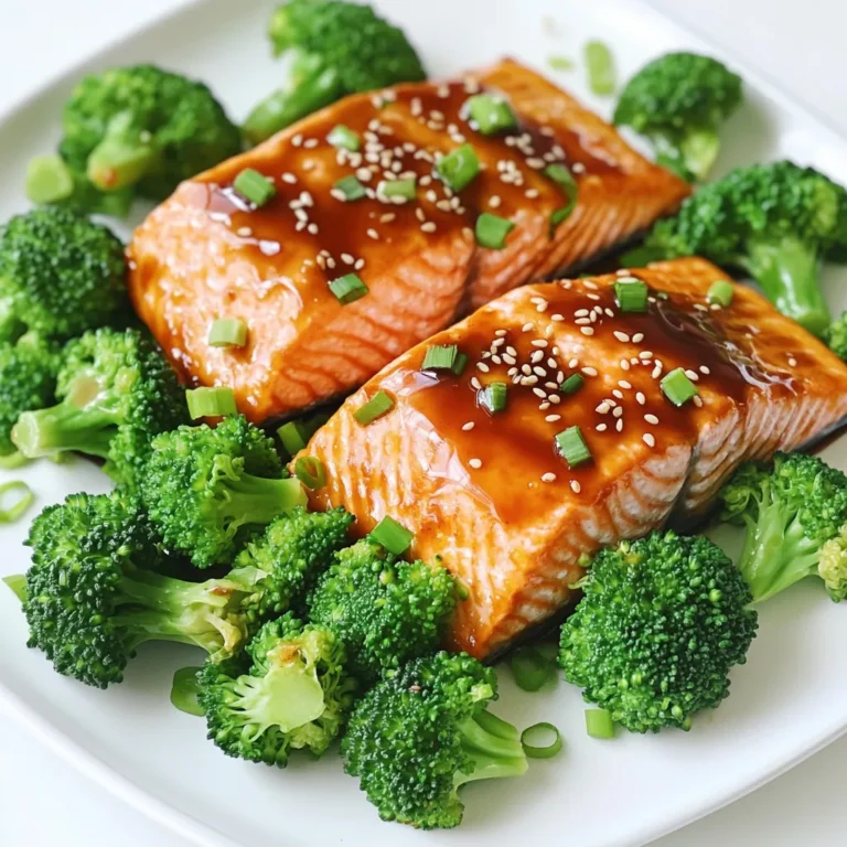 To make Sheet-Pan Teriyaki Salmon with Broccoli, gather these simple ingredients: - 4 salmon fillets - 2 cups broccoli florets - 1/4 cup low-sodium soy sauce - 2 tablespoons honey - 1 tablespoon sesame oil - 2 cloves garlic, minced - 1 teaspoon fresh ginger, grated - 1 tablespoon rice vinegar - 1 tablespoon sesame seeds - 2 green onions, chopped - Salt and pepper to taste Each ingredient plays a key role in the dish. The salmon provides healthy fats and protein. Broccoli adds vitamins and a nice crunch. The teriyaki sauce gives a sweet and savory flavor. You can also adjust the sauce to your taste. Want it sweeter? Add more honey. Prefer it spicier? A dash of red pepper flakes can do wonders. Gather everything before you start cooking. This way, you can move smoothly through each step. Happy cooking! 1. Preheat the oven and prepare the baking sheet Set your oven to 400°F (200°C). This heat will cook the salmon and broccoli just right. Line a baking sheet with parchment paper. This makes for easy cleanup and helps prevent sticking. 2. Whisking the teriyaki sauce In a small bowl, mix the teriyaki sauce. Combine 1/4 cup low-sodium soy sauce, 2 tablespoons honey, 1 tablespoon sesame oil, 2 minced garlic cloves, 1 teaspoon grated ginger, and 1 tablespoon rice vinegar. Whisk until smooth. This sauce adds a sweet and savory flavor. 3. Seasoning the salmon Place 4 salmon fillets on one side of the baking sheet. Sprinkle them with salt and pepper to taste. Pour half of the teriyaki sauce over the salmon. Save the other half for later. This step ensures the salmon will be flavorful and moist. 1. Arranging salmon and broccoli on the baking sheet On the other side of the sheet, spread 2 cups of broccoli florets. Drizzle them with olive oil. Add salt and pepper, then toss to coat. This mix makes the broccoli tasty and crunchy. 2. Baking time and monitoring doneness Bake everything in the preheated oven for 12-15 minutes. Check the salmon to see if it flakes easily with a fork. The broccoli should be tender but still crisp. This timing keeps both ingredients fresh and vibrant. 3. Broiling for caramelization For the last 2 minutes, switch your oven to broil. This step caramelizes the top of the salmon. Keep a close eye on it to prevent burning. This makes your dish look and taste even better. To ensure your salmon is cooked properly, check for flakiness. It should flake easily with a fork. A good rule is to cook it until it reaches an internal temperature of 145°F (63°C). If you have a meat thermometer, use it for accuracy. For crispy broccoli, make sure to spread the florets on the baking sheet in a single layer. This allows the hot air to circulate. Toss them with olive oil and season well. Broil them for the last two minutes for extra crispness. For a stunning meal, serve the salmon and broccoli on a large platter. Place the salmon in the center, surrounded by the bright green broccoli. This creates a lovely contrast. Garnish with sesame seeds and chopped green onions for added texture and flavor. Adding a few lime slices can brighten the dish and add a splash of color. {{image_2}} You can switch the salmon for other proteins. Chicken fillets work well and are easy to cook. Tofu is a great choice for a plant-based meal. Just cut it into slabs and marinate it like the salmon. Instead of broccoli, you have many choices. Bell peppers add a sweet crunch. Snap peas give a nice snap and color. Carrots or asparagus also fit well. Use whatever you have on hand. Want to spice up the teriyaki sauce? You can add chili flakes for heat. A splash of orange juice adds a fruity twist. Try adding a bit of sesame paste for richer flavor. Feel free to experiment with marinades. A miso marinade brings a great depth of flavor. Or try a simple garlic and soy mix. You can even use a store-bought sauce if you’re short on time. Just make sure it matches your taste! To keep your teriyaki salmon and broccoli fresh, store them properly. Place leftovers in an airtight container. This helps maintain flavor and texture. Use glass or BPA-free plastic containers. These types are great for keeping food fresh longer. Let the dish cool completely before sealing. This prevents moisture build-up inside the container. Store leftovers in the fridge for up to three days. When reheating, keep the salmon juicy and the broccoli crisp. Use the oven for the best results. Preheat the oven to 350°F (175°C). Place the salmon and broccoli on a baking sheet. Cover with foil to retain moisture. Heat for about 10 minutes or until warmed through. You can also use a microwave. Heat in short bursts of 30 seconds. Check to avoid overcooking. If you want to save leftovers, freeze them. Wrap the salmon and broccoli tightly in plastic wrap. Then, place them in a freezer-safe bag. This helps avoid freezer burn. You can freeze them for up to three months. When ready to eat, thaw overnight in the fridge. Reheat as mentioned above to enjoy a tasty meal again. How to tell when salmon is fully cooked? Salmon is done when it flakes easily with a fork. The inside should be a light pink color. An internal temperature of 145°F is ideal. Use a food thermometer for accuracy. Can I use frozen salmon for this recipe? Yes, you can use frozen salmon. Just thaw it in the fridge overnight before cooking. This will help it cook evenly. You may need a few extra minutes in the oven. What can I serve alongside this dish? You can serve rice or quinoa for carbs. A fresh salad adds crunch and color. Steamed carrots or snap peas also pair well with teriyaki salmon. Is teriyaki sauce gluten-free? Most teriyaki sauces contain soy sauce, which has gluten. Look for gluten-free soy sauce or teriyaki sauce in stores. Some brands offer gluten-free options. Can I prepare this dish in advance? Yes, you can prep the salmon and broccoli ahead of time. Marinate the salmon in the sauce for up to an hour. Store it in the fridge until you’re ready to bake. What is the nutritional information for this recipe? Each serving has about 300 calories. It provides protein from salmon and vitamins from broccoli. This dish is low in carbs and rich in healthy fats. This post covered a simple and tasty way to cook salmon and broccoli. You learned about the key ingredients, step-by-step preparation, and baking methods. We also shared tips for great results and ways to customize the dish. Finally, we provided advice on storing leftovers and reheating them. I hope you feel ready to try this recipe. Enjoy a delicious, healthy meal that is easy to prepare!
