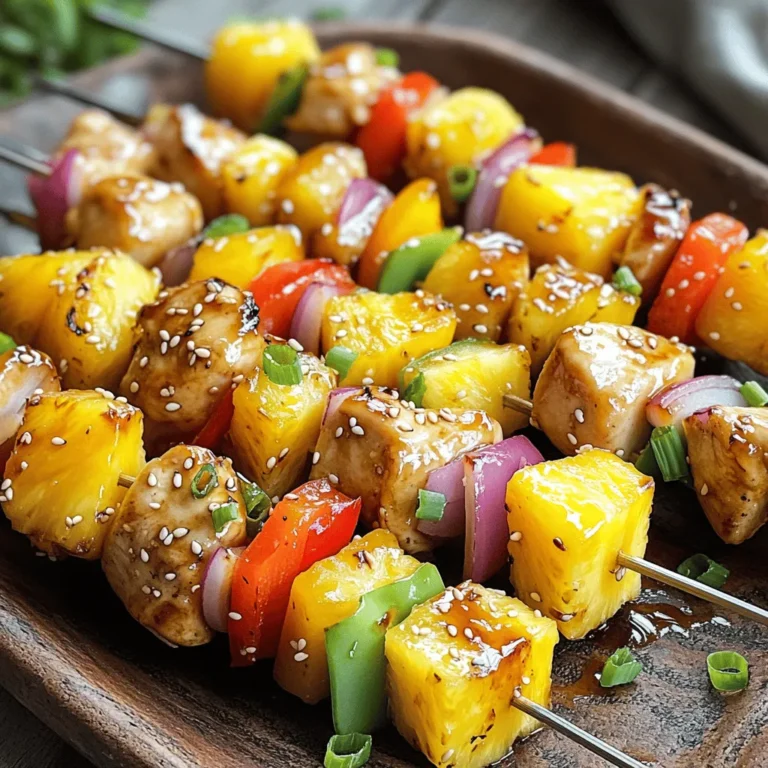- 1 lb (450g) chicken breast, cut into 1-inch cubes - 1 cup fresh pineapple, cut into 1-inch cubes - 1 bell pepper (red or yellow), cut into 1-inch pieces - 1 small red onion, cut into wedges The main ingredients make this dish shine. Chicken breast offers lean protein, while fresh pineapple brings sweetness. The bell pepper adds crunch, and the red onion gives a nice bite. Together, they create a colorful and tasty skewer. - ½ cup teriyaki sauce (store-bought or homemade) - 2 tablespoons honey - 1 tablespoon sesame oil - 1 teaspoon garlic powder - Salt and pepper to taste The marinade is key for flavor. Teriyaki sauce offers a rich, savory taste. Honey adds sweetness, balancing the saltiness. Sesame oil adds a nutty note, while garlic powder gives it depth. Salt and pepper round out the flavors, making each bite delicious. - Wooden or metal skewers - Soaking wooden skewers for grilling You can choose between wooden and metal skewers. Metal skewers are reusable and heat up fast. Wooden skewers need soaking for 30 minutes. Soaking helps prevent burning on the grill. Choose what you like best for your skewers! Start by mixing the marinade in a bowl. Combine the teriyaki sauce, honey, sesame oil, garlic powder, salt, and pepper. Stir until smooth. Cut chicken breast into 1-inch cubes and add them to the bowl. Make sure each piece is well coated. Cover the bowl and place it in the fridge. For the best flavor, let the chicken marinate for 1 to 2 hours. If you're short on time, 30 minutes will still work. While the chicken marinates, preheat your grill to medium-high heat. This helps to sear the chicken and lock in flavors. If you use wooden skewers, soak them in water for about 30 minutes. This step prevents the skewers from burning on the grill. After marinating, it’s time to assemble the skewers. Start by threading a piece of chicken onto the skewer. Follow with a cube of pineapple, then a piece of bell pepper, and a wedge of red onion. Repeat this pattern. Not only does this look great, but it also keeps the flavors mixed. Place the skewers on the grill. Cook for about 12 to 15 minutes. Turn them occasionally to ensure even cooking. Use a meat thermometer to check the chicken's internal temperature. It should reach 165°F (75°C). Be careful not to overcook, as this can make the chicken tough. In the last 2 to 3 minutes of grilling, brush the skewers with extra teriyaki sauce. This adds a nice glaze and boosts the flavor. Once done, remove the skewers from the grill. Let them rest for a few minutes before serving. This helps the juices settle, making each bite tender and juicy. To avoid overcooked chicken, use a meat thermometer. The chicken should reach 165°F (75°C). This keeps it juicy and tender. If you grill too long, the chicken can dry out. For the best grilling methods, I recommend outdoor grilling for smoky flavor. However, if you don’t have a grill, indoor grilling works well too. A grill pan on the stove can give good results. To spice things up, try adding fresh herbs like cilantro or basil. These herbs brighten the dish and add freshness. You can also add a pinch of red pepper flakes for heat. If you want to switch up the sauce, consider using a sweet chili sauce or a honey mustard blend. These alternatives can add a unique twist to your skewers. For garnishing, sprinkle sesame seeds and chopped green onions on top. This adds color and crunch. You can also serve the skewers on a large platter for a beautiful display. Pair the skewers with steamed rice or a crisp salad. These sides balance the flavors and make your meal complete. {{image_2}} You can swap chicken for shrimp or tofu in this recipe. Shrimp cooks fast and has a nice sweet taste. Use raw shrimp, and marinate it just like the chicken. If tofu is your choice, pick firm tofu and press it to remove water. Cut it into cubes, then marinate. Both options bring great flavor. Feel free to get creative with your veggie choices. Instead of bell pepper, try zucchini or mushrooms. Cherry tomatoes add sweetness, while broccoli adds crunch. You can mix and match your favorites. Just remember to cut all veggies to the same size for even cooking. You can make a homemade teriyaki sauce if you want a personal touch. Combine ½ cup soy sauce, ¼ cup brown sugar, ¼ cup water, and 1 tablespoon cornstarch. Heat this mix until it thickens. For a spicy kick, add sriracha or red pepper flakes. This way, you can customize your skewers to fit your taste. To keep your teriyaki chicken pineapple skewers fresh, store them right. Place any leftovers in an airtight container. If you let them cool first, they will taste better later. Refrigerate them within two hours of cooking. These skewers can stay good in the fridge for up to three days. When it's time to enjoy your leftovers, avoid drying them out. The best way to reheat skewers is in the oven. Preheat the oven to 350°F (175°C). Place the skewers on a baking sheet and cover them with foil. Heat for about 10 to 15 minutes. You can also use a microwave. Just add a splash of water to keep them moist. Heat them for about 1 minute and check if they are warm. If you want to save skewers for later, freezing is a great option. First, let the cooked skewers cool completely. Wrap each skewer tightly in plastic wrap. Then, place them in a freezer bag or container. Label the bag with the date. These skewers can last up to three months in the freezer. When you're ready to eat, thaw them in the fridge overnight. Reheat as mentioned before for a tasty meal! You can marinate chicken for at least 30 minutes. For the best taste, I suggest 1 to 2 hours. This gives the chicken time to soak in the flavors of the teriyaki sauce and spices. Yes, you can use canned pineapple. However, fresh pineapple tastes better. Canned pineapple adds sweetness but may be softer than fresh. If using canned, drain it well before adding to the skewers. The internal temperature for cooked chicken should reach 165°F (75°C). Use a meat thermometer to check. This ensures the chicken is safe to eat and remains juicy. To make teriyaki sauce, mix ½ cup soy sauce, ¼ cup brown sugar, 2 tablespoons rice vinegar, and 1 tablespoon sesame oil. Heat these in a pan until the sugar dissolves. Add garlic and ginger for more flavor. Yes, you can cook these skewers in the oven. Preheat your oven to 400°F (200°C). Place the skewers on a baking sheet and bake for 15 to 20 minutes, turning halfway through. Make sure the chicken is cooked to the right temperature. In this blog post, we explored how to make delicious chicken skewers. We covered key ingredients like chicken breast, pineapple, and bell pepper. I shared tips for marinating, grilling, and storing leftovers. Remember, your grilling experience can be enhanced with spices and herbs. Feel free to swap proteins or veggies for fun variations. Enjoy these skewers with family and friends for a tasty meal. Happy grilling!