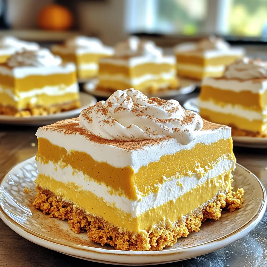 - 2 cups pumpkin puree - 16 oz cream cheese, softened - 1 cup powdered sugar - 1 teaspoon vanilla extract - 1 teaspoon ground cinnamon - 1/2 teaspoon ground nutmeg - 1/4 teaspoon ground ginger - 1 cup heavy whipping cream - 1 package (14 oz) graham crackers - Whipped cream, for topping - Ground cinnamon, for garnish Measuring ingredients correctly is key for this dessert. Use dry measuring cups for the pumpkin puree and powdered sugar. For cream cheese, scoop out the amount you need and level it off. When measuring the heavy cream, use a liquid measuring cup. These small steps ensure the best results. You can make some swaps if needed. For a lighter version, use low-fat cream cheese. If you want it sweeter, add more powdered sugar. For a dairy-free option, try a plant-based cream cheese and coconut cream instead of heavy cream. You can also replace graham crackers with digestive biscuits or even chocolate cookies for a fun twist. First, grab a large mixing bowl. Add 16 oz of softened cream cheese and 1 cup of powdered sugar. Beat these together with an electric mixer. Mix until it is smooth and creamy. Next, add in 2 cups of pumpkin puree, 1 teaspoon of vanilla extract, 1 teaspoon of ground cinnamon, 1/2 teaspoon of ground nutmeg, and 1/4 teaspoon of ground ginger. Keep mixing until everything is well combined. In a separate bowl, whip 1 cup of heavy cream until stiff peaks form. Gently fold this whipped cream into the pumpkin mixture. This keeps it light and fluffy. Now, let’s build the cake! Take a 9x13 inch baking dish and lay down a layer of graham crackers at the bottom. Spread a layer of your pumpkin cheesecake mixture over the crackers. Smooth it out evenly. Repeat this layering process. You should have about 3 layers of graham crackers and 3 layers of the cheesecake filling. For the top layer, make sure it’s the pumpkin cheesecake mixture. This will give a nice finish to your cake. Once you have layered everything, cover the dish with plastic wrap. Place it in the fridge for at least 4 hours. You can also leave it overnight for best results. This chilling time helps the flavors mix well and sets the cake. When you are ready to serve, add whipped cream on top and sprinkle some ground cinnamon for a perfect touch. Whipping cream is key for a light, fluffy texture. Start with cold heavy cream. Use a clean mixing bowl to keep the cream from settling. Beat on medium speed until soft peaks form. This means the cream should hold a shape but still be smooth. If you want stiff peaks, keep mixing until the cream stands tall. Be careful not to overbeat, or it will turn into butter. The texture of your cheesecake filling matters. Mix the cream cheese until it is very smooth. This helps the filling blend well. When adding whipped cream, fold gently. Folding means you scoop from the bottom and lift it up. This keeps air in, making your cake light. Aim for a creamy yet airy filling. It should not be too thick or runny. For a beautiful look, slice the icebox cake into neat squares. Use a sharp knife for clean cuts. Serve each piece on a plate with a dollop of whipped cream on top. Sprinkle a little ground cinnamon for color and flavor. Adding a tiny piece of pumpkin pie spice makes it look fancy. You can also add festive decorations like edible leaves or small pumpkins for fun. Enjoy the smiles when you serve this dish! {{image_2}} You can change up the taste of your pumpkin cheesecake icebox cake by adding spices. Try using allspice or cardamom for a new twist. You can also increase the cinnamon if you love its warm flavor. Each spice adds its own special touch to the cake. For chocolate lovers, a chocolate pumpkin icebox cake is a fun choice. Just mix cocoa powder into the cream cheese filling. Use chocolate graham crackers instead of regular ones. This will give you a deep chocolate flavor. It pairs well with the pumpkin, making it rich and tasty. If you need a gluten-free version, swap the graham crackers. You can use gluten-free cookies or homemade gluten-free crust. Make sure to check the labels on your ingredients. Most cream cheese and heavy cream are gluten-free. This way, everyone can enjoy this creamy dessert! To keep your Pumpkin Cheesecake Icebox Cake fresh, cover it tightly with plastic wrap. You can also use an airtight container for better protection. Store it in the fridge. This will keep it cool and tasty for days. You can freeze this cake if you want to save some for later. First, slice it into squares. Then wrap each square in plastic wrap. Place the wrapped pieces in a freezer-safe bag. Label the bag with the date and freeze. This way, you can enjoy a slice anytime. In the fridge, the icebox cake lasts about 3 to 5 days. If you freeze it, it can stay good for about 1 to 2 months. Just remember, the longer it sits, the more the texture may change. Enjoy it fresh for the best taste! Yes, you can prepare Pumpkin Cheesecake Icebox Cake a day or two in advance. This dessert tastes even better after chilling. The flavors blend nicely when it sits. Just cover it well with plastic wrap. Keep it in the fridge until you are ready to serve. I love serving this cake with a few tasty sides. Try these options for a fun twist: - Fresh whipped cream adds a light touch. - A drizzle of caramel sauce gives it sweetness. - Add a scoop of vanilla ice cream for creaminess. - A sprinkle of chopped nuts adds crunch. These sides enhance the flavors and make your dessert special. Absolutely! While graham crackers are classic, you can use other types. Some great options include: - Digestive biscuits for a different flavor. - Shortbread cookies for a rich, buttery taste. - Vanilla wafers for a sweet touch. Each type of cracker will give your dessert a unique twist! This post covered how to make a delicious pumpkin cheesecake icebox cake. We discussed the key ingredients, how to mix and chill the layers, and tips for the best results. You now know about variations like gluten-free and chocolate options. Plus, I shared storage tips to keep your cake fresh. Remember, this dessert is easy and fun to make. Enjoy creating your own tasty version and impress your friends with your skills!