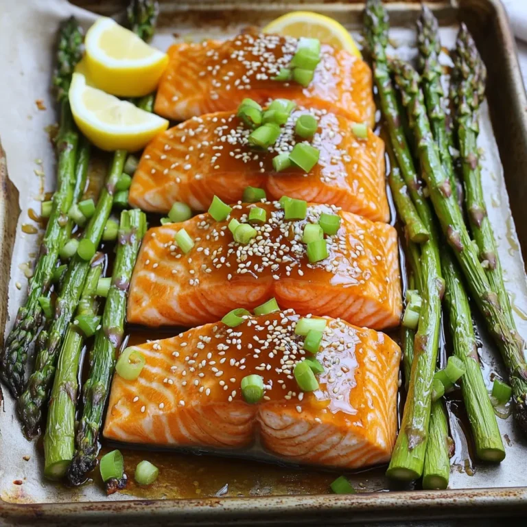 - 4 salmon fillets (about 6 oz each) - 1 bunch of asparagus, trimmed - 1/4 cup honey - 3 tablespoons soy sauce - 3 cloves garlic, minced - 1 tablespoon fresh ginger, grated - 2 tablespoons olive oil - Salt and pepper to taste - 1 tablespoon sesame seeds (for garnish) - 2 green onions, finely chopped (for garnish) Gathering the right ingredients is key for great flavor. The salmon fillets take center stage. They’re rich in omega-3s and cook nicely. Fresh asparagus adds a nice crunch and a pop of color. For the marinade, honey brings sweetness. Soy sauce adds saltiness. Garlic and ginger give a warm kick. These flavors blend really well. They will soak into the salmon and asparagus. Don’t forget the olive oil! It helps the asparagus roast perfectly. Salt and pepper are simple but vital. They bring out the natural taste of the fish and veggies. For the final touch, sesame seeds add crunch. Green onions give a fresh bite. They make your dish look great too! With these ingredients, you're ready to make a delicious meal. 1. Preheat your oven to 400°F (200°C). A hot oven helps cook the salmon and asparagus evenly. 2. Line your baking sheet with parchment paper. This makes cleaning up easy later. 1. In a small bowl, whisk together 1/4 cup honey, 3 tablespoons soy sauce, 3 cloves garlic (minced), and 1 tablespoon fresh ginger (grated). This mixture is sweet and savory. 2. Place the 4 salmon fillets on one side of the baking sheet. Season them with a pinch of salt and pepper. 1. On the other side of the baking sheet, arrange 1 bunch of trimmed asparagus. Drizzle 2 tablespoons olive oil over the asparagus. Season with salt and pepper and toss to coat. 2. Pour half of the honey garlic mixture over the salmon. Keep the other half for later. 3. Bake everything in the preheated oven for 12-15 minutes. The salmon should flake easily when done. The asparagus will be tender. 4. In the last 2-3 minutes, take the pan out and drizzle the remaining sauce over the salmon. This adds a nice glaze. 5. Once done, take the pan out and garnish the salmon with 1 tablespoon sesame seeds and 2 chopped green onions. 6. Serve hot with lemon wedges for a fresh taste. Enjoy your dish! How do I check for doneness? To check if your salmon is done, look for the color. It should turn from translucent to opaque. Use a fork to see if it flakes easily. This means it is ready to eat. What if my fillets are thicker? If your salmon fillets are thicker than 1 inch, you may need to adjust the cook time. Add an extra 2-3 minutes for thicker pieces. Always check the center to ensure it is cooked through. How should I serve the dish? You can serve the salmon and asparagus right on the sheet pan. This gives a nice, rustic look. Or, plate each fillet and asparagus separately for a more elegant touch. What can I use for garnishing? Garnish your dish with sesame seeds and chopped green onions. They add a nice crunch and color. You can also serve lemon wedges on the side for extra flavor. {{image_2}} You can change the veggies in this dish. Broccoli or green beans work well. They add a nice crunch and flavor. You can also try bell peppers for a pop of color. Each option brings its own taste. If you want to switch the fish, consider using trout or cod. Both cook well and pair nicely with the honey garlic sauce. Trout has a rich taste, while cod is mild and flaky. These swaps keep the meal fresh and exciting. To kick up the taste, add spices. A pinch of red pepper flakes can give heat. You might also add smoked paprika for a deep flavor. These small changes can make a big impact. Citrus adds brightness, too. Squeeze fresh lemon or lime juice over the dish. This adds zing and balances the sweetness of the honey. You can also zest the citrus for extra flavor. These enhancements make your meal more vibrant and delicious. After enjoying your honey garlic salmon and asparagus, you may have leftovers. Store them in the fridge. Make sure to place them in an airtight container. This helps keep them fresh. Use glass or BPA-free plastic containers. They work well and won't stain or retain odors. For best taste, eat the leftovers within two days. To reheat the salmon, the oven is best. Preheat it to 350°F (175°C). Place the salmon on a baking sheet. Cover it with foil to keep it moist. Heat for about 10 minutes or until warm. For the asparagus, the stovetop works well. Heat a pan over medium heat. Add a bit of olive oil. Toss the asparagus for a few minutes. This keeps them crispy and tasty. Enjoy your meal again! How to know when salmon is fully cooked? Salmon is done when it flakes easily with a fork. The color should change from bright pink to a pale, opaque hue. You can also check the internal temperature. It should reach 145°F (63°C). This ensures the fish is safe to eat and still juicy. Can I use frozen salmon for this recipe? Yes, you can use frozen salmon. Just be sure to thaw it completely. This helps the marinade soak in better. You can thaw the salmon in the fridge overnight or use the defrost setting on your microwave. Caloric content per serving Each serving of honey garlic salmon and asparagus has about 350 calories. This includes the salmon, asparagus, and the marinade. This dish is a healthy choice for dinner. Health benefits of salmon and asparagus Salmon is rich in omega-3 fatty acids, which are good for your heart. It also has protein and vitamin D. Asparagus is high in fiber and vitamins A, C, and K. Together, they make a tasty and healthy meal. Can this be made in an air fryer? Yes, you can make this dish in an air fryer. Set the air fryer to 400°F (200°C) and cook for 8-10 minutes. Check the salmon to make sure it's cooked through. The asparagus will cook quickly, so keep an eye on it. Options for gluten-free soy sauce If you need a gluten-free option, try tamari. It has a similar flavor to soy sauce. You can also use coconut aminos as a soy-free choice. Both will work well in this recipe. This post covers a simple and tasty recipe for baked salmon with asparagus. You learned about the key ingredients, a step-by-step cooking process, and helpful tips. I also shared variations to suit your taste and storage info for leftovers. In conclusion, cooking can be easy and enjoyable. Don’t hesitate to try new flavors and make this dish your own. Your kitchen can be a fun place to explore healthy meals. Happy cooking!