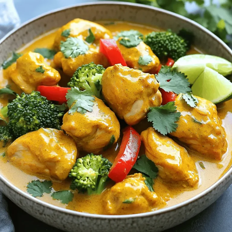 - 1.5 lbs boneless, skinless chicken thighs - 1 can (14 oz) coconut milk - 2 tablespoons red curry paste - 1 cup chicken broth - 1 tablespoon fish sauce (or soy sauce for a vegetarian option) - 1 red bell pepper, sliced - 1 cup broccoli florets - 1 small onion, chopped - 3 cloves garlic, minced - 1 tablespoon ginger, minced - 1 tablespoon brown sugar - 1 teaspoon turmeric - Salt and pepper to taste - Fresh cilantro, for garnish - Lime wedges, for serving The key to this dish starts with the chicken. I use 1.5 lbs of boneless, skinless chicken thighs. They stay juicy and tender during cooking. The coconut milk is the next step. One 14 oz can adds richness and creaminess. For flavor, I mix in 2 tablespoons of red curry paste. It packs a nice punch without being too spicy. I always add 1 cup of chicken broth for depth. If you prefer, swap the fish sauce for soy sauce to keep it vegetarian. Fresh vegetables bring life to the dish. A sliced red bell pepper and a cup of broccoli florets add color and crunch. I also use one small onion, chopped, and three minced garlic cloves for aroma. One tablespoon of minced ginger gives a fresh kick. Finally, I use one tablespoon of brown sugar to balance the flavors. One teaspoon of turmeric adds a warm hue. I season with salt and pepper to taste. For garnish, fresh cilantro brightens the dish, while lime wedges add a zesty finish. - Cut chicken thighs into bite-sized pieces. - Season with salt and pepper. Start by cutting the chicken thighs into small pieces. This helps them cook evenly. Next, sprinkle salt and pepper over the chicken. This adds basic flavor and makes every bite tasty. - Whisk together coconut milk, red curry paste, chicken broth, fish sauce, brown sugar, and turmeric. In a bowl, mix coconut milk and red curry paste. Then add chicken broth and fish sauce. Don't forget the brown sugar and turmeric! Whisk until all the ingredients blend well. This mixture creates a rich and creamy curry base. - Place onion, garlic, and ginger in slow cooker. - Add seasoned chicken, then pour curry mixture over. - Top with red bell pepper and broccoli without stirring. Now, grab your slow cooker. First, add the chopped onion, minced garlic, and ginger. These ingredients add depth to your dish. Next, place the seasoned chicken on top. Carefully pour the curry mixture over it all. Finally, add the sliced red bell pepper and broccoli. Do not stir; it helps keep the flavors separate. - Cover and cook on low for 6-7 hours or high for 3-4 hours. - Check for tenderness of chicken. Cover your slow cooker. Cook on low for 6-7 hours or high for 3-4 hours. Check the chicken for tenderness. It should be juicy and easy to pull apart with a fork. - Taste and adjust seasoning. - Garnish with cilantro and serve with lime wedges. Once cooking is done, taste your curry. You can add more salt, pepper, or lime juice if needed. Serve the curry in bowls. Top with fresh cilantro for a burst of flavor. Add lime wedges on the side to squeeze over the dish. Enjoy! - Recommended cooking times for best results: For tender chicken, cook on low for 6-7 hours or high for 3-4 hours. Always check the chicken for doneness before serving. - How to adjust spice levels: To make it milder, use less red curry paste. You can add coconut milk to balance the heat if it gets too spicy. - Suggested side dishes that pair well: Serve this dish with steamed rice or quinoa. Naan bread is also a great option. - Optional toppings and garnishes for added flavor: Fresh cilantro adds a nice touch. Lime wedges brighten the dish and enhance the flavors. - Best practices for cleaning your slow cooker: Let it cool before cleaning. Use warm, soapy water with a soft cloth. Avoid harsh scrubbers to protect the non-stick surface. - Tips for prolonging the lifespan of your slow cooker: Always avoid using metal utensils inside. Store it unplugged in a dry place. Regularly check the cord for any damage. {{image_2}} You can easily make this dish vegetarian. Just swap the chicken for tofu or chickpeas. Tofu adds a nice texture. It absorbs all the great flavors from the curry. Use firm tofu for the best results. For chickpeas, use canned ones for ease. Rinse and drain them before adding to the slow cooker. Both options will give you a hearty meal. Feel free to change the veggies based on the season. In spring, add snap peas or asparagus. In summer, try zucchini or bell peppers. Fall is great for carrots or sweet potatoes. Winter can include kale or cauliflower. These changes keep the dish fresh and exciting. Plus, you get the benefits of seasonal produce. If you need a gluten-free version, check your sauces. Fish sauce is often gluten-free, but always read the label. You can substitute soy sauce with tamari, which is gluten-free. Ensure your curry paste is also gluten-free. This way, you can enjoy the dish without worry. Enjoy a tasty meal that fits your dietary needs. After enjoying your slow cooker coconut curry chicken, let it cool first. Place the leftovers in an airtight container. You can store it in the fridge for up to three days. Make sure to seal it well to keep it fresh. When you're ready to eat, the flavors will be just as tasty! To freeze the curry, follow these steps: First, let it cool completely. Then, transfer the curry into freezer-safe bags or containers. Remove as much air as possible to prevent freezer burn. You can freeze it for up to three months. When you want to enjoy it again, just pull it out of the freezer! To reheat, take the curry from the fridge or freezer. If frozen, let it thaw overnight in the fridge. Heat it on the stove over low heat, stirring often. If you prefer the microwave, use a microwave-safe bowl and heat in short bursts, stirring in between. Make sure it's hot all the way through before serving! Yes, you can make this recipe ahead of time. Slow cooker coconut curry chicken tastes even better the next day. To batch cook, prepare the dish and let it cool. Store it in an airtight container in the fridge for up to three days. You can also freeze it for up to three months. Just defrost it in the fridge before reheating. Absolutely! You can use chicken breasts, pork, or shrimp. For a vegetarian twist, substitute with tofu or chickpeas. Adjust the cooking time based on the protein you choose. Chicken cooks in 6-7 hours on low, while shrimp takes about 30 minutes on high. To add heat, stir in sliced jalapeños or red pepper flakes. You can also increase the amount of red curry paste. Start with a little, then taste as you go. Remember, you can always add more heat, but you can’t take it away! Yes, this recipe is great for meal prep! It packs well in containers. Just divide the curry into individual servings. Pair it with rice or quinoa for a complete meal. Store it in the fridge for easy lunches or dinners throughout the week. This blog discussed an easy slow cooker coconut curry chicken recipe. We covered the key ingredients, from chicken and coconut milk to fresh veggies. The step-by-step instructions simplify cooking, ensuring tender chicken every time. I shared tips to enhance flavors and ideas for variations, like vegetarian options. Proper storage and reheating tips help keep leftovers tasty. Making this dish is simple, and anyone can do it. Enjoy your delicious meal and experiment with the ingredients!