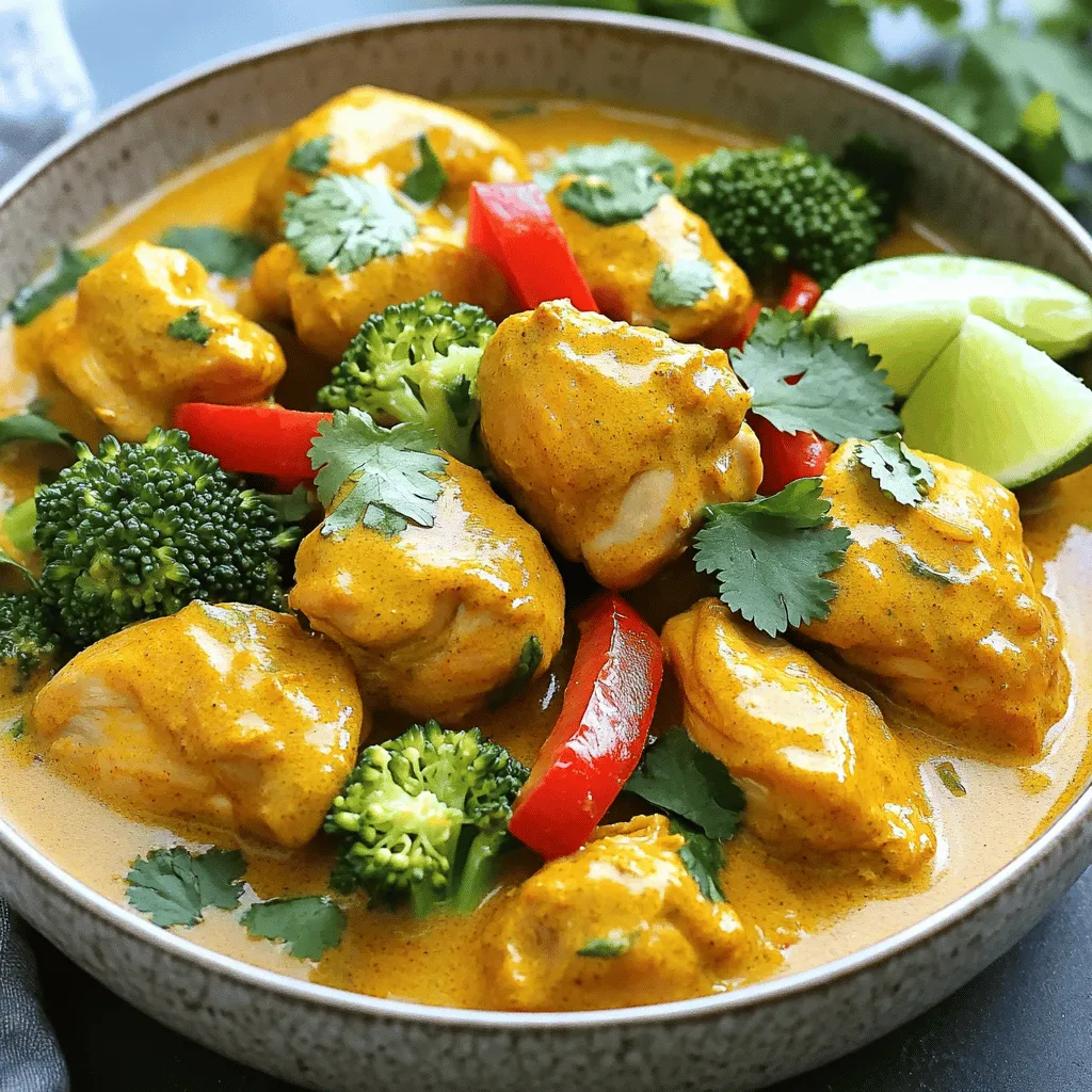 - 1.5 lbs boneless, skinless chicken thighs - 1 can (14 oz) coconut milk - 2 tablespoons red curry paste - 1 cup chicken broth - 1 tablespoon fish sauce (or soy sauce for a vegetarian option) - 1 red bell pepper, sliced - 1 cup broccoli florets - 1 small onion, chopped - 3 cloves garlic, minced - 1 tablespoon ginger, minced - 1 tablespoon brown sugar - 1 teaspoon turmeric - Salt and pepper to taste - Fresh cilantro, for garnish - Lime wedges, for serving The key to this dish starts with the chicken. I use 1.5 lbs of boneless, skinless chicken thighs. They stay juicy and tender during cooking. The coconut milk is the next step. One 14 oz can adds richness and creaminess. For flavor, I mix in 2 tablespoons of red curry paste. It packs a nice punch without being too spicy. I always add 1 cup of chicken broth for depth. If you prefer, swap the fish sauce for soy sauce to keep it vegetarian. Fresh vegetables bring life to the dish. A sliced red bell pepper and a cup of broccoli florets add color and crunch. I also use one small onion, chopped, and three minced garlic cloves for aroma. One tablespoon of minced ginger gives a fresh kick. Finally, I use one tablespoon of brown sugar to balance the flavors. One teaspoon of turmeric adds a warm hue. I season with salt and pepper to taste. For garnish, fresh cilantro brightens the dish, while lime wedges add a zesty finish. - Cut chicken thighs into bite-sized pieces. - Season with salt and pepper. Start by cutting the chicken thighs into small pieces. This helps them cook evenly. Next, sprinkle salt and pepper over the chicken. This adds basic flavor and makes every bite tasty. - Whisk together coconut milk, red curry paste, chicken broth, fish sauce, brown sugar, and turmeric. In a bowl, mix coconut milk and red curry paste. Then add chicken broth and fish sauce. Don't forget the brown sugar and turmeric! Whisk until all the ingredients blend well. This mixture creates a rich and creamy curry base. - Place onion, garlic, and ginger in slow cooker. - Add seasoned chicken, then pour curry mixture over. - Top with red bell pepper and broccoli without stirring. Now, grab your slow cooker. First, add the chopped onion, minced garlic, and ginger. These ingredients add depth to your dish. Next, place the seasoned chicken on top. Carefully pour the curry mixture over it all. Finally, add the sliced red bell pepper and broccoli. Do not stir; it helps keep the flavors separate. - Cover and cook on low for 6-7 hours or high for 3-4 hours. - Check for tenderness of chicken. Cover your slow cooker. Cook on low for 6-7 hours or high for 3-4 hours. Check the chicken for tenderness. It should be juicy and easy to pull apart with a fork. - Taste and adjust seasoning. - Garnish with cilantro and serve with lime wedges. Once cooking is done, taste your curry. You can add more salt, pepper, or lime juice if needed. Serve the curry in bowls. Top with fresh cilantro for a burst of flavor. Add lime wedges on the side to squeeze over the dish. Enjoy! - Recommended cooking times for best results: For tender chicken, cook on low for 6-7 hours or high for 3-4 hours. Always check the chicken for doneness before serving. - How to adjust spice levels: To make it milder, use less red curry paste. You can add coconut milk to balance the heat if it gets too spicy. - Suggested side dishes that pair well: Serve this dish with steamed rice or quinoa. Naan bread is also a great option. - Optional toppings and garnishes for added flavor: Fresh cilantro adds a nice touch. Lime wedges brighten the dish and enhance the flavors. - Best practices for cleaning your slow cooker: Let it cool before cleaning. Use warm, soapy water with a soft cloth. Avoid harsh scrubbers to protect the non-stick surface. - Tips for prolonging the lifespan of your slow cooker: Always avoid using metal utensils inside. Store it unplugged in a dry place. Regularly check the cord for any damage. {{image_2}} You can easily make this dish vegetarian. Just swap the chicken for tofu or chickpeas. Tofu adds a nice texture. It absorbs all the great flavors from the curry. Use firm tofu for the best results. For chickpeas, use canned ones for ease. Rinse and drain them before adding to the slow cooker. Both options will give you a hearty meal. Feel free to change the veggies based on the season. In spring, add snap peas or asparagus. In summer, try zucchini or bell peppers. Fall is great for carrots or sweet potatoes. Winter can include kale or cauliflower. These changes keep the dish fresh and exciting. Plus, you get the benefits of seasonal produce. If you need a gluten-free version, check your sauces. Fish sauce is often gluten-free, but always read the label. You can substitute soy sauce with tamari, which is gluten-free. Ensure your curry paste is also gluten-free. This way, you can enjoy the dish without worry. Enjoy a tasty meal that fits your dietary needs. After enjoying your slow cooker coconut curry chicken, let it cool first. Place the leftovers in an airtight container. You can store it in the fridge for up to three days. Make sure to seal it well to keep it fresh. When you're ready to eat, the flavors will be just as tasty! To freeze the curry, follow these steps: First, let it cool completely. Then, transfer the curry into freezer-safe bags or containers. Remove as much air as possible to prevent freezer burn. You can freeze it for up to three months. When you want to enjoy it again, just pull it out of the freezer! To reheat, take the curry from the fridge or freezer. If frozen, let it thaw overnight in the fridge. Heat it on the stove over low heat, stirring often. If you prefer the microwave, use a microwave-safe bowl and heat in short bursts, stirring in between. Make sure it's hot all the way through before serving! Yes, you can make this recipe ahead of time. Slow cooker coconut curry chicken tastes even better the next day. To batch cook, prepare the dish and let it cool. Store it in an airtight container in the fridge for up to three days. You can also freeze it for up to three months. Just defrost it in the fridge before reheating. Absolutely! You can use chicken breasts, pork, or shrimp. For a vegetarian twist, substitute with tofu or chickpeas. Adjust the cooking time based on the protein you choose. Chicken cooks in 6-7 hours on low, while shrimp takes about 30 minutes on high. To add heat, stir in sliced jalapeños or red pepper flakes. You can also increase the amount of red curry paste. Start with a little, then taste as you go. Remember, you can always add more heat, but you can’t take it away! Yes, this recipe is great for meal prep! It packs well in containers. Just divide the curry into individual servings. Pair it with rice or quinoa for a complete meal. Store it in the fridge for easy lunches or dinners throughout the week. This blog discussed an easy slow cooker coconut curry chicken recipe. We covered the key ingredients, from chicken and coconut milk to fresh veggies. The step-by-step instructions simplify cooking, ensuring tender chicken every time. I shared tips to enhance flavors and ideas for variations, like vegetarian options. Proper storage and reheating tips help keep leftovers tasty. Making this dish is simple, and anyone can do it. Enjoy your delicious meal and experiment with the ingredients!