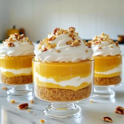 To make these pumpkin cheesecake mousse cups, you will need: - 1 cup canned pumpkin puree - 8 oz cream cheese, softened - 1/2 cup powdered sugar - 1 teaspoon vanilla extract - 1 teaspoon ground cinnamon - 1/2 teaspoon ground nutmeg - 1/4 teaspoon ground ginger - 1 cup heavy cream - 1/2 cup graham cracker crumbs - 2 tablespoons melted butter - Whipped cream (for topping) - Crushed pecans or walnuts (for garnish) These ingredients create a rich, creamy, and flavorful dessert. Each one plays a key role. The pumpkin puree gives the mousse its classic flavor, while cream cheese adds creaminess. You can customize your mousse cups with these optional ingredients: - Maple syrup for added sweetness - Ground cloves for extra spice - Dark chocolate shavings for a rich finish - Caramel sauce for a sweet drizzle Feel free to adjust these according to your taste. Mixing in different spices can make each batch unique. Gather these tools before you start: - Mixing bowls - Electric mixer - Measuring cups and spoons - Rubber spatula - Serving cups (clear glass works best) - Whisk - Small bowl for mixing crumbs These tools will help you create the perfect mousse cups. Having everything ready makes cooking much easier and more fun. To start, grab a mixing bowl. Add 1 cup of canned pumpkin puree, 8 ounces of softened cream cheese, and 1/2 cup of powdered sugar. Next, pour in 1 teaspoon of vanilla extract. Then, sprinkle in 1 teaspoon of ground cinnamon, 1/2 teaspoon of ground nutmeg, and 1/4 teaspoon of ground ginger. Now, use an electric mixer to beat everything together. Mix until it becomes smooth and creamy. This blend creates the rich base for your mousse. In another bowl, pour in 1 cup of heavy cream. Use a mixer to whip the cream until you see stiff peaks. This means it holds its shape well. Be gentle when folding this whipped cream into the pumpkin mixture. Use a spatula to carefully combine them. You want to keep the air in the whipped cream. This step makes the mousse fluffy and light. Now, let’s build our mousse cups. Take a small bowl and mix 1/2 cup of graham cracker crumbs with 2 tablespoons of melted butter. Stir this until the crumbs are coated. Start by adding a layer of this crumb mixture to the bottom of each serving cup. Then, spoon a layer of the pumpkin cheesecake mousse on top. Repeat this step to make a second layer of crumbs and mousse. Finish with a layer of mousse on the top. Once your mousse cups are assembled, place them in the refrigerator. Chill for at least 2 hours. This helps the flavors blend and the mousse set nicely. When you're ready to serve, take each cup out and add a dollop of whipped cream on top. For a lovely crunch, sprinkle crushed pecans or walnuts over the whipped cream. Serve these in clear cups to highlight the pretty layers. You can also drizzle some honey or maple syrup for an extra sweet touch! One common mistake is overmixing the pumpkin mixture. You want it smooth but not too airy. Another mistake is not chilling the mousse long enough. This step is key for the right texture. Don’t skip the whipped cream folding. If you mix too hard, you may lose that light feel. Lastly, avoid using warm cream cheese. It should be soft, but not warm. To get that light and airy texture, whip the cream well. You want stiff peaks, which means it should stand up straight. When folding the whipped cream into the pumpkin mixture, use a gentle motion. This keeps the air in the cream. Mix until just combined. This way, you keep the mousse fluffy and creamy. For a stunning look, use clear glass cups. They let you show off those beautiful layers. A drizzle of honey or maple syrup on top adds a nice touch. For garnish, a dollop of whipped cream looks great. Sprinkle crushed pecans or walnuts for crunch. You can also add a sprinkle of cinnamon on top. These little details make your mousse cups shine. {{image_2}} You can change the flavors in pumpkin cheesecake mousse cups. Try adding chocolate or caramel. For a spicy kick, mix in some cayenne pepper. You can also swap pumpkin for sweet potato or butternut squash. Each option gives a unique twist to this dessert. To make gluten-free mousse cups, use gluten-free graham crackers. Many brands offer options that are safe for all diets. Check the label to be sure. You can also create a nut crust using crushed almonds or walnuts mixed with melted butter. This crust adds a nice crunch! For a vegan version, use coconut cream instead of heavy cream. You can find vegan cream cheese at many stores. Replace powdered sugar with maple syrup or agave nectar for sweetness. Ensure your graham crackers are vegan-friendly. These swaps keep the mousse creamy and delicious! To keep your pumpkin cheesecake mousse cups fresh, cover them tightly. Use plastic wrap or a lid. Store them in the fridge. This helps maintain their creamy texture. Avoid placing them near strong-smelling foods. They can absorb those odors. If stored correctly, mousse cups will last about three days. After that, their quality may decline. The mousse can start to separate. The graham cracker layer may become soggy too. Enjoy them within that time frame for the best taste. You can freeze mousse cups for a later treat. First, cover them well with plastic wrap or foil. Place them in a freezer-safe container. They can last up to one month in the freezer. When ready to eat, move them to the fridge overnight. This will help them thaw slowly and keep their texture. Yes, you can use fresh pumpkin. First, roast or steam the pumpkin until it's soft. Then, blend it until smooth. You need about 1 cup of fresh puree. This will give your mousse a fresh and vibrant taste. To make the mousse less sweet, reduce the powdered sugar. Start with 1/3 cup instead of 1/2 cup. You can also add a pinch of salt. This helps balance the sweetness and enhances the flavors. Taste as you go to find your perfect level of sweetness. The best toppings are whipped cream and crushed nuts. Whipped cream adds a light touch. Crushed pecans or walnuts give a nice crunch. You can also drizzle honey or maple syrup for extra sweetness. A sprinkle of cinnamon on top looks great too! You learned how to create delicious pumpkin cheesecake mousse. We covered the key ingredients, steps, and helpful tips. I shared ways to customize the flavor and adapt the recipe to your needs. You also discovered storage tips and answered common questions. Now, it’s time to enjoy your sweet treats. Experiment with variations and share them with friends. Your pumpkin cheesecake mousse will impress everyone at the table. Happy cooking!