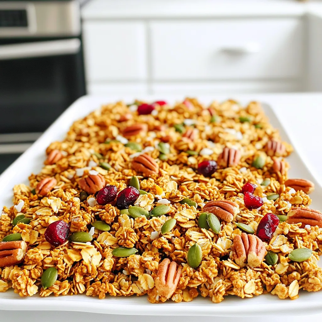 - 2 cups rolled oats - 1 cup chopped pecans - 1/2 cup pumpkin seeds - 1/2 cup unsweetened shredded coconut - 1 cup canned pumpkin puree - 1/4 cup maple syrup - 1/4 cup melted coconut oil - 1 teaspoon vanilla extract - 1 teaspoon pumpkin pie spice - 1/2 teaspoon salt - Optional: 1/2 cup dried cranberries or raisins You need rolled oats as the base for this granola. They add fiber and texture. Chopped pecans bring a nutty taste and crunch. Pumpkin seeds add healthy fats and a bit of protein. Unsweetened shredded coconut gives a hint of sweetness and chewiness. Canned pumpkin puree is the star of this recipe. It makes the granola moist and adds a rich pumpkin flavor. Maple syrup adds sweetness and a touch of caramel flavor. Melted coconut oil helps bind everything together and gives a lovely taste. Vanilla extract enhances the flavors in your granola. Pumpkin pie spice adds warmth and depth, making it feel like fall. Salt balances the sweetness, making each bite more delicious. You can add dried fruits like cranberries or raisins for extra sweetness. They also add a nice chew and a pop of color. This mix of ingredients makes your granola not only tasty but also healthy. First, preheat your oven to 350°F (175°C). This step is key for even baking. Next, line a large baking sheet with parchment paper. The paper keeps the granola from sticking. It also makes cleanup easier. In a large mixing bowl, add 2 cups of rolled oats, 1 cup of chopped pecans, and 1/2 cup of pumpkin seeds. Then, toss in 1/2 cup of unsweetened shredded coconut, 1 teaspoon of pumpkin pie spice, and 1/2 teaspoon of salt. Mix well until all the dry ingredients are combined. In a separate bowl, whisk together 1 cup of canned pumpkin puree, 1/4 cup of maple syrup, 1/4 cup of melted coconut oil, and 1 teaspoon of vanilla extract. Make sure the mixture is smooth and well blended. This mix adds moisture and flavor to the granola. Pour the pumpkin mixture over the dry ingredients. Stir it all together until every piece is coated. Spread the granola mixture evenly on your lined baking sheet. Bake in the preheated oven for about 20-25 minutes. Stir halfway through to help it bake evenly. You want it golden brown and fragrant. After baking, remove the granola from the oven and let it cool completely. This step is important for getting nice clusters. If you want, mix in 1/2 cup of dried cranberries or raisins once it cools. When it’s cool, break the granola into clusters. Store your tasty snack in an airtight container. It keeps well for fresh snacking! To make your granola just right, focus on the texture. Mix the dry ingredients well. This helps each oat get coated and toasty. For a chewier granola, add a little more pumpkin puree. If you want it sweeter, increase the maple syrup. Taste your mixture before baking to find the right balance. Baking evenly is key to good granola. Spread the mixture thinly on the baking sheet. Stir it halfway through baking. This helps it brown nicely and prevents burning. Keep an eye on the granola. It can go from golden to burnt quickly. You can enjoy this granola in many ways. Serve it with yogurt or pour milk over it. Add fresh fruit or nuts for extra flavor and crunch. You can also grab it as a snack on its own. Store it in an airtight container for freshness. {{image_2}} Pecans bring a rich, buttery taste to pumpkin pecan granola. However, you can switch them out for other nuts. Almonds add a nice crunch. Walnuts give a deeper flavor. You can even try cashews for a creamy touch. Pumpkin seeds also offer a great texture and extra nutrients. Mix and match to find your favorite nut combo! Maple syrup is a classic choice for sweetness. Yet, there are other tasty options. Honey adds a floral note and works well. Agave syrup is a lighter option with a mild flavor. If you prefer no sugar, mashed banana can sweeten your granola naturally. Each sweetener adds its own twist, so feel free to experiment! Spices can elevate your granola's taste. Cinnamon and nutmeg pair perfectly with pumpkin. For a spicy kick, try adding ginger or cardamom. You can also toss in a handful of dark chocolate chips for a sweet touch. Dried fruits like cranberries or raisins can add a chewy texture. Get creative and make the flavor your own! To keep your pumpkin pecan granola fresh, use an airtight container. This helps keep moisture out. Store the container in a cool, dry place. Avoid places with sunlight or heat. A pantry shelf works well. You can also use glass jars or plastic containers. These options will help maintain crunchiness. When stored properly, this granola lasts about two weeks. You’ll enjoy the best flavor and texture in this time. After two weeks, it may start to lose its crunch and flavor. If you notice any changes, it's best to discard it. Always check for any signs of spoilage before eating. You can freeze your granola to extend its shelf life. To freeze, first let it cool completely. Then, place it in a freezer-safe bag or container. Squeeze out as much air as possible. This helps prevent freezer burn. It can stay fresh in the freezer for up to three months. When you're ready to eat, thaw it in the fridge overnight before enjoying. Yes, you can use other grains. Quinoa, barley, or brown rice work well. Just make sure they are cooked or rolled. Each grain will add a different taste and texture. You might need to adjust the baking time. Absolutely! To make this granola gluten-free, use certified gluten-free oats. Most other ingredients are already gluten-free. Check labels on maple syrup and coconut products to ensure they meet gluten-free standards. You can swap coconut oil for other oils. Olive oil or canola oil are great options. Melted butter also works well if you prefer a richer flavor. Just keep in mind that it may change the taste slightly. To make fewer servings, reduce the ingredient amounts. Cut everything in half for four servings. Use a smaller baking sheet or adjust baking time. Just check for the same golden color to ensure it cooks well. Yes, canned pumpkin is safe to use. It adds moisture and flavor. Make sure it is pure pumpkin puree, not pumpkin pie filling. This keeps your granola healthy and tasty. This blog post gave you a clear guide to making pumpkin granola. We covered ingredients, step-by-step instructions, helpful tips, variations, and storage methods. Remember, you can swap nuts and sweeteners to fit your taste. Whether you enjoy it with yogurt or as a snack, this granola is a tasty choice. Storing it well keeps it fresh for longer. Try this recipe and customize it for your needs. It’s easy, fun, and rewarding. Happy baking!