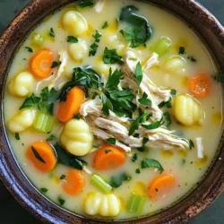 - 1 lb boneless, skinless chicken breasts - 1 tablespoon olive oil - 1 medium onion, diced - 3 cloves garlic, minced - 3 carrots, sliced - 3 celery stalks, sliced - 4 cups low-sodium chicken broth - 1 teaspoon dried thyme - 1 teaspoon dried oregano - Salt and pepper to taste For this soup, I start with the heart of the dish: the chicken. I choose boneless, skinless chicken breasts for tenderness. They cook well and shred easily. I add olive oil to give a nice flavor to the soup. Next, I include diced onion and minced garlic for sweet and savory notes. Carrots and celery bring color and crunch. They soften as they cook, adding depth to the soup. I pour in low-sodium chicken broth, which forms the base. Dried thyme and oregano give warmth and earthiness. I finish with salt and pepper to balance all the flavors perfectly. - 2 cups baby spinach - 1 package (16 oz) gnocchi - 1 cup heavy cream - Fresh parsley, chopped (for garnish) For garnishes and add-ins, I love to stir in baby spinach. It wilts nicely and adds nutrition. Gnocchi is the star here, providing a soft, chewy texture. I add heavy cream for richness, making the soup creamy and smooth. Finally, I sprinkle fresh parsley on top. It brightens the dish and adds a pop of color. Each ingredient plays a role in creating a warm, satisfying meal. To start, heat one tablespoon of olive oil in a skillet over medium heat. Add one medium onion, diced. Sauté it until it turns translucent, which takes about five minutes. Next, stir in three cloves of minced garlic. Cook this mixture for one more minute until it smells really nice. Now, layer the cooked onion and garlic into your slow cooker. On top of that, add three sliced carrots and three sliced celery stalks. Finally, place one pound of boneless, skinless chicken breasts right on top. Pour in four cups of low-sodium chicken broth. Sprinkle in one teaspoon each of dried thyme and oregano. Don't forget to add salt and pepper to taste. Cover your slow cooker and set it to cook on low for six to seven hours, or on high for three to four hours. You want the chicken to be fully cooked and tender. When your timer goes off, take the chicken out and shred it using two forks. This will make it easy to mix back into the soup. Now, return the shredded chicken to the slow cooker and stir in one package of gnocchi. Let everything cook on high for an additional thirty minutes. This allows the gnocchi to become tender and fluffy. When the gnocchi are ready, reduce the heat to low. Stir in one cup of heavy cream and two cups of baby spinach. Cook this for five more minutes until the spinach wilts and the soup is heated through. Serve your soup hot, and for a nice touch, garnish it with chopped fresh parsley. Enjoy your cozy bowl of chicken gnocchi soup! To get the best soup, adjust the cooking time based on your slow cooker. If you are short on time, cook on high for 3 to 4 hours. For a richer flavor, cook on low for 6 to 7 hours. You can swap the chicken for turkey or tofu for a different taste. If you want a lighter soup, use low-fat cream or milk. Add more veggies like zucchini or bell peppers for extra nutrition. This soup pairs well with crusty bread or a fresh salad. A side of garlic bread adds a nice touch, too. For garnishes, fresh parsley brightens the dish. You can also sprinkle some grated Parmesan cheese on top for extra flavor. A squeeze of lemon adds freshness that balances the creaminess. {{image_2}} You can change the chicken in this soup. Try using ground turkey or shredded tofu. These swaps keep the dish hearty and tasty. Each protein gives a new twist. You can also switch up the veggies. Instead of carrots and celery, add peas, corn, or even zucchini. These choices bring fresh flavors and colors. You can use any veggies you love. To give the soup more taste, add spices or herbs. A pinch of paprika or red pepper flakes adds warmth. Fresh herbs like basil or dill can lift the flavor too. If you want a creamier soup, turn it into a chowder. Add more cream and some diced potatoes. This makes the soup rich and filling. You can tailor it to your taste. Enjoy the fun of creating your own version! You can store leftovers in the fridge for up to four days. Place the soup in an airtight container. When you want to reheat, pour it into a pot over medium heat. Stir it often until it is hot. You can also use the microwave. Heat it in short intervals, stirring between each. To freeze the soup, let it cool completely. Then, pour it into freezer bags or containers. Make sure to remove as much air as possible. You can freeze it for up to three months. To thaw, move the soup from the freezer to the fridge for a night. When ready to reheat, warm it on the stove or microwave. Stir in a bit of extra broth if it seems thick. Enjoy your warm, comforting bowl of soup! Can I use frozen gnocchi? Yes, you can use frozen gnocchi. Just add them to the slow cooker around 30 minutes before serving. This way, they will cook perfectly. How can I make this soup gluten-free? To make this soup gluten-free, use gluten-free gnocchi. You can find these at most grocery stores. Also, check the chicken broth label to ensure it's gluten-free. Can I prepare ingredients in advance? Yes, you can prep the ingredients ahead of time. Chop the veggies and store them in the fridge. You can even season the chicken and store it in a bag. This saves time on busy days. How to adjust the recipe for larger servings? To make more soup, simply double the ingredients. Use a larger slow cooker if you have one. Just make sure to adjust the cooking time slightly if needed. This blog post covered a comforting soup made with chicken, veggies, and gnocchi. We discussed the key ingredients, cooking steps, and helpful tips to make it perfect. You learned about variations, storage, and how to adapt the recipe. This dish is not just tasty; it’s flexible for many diets. Enjoy cooking this soup, and experiment with your favorite add-ins. With practice, you’ll make a meal everyone will love. Your kitchen will become a place of warmth and joy.