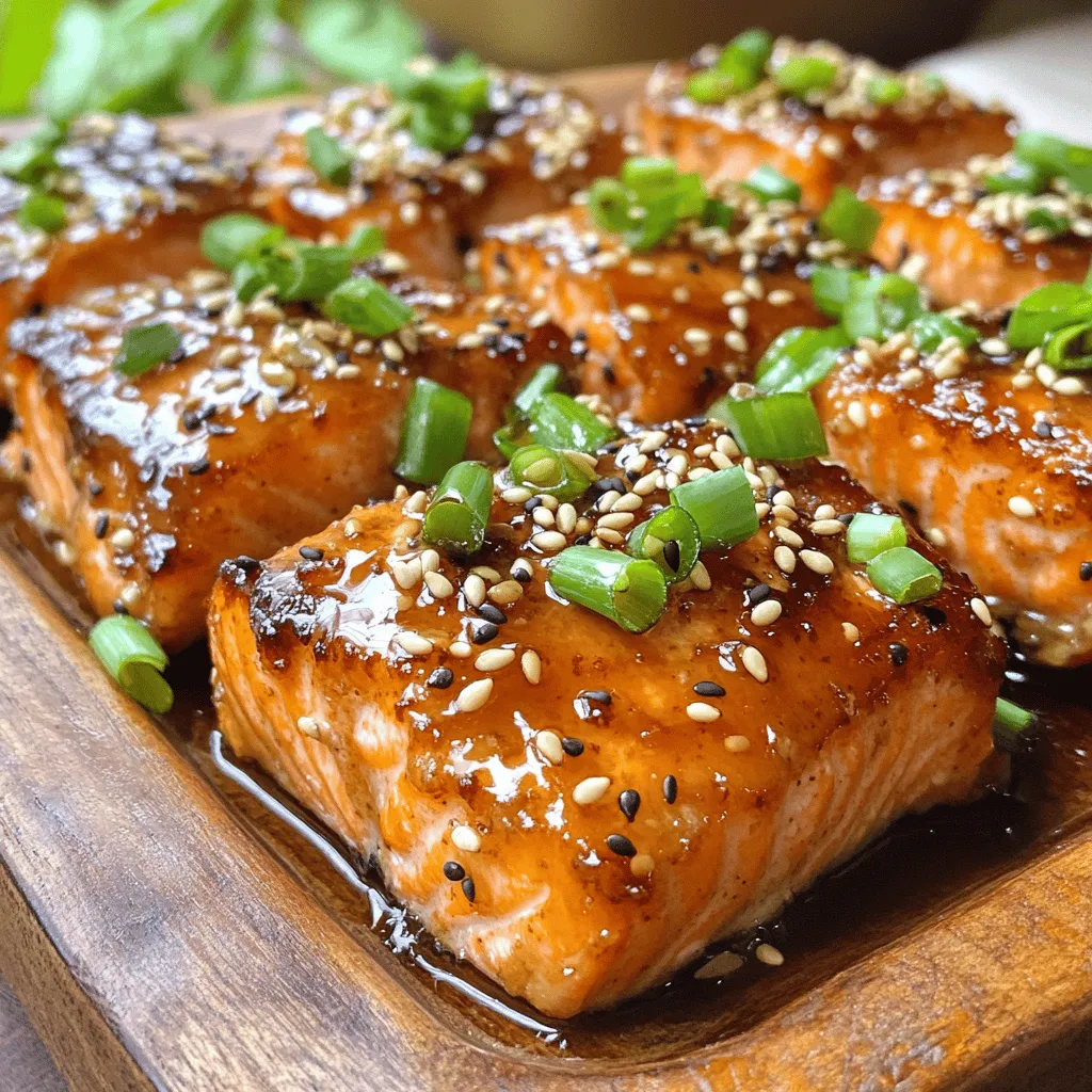 For this honey garlic salmon bites recipe, you need the following: - 1 lb fresh salmon fillet, skinless and boneless - 2 tablespoons honey - 3 tablespoons soy sauce (low sodium) - 2 cloves garlic, minced - 1 teaspoon fresh ginger, grated - 2 tablespoons olive oil - Salt and pepper to taste - 1 tablespoon sesame seeds - 2 green onions, chopped for garnish If you don’t have some ingredients, here are a few substitutes: - Salmon: Use trout or tilapia for a different flavor. - Honey: Maple syrup works well for a vegan option. - Soy Sauce: Tamari sauce is a great gluten-free choice. - Olive Oil: Canola oil or avocado oil can replace olive oil. - Garlic: Garlic powder can be used if you lack fresh garlic. - Ginger: Ground ginger is a good alternative if fresh is not available. Choosing the right salmon is key for tasty bites: - Look for bright color: Fresh salmon should have a vibrant pink or orange hue. - Check the smell: It should smell like the ocean, not fishy. - Inspect the texture: Fresh salmon feels firm and bounces back when pressed. - Avoid browning: Look for salmon without any brown spots or discoloration. - Source wisely: Buy from a reputable fishmonger or market to ensure quality. To start, take a fresh salmon fillet. Cut it into small cubes. Aim for 1-inch pieces. This size helps them cook evenly. Next, pat the salmon dry with a paper towel. This step removes extra moisture. Then, lightly season the cubes with salt and pepper. This adds a nice base flavor. Now, let’s make the marinade. Grab a mixing bowl. Add 2 tablespoons of honey. Then, pour in 3 tablespoons of low sodium soy sauce. Next, add 2 cloves of minced garlic. Don’t forget about the fresh ginger! Grate 1 teaspoon and add it in. Whisk all these ingredients together until they blend well. The mix should be smooth and fragrant. Once your salmon is ready and marinated, it’s time to cook. Heat 2 tablespoons of olive oil in a large skillet over medium-high heat. Take the salmon out of the marinade. Let any extra marinade drip off. Reserve some marinade for later. Add the salmon cubes to the skillet in a single layer. Cook for about 2-3 minutes on each side. Look for a golden brown color and check if they’re cooked through. As you near the end of cooking, pour the reserved marinade into the skillet. This adds extra flavor and helps thicken the sauce. Once done, remove the skillet from heat. Finish by sprinkling sesame seeds and chopped green onions on top. You’ll have a delicious dish ready to enjoy! To get a great sear on your salmon bites, start with a hot pan. Heat your olive oil over medium-high heat. After patting the salmon dry, place the cubes in the skillet in a single layer. Avoid crowding them; give them space to brown. Cook for about 2-3 minutes on each side. Watch for a golden color. This means they are getting that perfect sear you want. You can boost the flavor of your honey garlic salmon bites in a few ways. First, let the salmon marinate longer. Two hours gives better flavor than thirty minutes. Second, add some red pepper flakes to the marinade for a hint of heat. Lastly, add fresh herbs like cilantro or basil right before serving. These small changes can make a big difference. These salmon bites are great for many occasions. Serve them as an appetizer or a main dish. Pair them with rice or a fresh salad for a full meal. Garnish with sesame seeds and green onions for a nice touch. You can also drizzle extra honey on top for sweetness. Enjoy these bites warm for the best taste! {{image_2}} You can switch up the marinade for new tastes. Try using maple syrup instead of honey for a different sweetness. You can also add lime juice for a zesty kick. If you want heat, mix in some sriracha or chili flakes. These options keep the dish fun and fresh. While pan-searing is great, you can also grill or bake the salmon bites. For grilling, skewer the salmon cubes to make them easy to handle. Cook them on medium heat for about 2-3 minutes per side. Baking works well too; just place the salmon on a lined baking sheet at 400°F for about 12-15 minutes. Each method gives a unique flavor and texture. You can serve honey garlic salmon bites at many events. For casual gatherings, pair them with toothpicks for easy snacking. At a dinner party, serve them on a platter with rice or a fresh salad. If it's game day, offer them with some spicy dipping sauce. These bites fit perfectly for any occasion! To keep your honey garlic salmon bites fresh, place them in an airtight container. Ensure the container is properly sealed to avoid air exposure. You can store them in the fridge for up to three days. If you want to enjoy them later, consider freezing. When you’re ready to eat your leftovers, you can reheat them easily. Place the salmon bites in a skillet over medium heat. Add a splash of water or a little olive oil to keep them moist. Heat for about 3-5 minutes, turning gently. You can also use the microwave. Heat in 30-second bursts, checking often to avoid overcooking. If you want to save salmon bites for later, freezing is a great option. Allow the cooked salmon bites to cool completely. Then, lay them on a baking sheet in a single layer. Freeze for about 1-2 hours until firm. After that, transfer them to a freezer bag. Make sure to press out as much air as possible. They can stay frozen for up to three months. When ready to eat, thaw in the fridge overnight before reheating. Yes, you can use frozen salmon. Just make sure to thaw it first. To thaw, place it in the fridge overnight. If you're in a hurry, you can also use cold water. Keep the salmon in its package and submerge it in cold water for about an hour. Once thawed, dry the salmon well before cutting or marinating. This helps the flavors stick better. To add heat, you can mix in red pepper flakes. Start with a pinch and taste, then adjust as needed. You can also add sriracha or hot sauce to the marinade. If you like fresh heat, try adding finely chopped jalapeños. Just remember to balance the spice with the sweetness of the honey. Honey garlic salmon bites go well with many sides. Try serving them with steamed rice or quinoa for a filling meal. A fresh salad with greens and a tangy dressing pairs nicely too. You can also enjoy them with roasted veggies, like broccoli or asparagus. These sides bring out the flavors of the salmon beautifully. This article covered all you need for salmon bites. We discussed key ingredients, tasty substitutes, and ways to choose fresh salmon. I shared easy steps for preparation, marinade, and cooking. You learned tips for a perfect sear and flavor boosts. I also provided variations, storage info, and answers to common questions. Enjoy making these salmon bites for any occasion. With these tips, you can impress your family and friends.