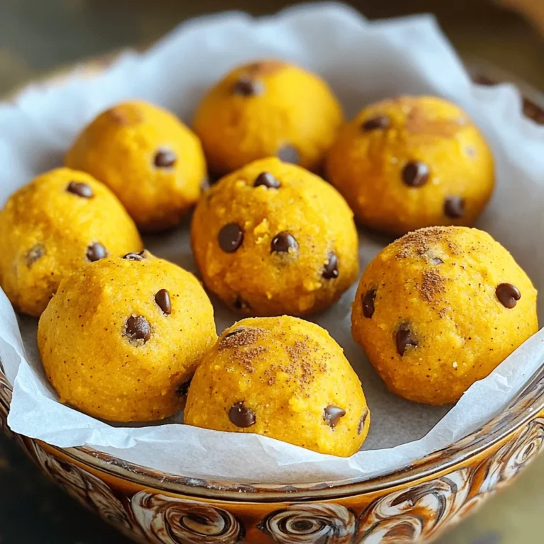 To make these no-bake pumpkin spice cookie dough bites, gather these simple items: - 1 cup rolled oats - 1/2 cup almond flour - 1/2 cup pumpkin puree - 1/4 cup maple syrup - 1 teaspoon vanilla extract - 1 teaspoon pumpkin spice mix - 1/4 teaspoon sea salt - 1/2 cup mini chocolate chips (or dairy-free chocolate chips, if preferred) This list gives you all the flavors you need to craft these tasty bites. If you need swaps, you can easily modify the recipe. Here are some ideas: - Rolled oats: Use quick oats or ground oats if you don’t have rolled oats. - Almond flour: Try coconut flour or regular flour if you prefer. - Pumpkin puree: Use sweet potato puree for a different taste. - Maple syrup: Honey or agave syrup works well too. - Chocolate chips: Replace them with dried fruit or nuts for added crunch. These swaps help you tailor the recipe to your taste or diet. Using fresh, high-quality ingredients makes a big difference. It enhances flavor and texture. For example, fresh pumpkin puree adds rich taste. Good maple syrup brings a natural sweetness. Quality chocolate chips melt perfectly and create a sweet surprise in every bite. Investing in good ingredients ensures your no-bake pumpkin spice cookie dough bites are tasty and satisfying. You want flavors to shine through, and this starts with what you use. To start, grab a large mixing bowl. In the bowl, combine 1 cup of rolled oats with 1/2 cup of almond flour. These two ingredients give your bites a nice base. Next, add 1/2 cup of pumpkin puree. This gives the bites their pumpkin flavor. Now, pour in 1/4 cup of maple syrup for sweetness. Add 1 teaspoon of vanilla extract for extra flavor. Then, sprinkle in 1 teaspoon of pumpkin spice mix and 1/4 teaspoon of sea salt. These spices make each bite warm and tasty. Use a spatula or your hands to mix everything together. Keep mixing until a sticky dough forms. Now it’s time to shape your dough. Take about a tablespoon of the mixture. Roll it into a ball with your hands. It should be about the size of a golf ball. Place each cookie dough bite on a parchment-lined baking sheet. Repeat this process until you form all the bites. You should have about 12 bites in total. Once you have all your bites on the sheet, it’s time to chill them. Place the baking sheet in the refrigerator for at least 30 minutes. This step helps the bites firm up. After chilling, your no-bake pumpkin spice cookie dough bites are ready to enjoy! For a nice presentation, serve them in a decorative bowl. You can even sprinkle more pumpkin spice or some mini chocolate chips on top for a special touch. To get the best texture, mix the oats and almond flour well. This helps the bites hold together. When you add pumpkin puree and other wet ingredients, stir until it forms a sticky dough. If the dough feels too dry, add a splash more pumpkin puree or maple syrup. If it's too wet, a little more almond flour can help. The goal is a dough that sticks but rolls easily into balls. Store any leftover cookie dough bites in an airtight container. Keep them in the fridge for up to a week. You can also freeze them for later. Just place the bites in a single layer on a baking sheet, freeze until firm, and then transfer them to a freezer bag. This way, you can enjoy a tasty treat anytime you want. Want to mix things up? You can add different flavors to your cookie dough bites. Try using different spices like cinnamon or nutmeg. You could also add chopped nuts or dried fruit for extra texture. For a fun twist, swap the mini chocolate chips for white chocolate or butterscotch chips. Each change brings a new taste adventure! {{image_2}} Making these cookie dough bites gluten-free is easy! Use gluten-free oats instead of regular rolled oats. Make sure to check the label to ensure they are certified gluten-free. Almond flour is naturally gluten-free, so it works perfectly in this recipe. These simple swaps let everyone enjoy these treats without worry. To make your cookie dough bites vegan, you can switch the maple syrup for agave syrup. Both sweeteners work well, but agave adds a unique taste. Ensure you use dairy-free chocolate chips too. This way, everyone can enjoy these bites without animal products. Feel free to experiment with flavors! You can add nuts like chopped pecans or walnuts for crunch. For a twist, try adding dried fruits like cranberries or raisins. You can also swap the pumpkin spice mix for cinnamon or even chai spice for a different flavor. The choices are endless, and it’s fun to make these bites your own! To keep your no-bake pumpkin spice cookie dough bites fresh, store them in the fridge. Use an airtight container to prevent them from drying out. Layer parchment paper between bites to avoid sticking. This method helps maintain their shape and flavor. These cookie dough bites last about one week in the fridge. After that, they may lose their taste and texture. Always check for any signs of spoilage before enjoying. If they look or smell off, it's best to toss them. You can freeze these bites for longer storage. Place them in a freezer-safe container or bag. They can stay fresh for up to three months in the freezer. When you're ready to eat, let them thaw in the fridge overnight. This way, you can enjoy a tasty treat anytime! You will know the cookie dough bites are ready when they feel firm to the touch. After chilling for at least 30 minutes, check if they hold their shape. If they do, they are ready to eat! The dough should not be sticky or mushy. They will be easy to pick up and enjoy. Yes, you can use different sweeteners in this recipe. If you prefer honey or agave, both work well. Just keep the amount similar to maple syrup. You can also try coconut sugar for a deeper flavor. Remember, each sweetener may change the taste slightly. If you need a substitute for almond flour, try using oat flour. You can make oat flour by grinding rolled oats in a blender. Alternatively, you can use whole wheat flour or coconut flour. Keep in mind that coconut flour absorbs more liquid, so you may need to adjust the wet ingredients. You learned about key ingredients, step-by-step instructions, and useful tips for cookie dough bites. Quality ingredients matter, so choose wisely for the best taste. Remember to chill the dough for the right texture and store properly to keep them fresh. Variations allow for creativity with gluten-free and vegan options. In the end, making these bites can be simple and fun. Try new flavors and enjoy sharing them with others. Happy baking!
