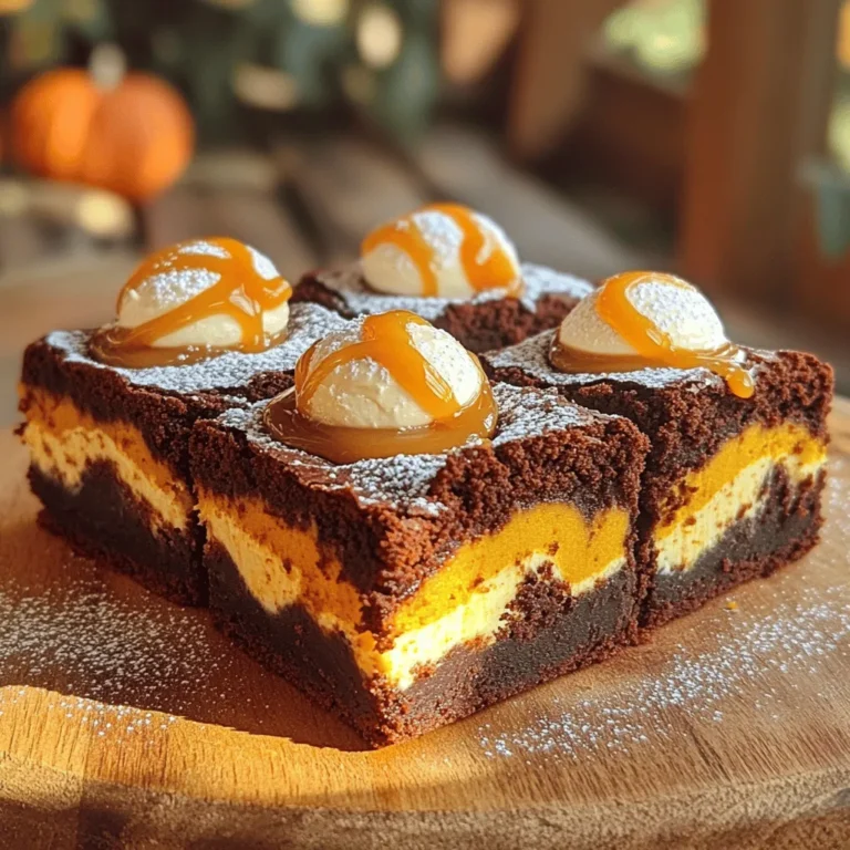 To make Pumpkin Cream Cheese Brownie Swirl, you need: - 1 ½ cups all-purpose flour - 1 cup sugar - ½ cup unsweetened cocoa powder - 1 teaspoon baking powder - ½ teaspoon salt - ½ cup unsalted butter, melted - 2 large eggs - 1 teaspoon vanilla extract - 1 cup pumpkin puree - 1 teaspoon ground cinnamon - ½ teaspoon ground nutmeg - 8 oz cream cheese, softened - ¼ cup powdered sugar - 1 egg yolk - 1 teaspoon vanilla extract (for cream cheese mixture) These ingredients help create a rich brownie base with a creamy pumpkin swirl. The combination of cocoa powder and pumpkin gives a great taste. You will need some simple tools: - Mixing bowls - Baking dish - Whisk and spatula These tools make it easy to mix ingredients and bake your brownies. Having everything ready will help you enjoy the process. 1. Preheat the oven and prepare the baking dish. Set your oven to 350°F (175°C). Grease a 9x13 inch baking dish or use parchment paper for easy brownie removal. 2. Mixing dry ingredients. In a large bowl, whisk together these dry ingredients: - 1 ½ cups all-purpose flour - 1 cup sugar - ½ cup unsweetened cocoa powder - 1 teaspoon baking powder - ½ teaspoon salt 3. Combining wet ingredients. In another bowl, mix: - ½ cup unsalted butter, melted - 2 large eggs - 1 teaspoon vanilla extract Stir until all blends well. 1. Making the pumpkin mixture. In a separate bowl, combine: - 1 cup pumpkin puree - 1 teaspoon ground cinnamon - ½ teaspoon ground nutmeg - A pinch of salt Mix until the texture is smooth. 2. Preparing the cream cheese swirl. Beat together: - 8 oz cream cheese, softened - ¼ cup powdered sugar - 1 egg yolk - 1 teaspoon vanilla extract Blend until creamy and well mixed. 1. Layering the brownie batter and pumpkin mixture. Spread half of the brownie batter in the baking dish. Then, dollop the pumpkin mixture over it. Use a spatula to spread it gently. 2. Swirling the layers together. Add spoonfuls of the cream cheese mixture on top of the pumpkin. Next, spread the remaining brownie batter over this layer. 3. Baking times and testing for doneness. Use a knife or skewer to swirl the layers lightly. Bake for 30-35 minutes. A toothpick should come out with a few moist crumbs, not wet batter. Let the brownies cool completely before cutting them into squares. Avoiding overmixing Mixing too much can make brownies tough. When you combine the wet and dry ingredients, stir until just blended. Stop as soon as you don’t see dry flour. This helps keep your brownies soft and fudgy. Proper baking times and temperatures Baking at the right temperature is key. Set your oven to 350°F (175°C). Check your brownies at 30 minutes. Insert a toothpick in the center. It should come out with a few moist crumbs. If it’s wet, bake for another few minutes. Adding spices or chocolate chunks You can boost flavor by adding spices. Try adding a pinch of ginger or cloves. For extra richness, fold in chocolate chunks into the brownie batter. This gives a nice surprise with every bite. Serving suggestions for a gourmet touch Serve the brownies on a pretty platter. Dust them with powdered sugar for a nice look. You can also drizzle caramel sauce on top. A dollop of whipped cream or a sprinkle of cinnamon adds a lovely touch too. {{image_2}} You can change some ingredients for different diets. For a gluten-free option, swap all-purpose flour with a gluten-free blend. Make sure it has xanthan gum for better structure. This way, you can still enjoy the rich texture. If you need dairy-free alternatives, use coconut cream instead of cream cheese. You can also try almond milk in place of regular milk. These swaps keep your brownies creamy and tasty without dairy. Adding different spices can enhance the flavor. Instead of just nutmeg, try allspice or cardamom. Each spice brings a unique twist to the pumpkin and cream cheese mix. A dash of ginger can also add warmth to the flavor. You can also make your brownies crunchy. Consider adding nuts, like walnuts or pecans, for texture. If you love chocolate, sprinkle chocolate chips into the batter. They melt and create delightful pockets of chocolate throughout the brownies. To keep your Pumpkin Cream Cheese Brownie Swirl fresh, store them in an airtight container. This helps prevent air from drying them out. If you leave them at room temperature, they last about three to four days. For longer storage, put them in the fridge. They can stay fresh there for up to a week. If you want to store brownies for longer, freezing is a great option. First, let the brownies cool completely. Then, cut them into squares. Wrap each square tightly in plastic wrap. Place the wrapped brownies in a freezer-safe bag or container. They can last for up to three months in the freezer. When you’re ready to enjoy, take them out of the freezer. Let them thaw in the fridge overnight. This helps keep their texture and flavor intact. If you want them warm, pop them in the microwave for a few seconds. Enjoy your delicious brownies! Can I make it ahead of time? Yes, you can make these brownies a day ahead. Just store them in an airtight container. This allows the flavors to blend nicely. How do I know when it's baked perfectly? To check for doneness, insert a toothpick into the center. If it comes out with a few moist crumbs, your brownies are ready. Avoid wet batter on the toothpick. What can I substitute for pumpkin puree? If you don’t have pumpkin puree, use applesauce instead. It adds moisture and sweetness. You can also try mashed sweet potatoes for a similar flavor. Can I use a different type of cheese? Yes, you can use mascarpone or ricotta cheese in place of cream cheese. Each will change the flavor slightly but will still taste great. What to serve with pumpkin brownies? These brownies pair well with vanilla ice cream or whipped cream. You can also serve them with a sprinkle of cinnamon on top for extra flavor. Best drinks to pair with this dessert A warm cup of chai tea or a glass of cold milk works well. You can also try a sweet dessert wine for a special touch. This blog post covered how to make delicious pumpkin cream cheese brownies. We looked at the main ingredients like flour, sugar, and cream cheese. I shared step-by-step instructions to help you through baking. You also learned tips to avoid mistakes and different ways to store your brownies. Next time you bake, remember these tricks to make your brownies stand out. Try new flavors or swaps if you want to mix things up. Enjoy your baking journey and delicious treats!