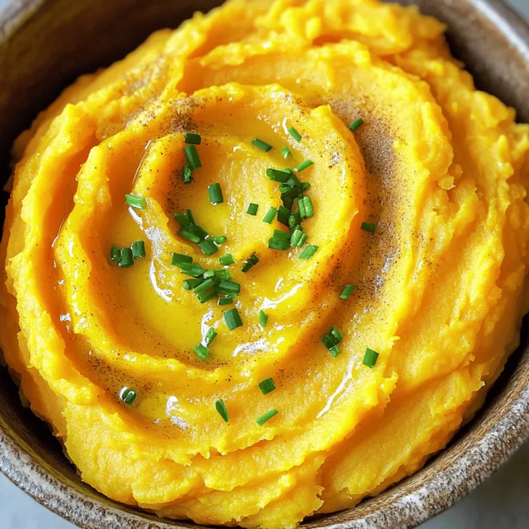 To make buttery mashed sweet potatoes in a slow cooker, you will need these simple ingredients: - 4 large sweet potatoes, peeled and cubed - 1/2 cup unsalted butter, divided - 1/2 cup heavy cream (or milk for a lighter option) - 1/4 cup brown sugar - 1 teaspoon cinnamon - 1/2 teaspoon nutmeg - Salt and pepper to taste These ingredients come together to create a comforting dish. Sweet potatoes bring a natural sweetness, while butter adds richness. Heavy cream or milk gives a creamy texture that makes this dish feel special. Brown sugar, cinnamon, and nutmeg enhance the flavor, making each bite warm and cozy. You can also garnish with fresh chives or parsley for a pop of color and freshness. This easy recipe is perfect for family dinners or holiday feasts. Prepare to enjoy a delightful side dish that everyone will love! Start by peeling the sweet potatoes. Use a sharp peeler to remove the skin. Once peeled, cut them into even cubes. Aim for about 1-inch pieces. This size helps them cook evenly. Next, add the cubed sweet potatoes to your slow cooker. Take 1/4 cup of unsalted butter and cut it into small pieces. Add this butter to the sweet potatoes. Then, pour in 1/2 cup of heavy cream. If you want a lighter dish, use milk instead. Sprinkle 1/4 cup of brown sugar, 1 teaspoon of cinnamon, and 1/2 teaspoon of nutmeg over the potatoes. Finally, add salt and pepper to taste. Stir gently to mix everything together. Make sure all the potatoes are well-coated with the butter and spices. Cover your slow cooker with the lid. You can cook the sweet potatoes on high for 4 hours or on low for 6 to 8 hours. The longer cooking time allows the flavors to blend well. Check the sweet potatoes occasionally. Make sure they are tender when poked with a fork. You want them soft but not mushy. When the sweet potatoes are done cooking, it's time to mash them. You can use a potato masher for a chunky texture. If you prefer a smoother consistency, use a hand mixer. Add the remaining 1/4 cup of butter to the mashed sweet potatoes. Mix well until it melts and creates a creamy texture. Taste your dish and adjust the seasoning if needed. Serve the buttery mashed sweet potatoes warm. For a nice touch, sprinkle chopped fresh chives or parsley on top. This adds a pop of color and flavor. Enjoy your comforting dish! For the best texture, cook the sweet potatoes for 4 hours on high or 6-8 hours on low. The longer you cook them, the softer they become. Once cooked, use a potato masher for a rustic texture or a hand mixer for a smooth finish. Start slow and mash until fluffy. Don't overdo it, as too much mixing can make them gummy. To boost flavor, consider adding a pinch of garlic powder or a splash of maple syrup. You can also mix in a bit of cream cheese for extra creaminess. When seasoning, taste as you go. Adjust with salt and pepper. Aim for a perfect balance between sweet and savory. Garnish your mashed sweet potatoes with chopped chives or parsley for a pop of color. Serve them in a warm bowl to keep them cozy. Pair these mashed potatoes with roasted meats or a fresh salad for a complete meal. They also work great as a side for holiday feasts. {{image_2}} You can make this dish lighter by swapping heavy cream for milk or almond milk. This change cuts calories but keeps the creaminess. You can also use less brown sugar. Try cutting it in half. The sweet potatoes are already sweet, so you may not miss it. To add a twist, mix in garlic or fresh herbs like rosemary or thyme. Garlic gives a nice depth and aroma. Fresh herbs bring brightness and flavor. You can also blend in other root vegetables, like carrots or parsnips. This adds color and more nutrients to your mash. Not all sweet potatoes are the same. You can try purple or Japanese sweet potatoes for a different taste. They can change the flavor and look of your dish. You can also combine sweet potatoes with regular potatoes. This mix creates a creamy texture and balances the flavors. To keep your buttery mashed sweet potatoes fresh, place them in an airtight container. This will help avoid any weird smells from your fridge. Make sure the mixture cools down first before you seal it up. It’s best to refrigerate leftovers within two hours after cooking. They can stay good in the fridge for about three to five days. You can reheat your mashed sweet potatoes in two main ways: the microwave or the stove. If you use the microwave, put the potatoes in a safe dish. Cover them with a damp paper towel to keep moisture in. Heat in short bursts, stirring in between. If you use the stove, put the potatoes in a pot. Heat on low, stirring often. This method helps keep them creamy. Add a splash of cream or butter as you heat to make them extra smooth. To freeze buttery mashed sweet potatoes, let them cool completely. Then, scoop them into a freezer-safe bag or container. Flatten the bag to save space. Label it with the date. They can last for up to three months in the freezer. When you’re ready to eat, thaw them overnight in the fridge. To reheat, use the stove or microwave, just like before, adding cream or butter if needed. Buttery mashed sweet potatoes can stay fresh in the fridge for about 3 to 5 days. Always store them in an airtight container. Check for signs of spoilage before eating. If you see mold or an off smell, it's best to toss them. You can use regular potatoes, but the taste will change. Regular potatoes are less sweet and creamy than sweet potatoes. This dish may lose its unique flavor. If you decide to substitute, use a mix of russet and Yukon gold potatoes for a richer taste. Yes, you can prepare buttery mashed sweet potatoes ahead of time. Simply cook them and store in the fridge. When you are ready to serve, reheat them gently. Add a splash of cream or milk to keep them creamy. This way, you save time and enjoy a tasty side dish. Buttery mashed sweet potatoes offer warmth and comfort. We covered the ingredients and steps for creating this dish, ensuring a creamy texture and rich flavor. Remember, you can tweak the recipe for health or taste. Store leftovers wisely and know how to reheat them. This dish is a crowd-pleaser, perfect for any meal. Enjoy sharing this delightful comfort food with friends and family. Your table deserves it.