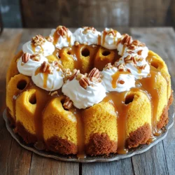- 1 box yellow cake mix - 1 cup canned pumpkin puree - 1 teaspoon ground cinnamon - 1 teaspoon ground nutmeg - 1/2 teaspoon ground ginger The heart of this delightful poke cake starts with a yellow cake mix. I love using a box mix because it saves time. The canned pumpkin puree adds rich flavor and moisture. Ground spices like cinnamon, nutmeg, and ginger bring warmth. These spices make each bite feel like fall. - 3 large eggs - 1/2 cup vegetable oil - 1 cup water - 1 cup caramel sauce, plus extra for drizzling - 1 cup heavy whipping cream - 2 tablespoons powdered sugar - 1 teaspoon vanilla extract Next, I add eggs and vegetable oil. They help bind the cake and keep it soft. The water adds moisture to the batter. When the cake is warm, we soak it with caramel sauce. This step makes it sweet and gooey. For the topping, I whip heavy cream with powdered sugar and vanilla. This gives a light and fluffy finish. - Crushed pecans Crushed pecans are a fun option for a crunchy topping. They add texture and a nutty flavor. If you like, sprinkle them on before serving. This adds a nice touch to the cake’s look. 1. Preheat your oven to 350°F (175°C). Grease and flour a 9x13 inch baking pan. This step helps the cake come out easily. 2. In a large mixing bowl, combine: - 1 box yellow cake mix - 1 cup canned pumpkin puree - 1 teaspoon ground cinnamon - 1 teaspoon ground nutmeg - 1/2 teaspoon ground ginger - 3 large eggs - 1/2 cup vegetable oil - 1 cup water Mix until smooth and well blended. The pumpkin gives great flavor and moisture. 3. Pour the batter into the prepared baking pan. Spread it evenly across the bottom. 4. Bake in the preheated oven for 25-30 minutes. Check for doneness using a toothpick. When it comes out clean, your cake is ready. 5. Remove the cake from the oven. While it’s still warm, use the handle of a wooden spoon to poke holes all over the top of the cake, about 1 inch apart. This allows the caramel to soak in. 6. Drizzle the caramel sauce evenly over the surface of the warm cake. Let it seep into the holes. The cake should cool completely in the pan. 7. To make the whipped cream topping, whip: - 1 cup heavy whipping cream - 2 tablespoons powdered sugar - 1 teaspoon vanilla extract Mix until soft peaks form. This adds a light and sweet finish to your cake. 8. Spread the whipped cream evenly over the cooled cake. 9. Drizzle additional caramel sauce over the whipped cream. For a nice touch, sprinkle crushed pecans on top if desired. 10. Chill the cake in the fridge for at least 1 hour before serving. This gives the best flavor and texture. To ensure your cake is perfectly baked, check for a clean toothpick. Poke it into the center. If it comes out clean, your cake is done. Bake at 350°F for 25-30 minutes. This will help create a golden crust. Always preheat your oven to avoid uneven baking. For a moist cake, add canned pumpkin puree. It brings moisture and flavor. Oil also helps keep the cake soft. Mixing the batter until smooth is key. Don't overmix, as this can make the cake dense. To whip cream to soft peaks, start with cold cream. Use a chilled bowl for best results. Beat on medium speed until you see soft peaks. This means the cream holds its shape but is still creamy. You can enhance whipped cream by adding flavors. Try vanilla extract or cinnamon for a twist. A little powdered sugar adds sweetness too. Just mix it in while whipping the cream. For presentation, cut the cake into squares. Serve on dessert plates for a nice touch. Drizzle extra caramel over each piece. Sprinkle crushed pecans on top for crunch. This makes the dish pop visually and adds texture. Pair the cake with coffee or tea for a lovely treat. It also goes well with vanilla ice cream. Enjoy the cake chilled for the best flavor. {{image_2}} You can change the flavor of this cake by using different cake mixes. Try spice cake mix for a warm, cozy taste. A chocolate cake mix gives a rich twist that many love. You can also top your cake with chocolate ganache. This adds a sweet, creamy layer that pairs well with pumpkin. Want a gluten-free cake? Just use a gluten-free yellow cake mix. This keeps the cake soft without the gluten. For a dairy-free option, swap heavy cream for coconut cream. It whips up nicely and adds a fun twist to the flavor. To serve a larger crowd, double the recipe. Use a bigger pan or bake two cakes. You can also make a cupcake version of the poke cake. Just poke holes in the baked cupcakes and drizzle with caramel. They make for cute, individual servings! To keep your leftover cake fresh, store it in an airtight container. You can also cover the cake with plastic wrap. This way, it stays moist and tasty. If you want to freeze portions, slice the cake first. Wrap each piece in plastic wrap, then place them in a freezer bag. This keeps the cake safe from freezer burn. In the fridge, your cake lasts about 3 to 5 days. Look for signs that it has gone bad. If the cake smells sour or has mold, it’s time to toss it. A dry texture or a change in color can also be a sign it's no longer good. To reheat slices, place them on a microwave-safe plate. Heat for about 10-15 seconds. Check if it’s warm enough for your liking. Avoid overheating, as it can make the cake dry. For the best texture, try reheating in the oven. Preheat the oven to 350°F (175°C) and warm the slices for about 5-10 minutes. This keeps the cake soft and delicious. Can I use fresh pumpkin instead of canned? Yes, you can use fresh pumpkin. Cook and puree the pumpkin first. This gives a fresh taste. Just make sure it is smooth. You want the same amount as the canned version, about one cup. How can I make the cake ahead of time? You can bake the cake the day before. Just let it cool completely. Then poke the holes and add the caramel. Keep it covered in the fridge. Add the whipped cream right before serving for the best texture. What can I substitute for the heavy cream? If you don’t have heavy cream, try coconut cream. It whips well and adds a nice flavor. You can also use whole milk or half-and-half, but it won’t be as thick. Can I use store-bought whipped cream? Yes, store-bought whipped cream is fine. It saves time and is easy to use. Just spread it on the cooled cake as you would with homemade whipped cream. Why did my cake collapse? A collapsed cake may happen if your oven is too hot. Make sure to check the temperature with a thermometer. Also, avoid overmixing the batter. This can add too much air and cause it to fall. What to do if the caramel doesn't soak in properly? If the caramel doesn’t soak in, try poking more holes in the cake. Use a skewer or a fork to make the holes deeper. Then, drizzle more caramel over the top to help it soak in. This cake combines simple ingredients like yellow cake mix and pumpkin puree. You learned how to prepare the batter, bake the cake, and add delicious toppings. Remember to try different flavors or dietary adjustments if desired. Proper storage helps keep your cake fresh, ensuring you can enjoy it longer. You can impress friends with this easy, tasty treat. Enjoy making it your own, and share the joy of baking!
