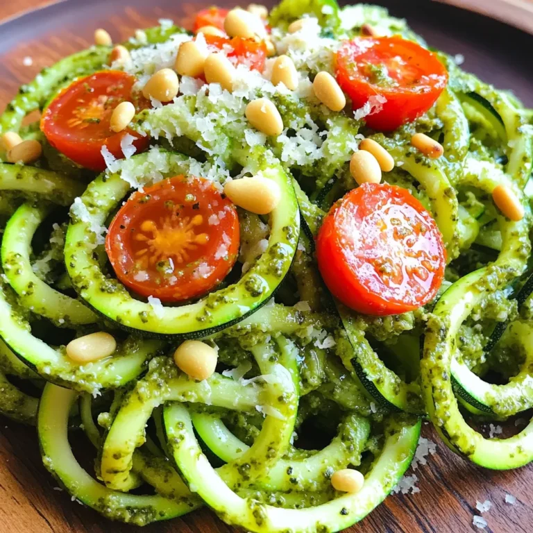 - 4 medium zucchini (spiralized into noodles) - 1 cup fresh basil leaves - 1/3 cup pine nuts (toasted) - 1/2 cup grated Parmesan cheese - 3 cloves garlic - 1/2 cup extra virgin olive oil - Salt and pepper to taste - Cherry tomatoes (halved, for garnish) - Additional Parmesan cheese for serving To make Pesto Parmesan Zucchini Noodles, you need fresh and simple ingredients. The star of the dish is the zucchini. It provides a light base and a crunch. The basil brings a vibrant flavor that is essential for pesto. Use fresh basil for the best taste. Pine nuts add a nutty depth and a creamy texture when blended into the pesto. Grated Parmesan cheese gives a salty kick and richness. Garlic provides a bold flavor that complements the other ingredients. Extra virgin olive oil helps bind the pesto together, making it smooth and luscious. Don’t forget to season with salt and pepper to enhance all the flavors. Finally, cherry tomatoes add a pop of color and freshness to the final dish. Gather all these ingredients before you start cooking. This will make your cooking process smooth and enjoyable. Each ingredient plays a crucial role in creating a dish that is both tasty and satisfying. To start, you need to spiralize the zucchini into noodles. Use a spiralizer and turn those fresh zucchini into delightful zoodles. After spiralizing, place the zoodles in a colander. Sprinkle a bit of salt on top and let them sit for about 10 minutes. This step helps release moisture and keeps your zoodles from getting soggy. Now, let’s make the pesto! Grab your food processor. Add in 1 cup of fresh basil leaves, 1/3 cup of toasted pine nuts, 1/2 cup of grated Parmesan cheese, and 3 cloves of garlic. Blend these ingredients until they are finely chopped. While the processor runs, slowly pour in 1/2 cup of extra virgin olive oil. This creates a smooth texture. Taste your pesto and season with salt and pepper as needed. Next, heat a non-stick skillet over medium heat. Add the drained zucchini noodles to the pan. Sauté them for about 2-3 minutes. You want them tender but still firm. When done, remove the skillet from heat. Now, mix in your pesto until the zoodles are well coated. To serve, plate the zucchini noodles and garnish with halved cherry tomatoes. Add some extra grated Parmesan on top for that finish. Enjoy your fresh and flavorful Pesto Parmesan Zucchini Noodles! To boost the taste of your dish, use high-quality olive oil. It makes a big difference. Look for extra virgin olive oil with a rich flavor. This oil will make your pesto shine. You can also add spices. A pinch of red pepper flakes gives heat. Try a sprinkle of lemon zest for brightness. You can change up the pesto. Use different nuts like walnuts or almonds. For a twist, add herbs like cilantro or parsley. If you want a vegan option, skip the cheese. Use nutritional yeast instead for a cheesy flavor. To keep your zoodles just right, aim for al dente. Cook them for only 2-3 minutes. This way, they stay firm and tasty. To reduce moisture, sprinkle salt on the zoodles and let them sit. Drain them after 10 minutes. This step helps keep everything nice and dry. {{image_2}} You can add protein to your Pesto Parmesan Zucchini Noodles for a more filling meal. Grilled chicken is a great choice. Simply cook your chicken with some salt and pepper, then slice it up. Toss the chicken with the zoodles after adding the pesto. Shrimp is another tasty option. Sauté shrimp in a pan with olive oil until pink. Mix it in with the zoodles and pesto for a seafood twist. If you prefer vegetarian options, try adding beans. Chickpeas or black beans can boost the protein. Just rinse and drain them, then mix them in with the zoodles. You can make your dish even healthier by adding more veggies. Spinach or kale are excellent greens to mix into the pesto. Simply blend them with the basil and nuts when making the pesto. This adds nutrients and a nice color. You can also toss in other veggies with the zoodles. Bell peppers, carrots, or cherry tomatoes work well. Just slice them up and add them to the skillet while cooking the zoodles. They’ll add flavor and crunch. If you're looking for gluten-free choices, try using gluten-free pasta. There are many great brands available. You can cook them just like regular pasta and mix them with the pesto. For a complete meal, serve your zoodles with a side salad. A simple green salad with a light vinaigrette is perfect. It complements the flavors of the zoodles and adds a fresh touch. To store leftover Pesto Parmesan Zucchini Noodles, place them in an airtight container. Make sure to cool them down first. This will help keep them fresh. Store them in the fridge for up to three days. When you reheat them, add a splash of olive oil. This will help restore some moisture. If you want to freeze zucchini noodles, do it before cooking. Place the raw zoodles in a freezer bag. Remove as much air as possible. When you are ready to use them, thaw them in the fridge overnight. You can sauté them straight from the freezer. Just add a couple of extra minutes to the cooking time. In the fridge, your dish will last about three days. If you see any mold or an off smell, it's time to toss it. Signs of spoilage include a slimy texture or discoloration. Always check before you eat! To keep zucchini noodles firm, salting and draining is key. When you spiralize the zucchini, sprinkle salt on it. Let it sit in a colander for about 10 minutes. This process draws out excess moisture, which helps prevent sogginess. When cooking, use a non-stick skillet over medium heat. Sauté the noodles for just 2-3 minutes. You want them tender but still firm. Avoid overcooking, as this can lead to a mushy texture. Yes, you can make the pesto ahead of time! Store it in an airtight container in the fridge. It will stay fresh for about a week. If you want to freeze it, pour it into ice cube trays. Once frozen, pop the cubes into a bag for longer storage. Homemade pesto can last about three months in the freezer. Just remember to label the bags with the date. This way, you’ll know how long it has been stored. Pesto Parmesan Zucchini Noodles are quite healthy! Zucchini is low in calories and high in vitamins. It provides hydration and fiber, making it great for digestion. The pesto adds healthy fats from the olive oil and pine nuts. Fresh basil also brings antioxidants. Together, they create a dish that is both tasty and nutritious. Enjoying this meal gives you a boost of energy without excess carbs! Zucchini noodles with pesto are simple and tasty. We covered everything you need. You learned about the key ingredients, how to spiralize your zucchini, and make the perfect pesto. I shared tips for flavor, protein boosts, and even storage advice. These noodles are healthy and fun to make. Try adding your favorite proteins or veggies for more variety. With these easy steps, you can enjoy a delicious dish again and again. I hope you love making this meal as much as I do!