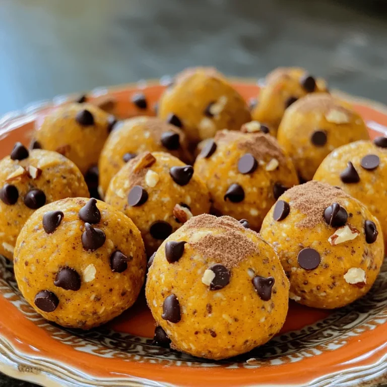 Let’s gather everything you need to make these tasty Pumpkin Chocolate Chip Protein Balls. Here’s the list of ingredients: - 1 cup canned pumpkin puree - 1/2 cup natural peanut butter - 1/4 cup honey or maple syrup - 1 1/2 cups rolled oats - 1/2 cup vanilla protein powder - 1/2 tsp cinnamon - 1/4 tsp nutmeg - 1/4 tsp sea salt - 1/2 cup dark chocolate chips - Optional: 1/4 cup chopped nuts Each ingredient plays a key role in making these protein balls delicious and healthy. The pumpkin puree gives a nice flavor and moistness. Peanut butter adds creaminess and protein. Honey or maple syrup provides sweetness. Oats and protein powder give you the energy to keep going. The spices like cinnamon and nutmeg add warmth, while the dark chocolate chips make it a treat. You can even add nuts for extra crunch. This mix of flavors and textures makes every bite enjoyable! - In a large bowl, combine: - 1 cup canned pumpkin puree - 1/2 cup natural peanut butter - 1/4 cup honey (or maple syrup) Stir until smooth. This mix gives your protein balls great flavor. - Next, mix in: - 1 1/2 cups rolled oats - 1/2 cup vanilla protein powder - 1/2 tsp cinnamon - 1/4 tsp nutmeg - 1/4 tsp sea salt Stir well until all is combined. This step adds nutrients and texture. - Gently fold in: - 1/2 cup dark chocolate chips - Optional: 1/4 cup chopped nuts (like walnuts or pecans) Make sure the chocolate and nuts are spread evenly throughout. - Now, form the mixture into small balls, about 1 inch in size. You should get 18-20 balls. - Place these on a parchment-lined baking sheet. This keeps them from sticking. - Chill the balls in the fridge for 30 minutes. This helps them firm up and makes them easier to eat. - Use a cookie scoop for uniform size. This helps make each ball look neat. - Ensure all ingredients are well-combined. Mixing well makes the taste even. - Experiment with sweeteners for personal taste. Try more honey or less for a change. - Arrange on a decorative plate. This makes your snack look inviting and fun. - Dust with cinnamon for visual appeal. A sprinkle adds charm and flavor. - Pair with apple slices for a snack platter. This adds freshness and crunch to enjoy. {{image_2}} You can easily make this recipe vegan. Just switch out the honey for maple syrup. This change keeps the sweetness while making it plant-based. Also, if you want a nut-free option, replace peanut butter with almond or sunflower seed butter. Both options work well and add their unique flavors. To give your protein balls a twist, consider adding vanilla extract. This small addition brings a richer taste. You can also mix in dried fruits, like cranberries or raisins. They add a chewy texture and extra sweetness. These flavorful changes make each bite more exciting and fun! You can store the pumpkin chocolate chip protein balls in an airtight container. They will stay fresh for up to one week. This makes them a great snack to grab on busy days. Just take out a few when you need a quick energy boost. To keep your protein balls for longer, freezing is a smart choice. Place the formed balls in a single layer on a baking sheet. Freeze them for about one hour until they are solid. Then, transfer them to a freezer-safe bag or container. This way, they won’t stick together. When you want to enjoy a protein ball, just take out as many as you need. Let them thaw in the fridge overnight, or at room temperature for about 30 minutes. This keeps them tasty and fresh. Enjoy your snack! Each pumpkin chocolate chip protein ball has about 90 calories. They have 4 grams of protein, 4 grams of fat, and 12 grams of carbs. The protein comes from the protein powder and peanut butter. The healthy fats come from the peanut butter and any nuts you add. These balls also have fiber from the oats and pumpkin puree, making them a balanced snack. Yes, you can make these protein balls gluten-free. Just use certified gluten-free rolled oats. Many brands offer gluten-free oats that taste great and work well in this recipe. This way, you can enjoy the same delicious taste without the gluten. These protein balls are perfect for meal prep. They can serve as a quick snack or a breakfast boost. You can grab one or two before workouts for extra energy. Pair them with fruit for a balanced snack. Store them in your fridge or freezer for easy access throughout the week. Pumpkin chocolate chip protein balls are easy and tasty. You mix canned pumpkin, peanut butter, oats, and protein powder. Chill them for a bit, and you have a snack ready to go. Use the tips for fun flavors and perfect size. Store them in the fridge or freeze for later. With these simple steps, you can enjoy a healthy treat any time. Now, grab your ingredients and start making your own delicious protein balls today!