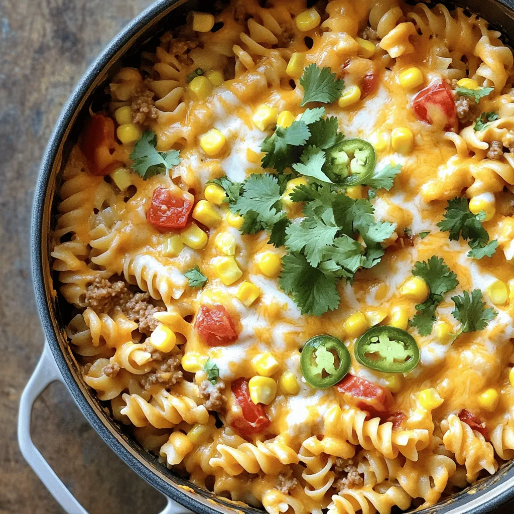 To make One-Pot Cheesy Taco Pasta, you will need: - 1 lb (450g) ground beef or turkey - 1 medium onion, diced - 2 cloves garlic, minced - 1 tablespoon taco seasoning - 1 can (15 oz) diced tomatoes with green chilies - 3 cups chicken or vegetable broth - 2 cups uncooked elbow macaroni - 1 cup shredded cheddar cheese - 1 cup shredded mozzarella cheese - 1 cup corn (frozen or canned, drained) - Salt and pepper to taste - Fresh cilantro, chopped (for garnish) - Optional toppings: sliced jalapeños, sour cream, avocado You can easily swap some ingredients for your taste or needs: - Use ground chicken or plant-based meat for a lighter option. - If you like, replace elbow macaroni with any small pasta shape. - Use onion powder instead of fresh onion if you’re short on time. - For a spicier kick, try adding more taco seasoning or fresh jalapeños. Fresh ingredients matter for flavor and texture. Use: - Fresh, lean ground beef or turkey for the best taste. - Choose ripe tomatoes with green chilies for a nice balance of flavor. - Always check the broth for low sodium options to control salt levels. - Fresh herbs like cilantro add a burst of flavor right before serving. Using quality ingredients makes this dish more delicious. Enjoy the cooking! Start by heating a large pot or Dutch oven over medium heat. Add 1 pound of ground beef or turkey. Use a spatula to break it apart as it cooks. This takes about 5 to 7 minutes. Keep an eye on it to avoid burning. If there’s too much fat, drain some off. Next, add 1 medium diced onion and 2 cloves of minced garlic to the pot. Stir them into the meat. Cook for about 3 to 4 minutes. You want the onion to become soft and clear. This step adds great flavor to your dish. Now, sprinkle in 1 tablespoon of taco seasoning. Mix it well with the meat and veggies. Cook for another 1 to 2 minutes. Then, pour in 1 can of diced tomatoes with green chilies and 3 cups of chicken or vegetable broth. Stir everything together and bring it to a gentle boil. Once it boils, add 2 cups of uncooked elbow macaroni. Reduce the heat to low and cover the pot. Let it simmer for about 10 to 12 minutes. Stir it occasionally to stop sticking. When done, take the pot off the heat. Fold in 1 cup of corn, 1 cup of shredded cheddar cheese, and 1 cup of shredded mozzarella cheese. Mix until everything is melted and creamy. Season with salt and pepper to taste. Enjoy this easy and cheesy one-pot meal! To make One-Pot Cheesy Taco Pasta extra tasty, use fresh spices. Add a bit more taco seasoning for a bolder taste. You can also mix in some lime juice for a zesty kick. Fresh cilantro adds great flavor, too. If you love heat, try adding chopped jalapeños while cooking. This gives the dish a nice spicy touch. When cooking pasta, always stir it. This keeps it from sticking together. Watch the time; you want al dente pasta. It should have a slight bite, not mushy. If you need to adjust the cooking time, check the package instructions. If you find it too thick, add a splash of broth or water to loosen it up. Meal prep makes dinner easy. You can cook the pasta ahead of time. Just store it in the fridge for up to three days. To reheat, warm it in a pot with a bit of broth. You can also freeze the dish. Freeze it in portions for quick meals later. Just thaw it overnight in the fridge before reheating. {{image_2}} You can easily make this dish vegetarian. Use one can of black beans instead of meat. Add the beans when you mix in the tomatoes and broth. This keeps the flavor but makes it meat-free. Also, try using veggie broth for a richer taste. You still get that cheesy goodness with the same great taste. You can add more veggies to boost nutrition. Bell peppers and zucchini work well. Cut them into small pieces and cook them with the onions and garlic. You can also mix in spinach or kale at the end for a burst of color and health. Just stir them in before adding cheese. They will wilt down nicely. Mixing cheeses can change the flavor of your dish. Try pepper jack for a spicy kick. You can also use gouda for a smoky taste. If you love creaminess, add cream cheese. Just mix it in with the other cheeses at the end. This will give your pasta a rich and creamy finish. To store your One-Pot Cheesy Taco Pasta, let it cool first. Then, transfer it to an airtight container. Make sure to keep it in the fridge. It will stay fresh for about 3 to 4 days. Label the container with the date so you know when you made it. To reheat your pasta, place it in a pot over medium heat. Add a splash of water or broth to keep it moist. Stir occasionally. You can also use a microwave. Place it in a microwave-safe bowl, cover it, and heat for 1 to 2 minutes. Stir halfway through to heat it evenly. You can freeze your One-Pot Cheesy Taco Pasta for later. Use a freezer-safe container or a zip-top bag. Make sure to leave some space for expansion. It will keep well for up to 3 months. When you’re ready to eat, thaw it in the fridge overnight before reheating. This way, you can enjoy a quick meal anytime! Yes, you can make this dish ahead. Cook it fully and let it cool. Store it in an airtight container in the fridge for up to three days. When you're ready to eat, just reheat it on the stove or in the microwave. If it looks dry, add a splash of broth to bring back some moisture. You have many options! You can use ground chicken, or even plant-based meat. For a vegetarian dish, use beans like black beans or lentils. These will add protein and flavor, making your meal tasty and satisfying. You can also skip the meat and add more veggies. This dish has a mild kick. The taco seasoning adds flavor without too much heat. If you prefer it spicier, add sliced jalapeños or hot sauce. You can adjust the spice level to fit your taste. Enjoy it your way! This blog post covered the key ingredients, step-by-step cooking methods, and tips for your One-Pot Cheesy Taco Pasta. I shared ingredient swaps, how to brown meat, and ways to enhance flavor. You can try vegetarian options and store leftovers easily. Remember, cooking should be fun and simple. Enjoy experimenting with flavors and variations. Cooking this dish is easy and rewarding. Use these tips to make a tasty meal every time!