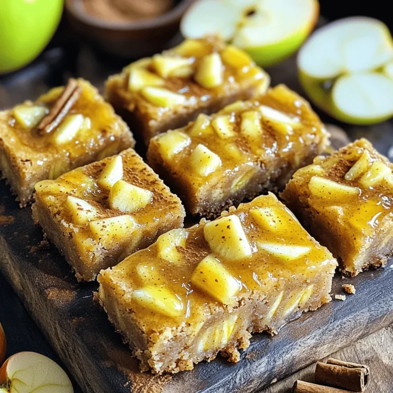 - 1 cup unsalted butter, melted - 1 cup light brown sugar, packed - 1/2 cup granulated sugar - 2 large eggs - 2 teaspoons vanilla extract - 1 1/2 cups all-purpose flour - 1 teaspoon baking powder - 1/2 teaspoon baking soda - 1 teaspoon ground cinnamon - 1/4 teaspoon salt - 1 cup peeled and diced apples (about 1 large apple) - 1/2 cup chopped walnuts (optional) - 1/4 cup maple syrup (for glazing) - 1 tablespoon milk (for glazing) These ingredients make up a tasty treat full of flavor. First, the unsalted butter gives a rich base. The light brown sugar adds a deep sweetness. The white sugar balances this out. Eggs help bind everything together, giving a nice texture. Next, we have the flour. It forms the main structure of the blondies. Baking powder and baking soda help them rise. Ground cinnamon adds warmth, while salt enhances all the flavors. The diced apples bring juicy bites to each square. If you like, add walnuts for a nice crunch. Lastly, the maple syrup and milk create a sweet glaze that makes these blondies irresistible. This mix of ingredients promises a delightful dessert you will love. - Preheat the oven to 350°F (175°C). - Prepare an 8x8-inch baking pan with parchment paper. Leave some paper hanging over the edges for easy removal. In a large bowl, whisk the melted butter, light brown sugar, and granulated sugar. Mix until it looks smooth and creamy. Add two large eggs one at a time. Whisk well after each egg. Then, mix in the vanilla extract. This will make your batter rich and flavorful. - Mix flour, baking powder, baking soda, ground cinnamon, and salt. In another bowl, whisk together the dry ingredients: flour, baking powder, baking soda, ground cinnamon, and salt. Make sure there are no lumps. This step is key for a nice texture. - Combine wet and dry ingredients and bake at the right time. Gradually add the dry mix to the wet bowl. Stir until just combined; do not overmix. Fold in one cup of diced apples and chopped walnuts if you like nuts. Pour the batter into the prepared pan. Spread it out evenly. Bake for 25 to 30 minutes. Use a toothpick to check for doneness; it should come out clean when inserted into the center. While the blondies bake, prepare the maple glaze by whisking together maple syrup and milk in a small bowl. After baking, let the blondies cool for about 10 minutes. Then, lift them from the pan using the parchment paper. Cool completely on a wire rack. Once cool, drizzle the glaze over the top. Enjoy your sweet treat! To get the best texture in your blondies, avoid overmixing. Overmixing can lead to tough blondies. Mix just until you see no flour. For doneness, use a toothpick. Insert it into the center. If it comes out clean, your blondies are ready. You can make these blondies even better with extra spices. Try adding nutmeg or ginger for a warm kick. You can also switch up the apples. Granny Smith apples add tartness, while Fuji apples bring sweetness. Experiment to find your favorite mix. Drizzling the maple glaze evenly can be tricky. Use a spoon or piping bag for control. Start from the center and work your way out. For extra flair, consider garnishing with more apple slices or a sprinkle of cinnamon. These little touches make your blondies look and taste great! {{image_2}} You can make a gluten-free version of these blondies. Use almond flour or oat flour instead of all-purpose flour. This keeps the taste great while being safe for gluten-sensitive eaters. For vegan options, swap out the butter with coconut oil. Replace the eggs with flaxseed meal or applesauce. This way, everyone can enjoy these sweet treats. Want to change things up? You can add dried fruits like cranberries or raisins for a chewy texture. If you love chocolate, mix in chocolate chips or even caramel swirls. These additions give a fun twist to classic flavors. Get creative with the seasons! In the fall, try adding pumpkin spice to the batter. This warms up the flavor and makes it cozy. In spring or summer, add citrus zest from lemons or oranges. This brings a fresh taste that balances the sweetness. Enjoy these variations to keep your blondies exciting all year long! To keep your blondies fresh, store them in an airtight container. This helps maintain their soft texture. Place parchment paper between layers to avoid sticking. Blondies stay fresh for about 3 to 5 days at room temperature. For longer storage, consider refrigerating them. This can extend their life to about a week. When you’re ready to enjoy your blondies, you might want to heat them. Warm them in the microwave for about 10-15 seconds. This brings back their moistness and enhances the flavors. To keep them moist while storing, avoid exposing them to air. Always seal them well. If you want to save some blondies for later, freezing works great. Start by cutting them into squares. Wrap each square in plastic wrap tightly. Then, place them in a freezer-safe bag or container. This prevents freezer burn and keeps them tasty. To thaw, take them out and leave them in the fridge overnight. For a warm treat, reheat in the microwave for 20-30 seconds. Enjoy the deliciousness anytime! Yes, you can use other fruits! Pears and peaches work well. They add a sweet and juicy bite. Just make sure to peel and dice them like apples. This will keep the blondies moist and tasty. These blondies last about 4 to 5 days at room temperature. Store them in an airtight container. For best taste, keep them away from heat and light. If you want to save them longer, freeze them! The recipe uses walnuts, but you can skip them. This makes the blondies nut-free. You can also use seeds, like sunflower seeds, if you want a bit of crunch. Enjoy the blondies without nuts, and they will still be delicious! Making Maple Glazed Apple Cinnamon Blondies is simple and rewarding. You learned about the ingredients, step-by-step mixing, and baking tips. Remember to avoid overmixing for the best texture. You can also explore delicious variations like gluten-free and vegan options. Store your blondies right to keep them fresh. With these tips, enjoy baking and sharing your treats. Try rotating ingredients for new flavors each season. Happy baking!