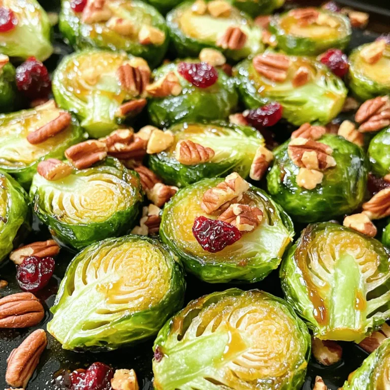 - 1 lb Brussels sprouts, halved - 3 tablespoons olive oil - 1/4 cup pure maple syrup - 1 teaspoon Dijon mustard The main ingredients are simple yet effective. Brussels sprouts bring a nutty flavor. The olive oil adds richness. Maple syrup gives a sweet touch. Dijon mustard adds a slight zing. - 1/2 teaspoon garlic powder - Salt and pepper to taste - 1/4 cup pecans, chopped (optional) - 1/4 cup dried cranberries (optional) - 2 tablespoons balsamic vinegar (optional) For seasoning, garlic powder enhances the taste. Salt and pepper bring balance. If you like, add pecans for crunch. Dried cranberries add sweetness and color. A drizzle of balsamic vinegar at the end can brighten the dish. First, preheat your oven to 400°F (200°C). This temperature gives the Brussels sprouts a nice caramelization. Next, rinse the Brussels sprouts under cold water. Look for any yellow or damaged outer leaves and remove them. Cut each sprout in half. This helps them cook evenly and soak up the glaze. In a large mixing bowl, add the olive oil, maple syrup, Dijon mustard, garlic powder, salt, and pepper. Whisk these ingredients together until they blend well. The maple syrup adds sweetness, while the Dijon gives a nice tang. Now, add the halved Brussels sprouts to the bowl. Toss them gently until each piece is fully coated with the glaze. Spread the glazed Brussels sprouts evenly on a large sheet pan. Make sure they have space between them for even roasting. If you choose, sprinkle chopped pecans over the top for added crunch. Roast the Brussels sprouts in your preheated oven for about 20-25 minutes. Halfway through, stir them to ensure they cook evenly. You want them tender and caramelized, with a lovely golden hue. To make the best Brussels sprouts, start with fresh ones. Fresh sprouts taste better and roast evenly. Look for bright green, firm Brussels sprouts without any brown spots. Next, adjust the seasoning to fit your taste. Some like it salty, while others prefer a touch of sweetness. Taste the glaze before tossing your sprouts. You can always add more salt or pepper if needed. You can spice it up! Try adding a pinch of cayenne for some heat or a sprinkle of smoked paprika for a smoky flavor. A bit of cumin can also add a nice depth. After roasting, consider adding garnishes. Dried cranberries give a sweet touch and brighten the dish. Chopped pecans add crunch and flavor. A drizzle of balsamic vinegar adds tang and richness. Mix it all together for a delightful finish! {{image_2}} You can change the sweet taste by using honey or agave. Both options work well. They give a nice touch to the Brussels sprouts. Honey will add a floral note while agave stays smooth. Just use the same amount as maple syrup. This gives you a new flavor profile while keeping the dish sweet. If you want to switch nuts, try walnuts or almonds. Both provide crunch and flavor. Walnuts have a rich taste, while almonds are mild. You can chop them up, just like pecans. This change makes the dish fun and tasty, giving it a new twist. To make this dish vegan, ensure all ingredients are plant-based. Use maple syrup, olive oil, and fresh produce. For gluten-free needs, check labels on sauces. Most ingredients are safe, but always confirm. This way, everyone can enjoy the dish without worry. After you enjoy your meal, store any leftovers in the fridge. Place the Brussels sprouts in an airtight container. This helps keep them fresh. They will last about 3 to 5 days in the fridge. Make sure to cool them down before sealing the container. This helps avoid extra moisture. When you want to enjoy your leftovers, the best way is to use the oven. Preheat your oven to 350°F (175°C). Spread the Brussels sprouts on a baking sheet. Heat them for about 10 to 15 minutes. This method keeps them crispy and tasty. You can also use a microwave, but the texture may not be as good. If you choose the microwave, heat them in short bursts. This helps prevent them from getting soggy. Yes, you can prepare Maple Glazed Brussels Sprouts ahead of time. Start by washing and cutting the Brussels sprouts. Mix the glaze and toss the sprouts in it. After that, store them in the fridge for up to 24 hours. When you're ready to cook, just spread them on the sheet pan and roast. This saves time and makes meal prep easy. These Brussels sprouts pair well with many dishes. Try serving them with roasted chicken or grilled fish. They also go great with quinoa or rice for a complete meal. For a fun twist, add them to a salad with nuts and cheese. The sweet and savory flavor complements many foods. Yes, this recipe is healthy! Brussels sprouts are low in calories and high in vitamins. They are rich in fiber, which helps digestion. Maple syrup adds sweetness without refined sugar. Olive oil provides healthy fats. If you add pecans and cranberries, they add more nutrients and flavor. Overall, this dish is a tasty and nutritious choice. In this blog post, we explored a tasty recipe for maple glazed Brussels sprouts. You learned about the main ingredients, prep steps, and cooking tips. We also discussed ways to enhance the flavor and make variations for different diets. Lastly, we covered storage options and answered common questions. Enjoy trying this recipe! These sprouts are easy to make and packed with flavor. They are a fun side dish that everyone will love.