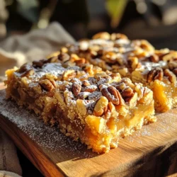 - 1 cup unsalted butter, melted - 1 cup brown sugar, packed - 1/4 cup maple syrup - 2 large eggs - 1 teaspoon vanilla extract - 1 teaspoon salt - 1 1/2 cups all-purpose flour - 1 cup chopped pecans - 1/2 teaspoon baking powder - Optional: Powdered sugar for dusting Each ingredient plays a key role in making these bars special. First, the unsalted butter gives richness. I always use the best butter I can find. It creates a great base for the bars. Next, brown sugar is a star in this recipe. Its deep, sweet flavor adds warmth. Packing it down ensures you get the right amount. This affects the texture, making the bars chewy. Maple syrup brings a lovely sweetness. It adds a hint of earthiness that pairs well with pecans. Using real maple syrup is a must for the best taste. The eggs help bind everything together. They also add moisture and a fluffy texture. Don't skip the vanilla extract; it enhances the overall flavor. Salt is important too. It balances the sweetness and makes the bars taste better. Now, let's talk about flour. I use all-purpose flour for the right structure. Too much flour can make the bars dry, so measure it carefully. Pecans add crunch and nuttiness. I chop them into small pieces for even distribution. Finally, baking powder gives the bars a little lift. If you want a touch of sweetness on top, dust with powdered sugar. These ingredients blend to create flavors that are hard to resist. They come together to form a bar that is perfect for any occasion. - First, preheat your oven to 350°F (175°C). Grease a 9x9-inch baking pan or line it with parchment paper. This helps with easy removal later. - Next, take a large mixing bowl. Combine 1 cup of melted unsalted butter and 1 cup of packed brown sugar. Mix until it becomes smooth and creamy. - Now, mix in 1/4 cup of maple syrup, 2 large eggs, and 1 teaspoon of vanilla extract. Whisk everything together until it looks frothy and well-blended. - In another bowl, whisk together 1 1/2 cups of all-purpose flour, 1 teaspoon of salt, and 1/2 teaspoon of baking powder. - Gradually add this dry mix into your wet mixture. Stir until just combined. Don't over-mix! - Finally, fold in 1 cup of chopped pecans. Make sure they are evenly spread in the batter. - Pour the batter into your prepared pan. Spread it out evenly using a spatula. - Bake in the oven for 25-30 minutes. They are done when the edges turn golden brown. A toothpick should come out clean from the center. - Once baked, remove from the oven. Let the bars cool in the pan for about 15 minutes. Then, transfer them to a wire rack to cool completely before cutting. - Measuring flour accurately: Use a spoon to scoop flour into your measuring cup. Then level off the top with a knife. This helps avoid too much flour, making your bars dense. - Checking for doneness: Insert a toothpick into the center of the bars. If it comes out clean, your bars are ready. If it has batter on it, bake a few more minutes. - Nut-free options: You can use sunflower seeds or pumpkin seeds for crunch. They add texture and flavor without nuts. - Alternative sweeteners: If you want less sugar, try agave syrup or honey. Just remember these may change the texture a bit. - Flavor enhancements: Add a pinch of cinnamon or nutmeg for warmth. A splash of bourbon can also add depth to the flavor. - Ideal pairings and accompaniments: Serve warm with a scoop of vanilla ice cream. It melts and adds creaminess to the sweet bars. - Presentation ideas: Dust with powdered sugar for a nice touch. Arrange on a pretty plate or use parchment paper for a rustic look. {{image_2}} You can change the flavor of your Brown Sugar Maple Pecan Bars in fun ways. One option is to add chocolate chips. Dark chocolate chips work well with the sweet maple taste. They give a rich, creamy bite that many love. You can add about one cup of chocolate chips. Mix them in with the pecans for a gooey surprise. Another tasty addition is dried fruit. Try adding cranberries, cherries, or even raisins. These add a sweet and tart taste that balances the rich flavors. Just use about half a cup of dried fruit. Mix it in with the batter, just like the pecans. If you need a gluten-free option, you can substitute all-purpose flour with a gluten-free blend. Many brands offer mixes that work well in baking. Just make sure to use a blend that includes xanthan gum. This keeps your bars soft and chewy. For a vegan version, you can replace eggs with flax eggs. To make a flax egg, mix one tablespoon of ground flaxseed with three tablespoons of water. Let it sit for five minutes to thicken. You can also replace butter with coconut oil or vegan butter. This keeps the bars rich and delightful. You can serve your Brown Sugar Maple Pecan Bars in creative ways. One idea is to create a layered dessert. Start with a layer of bars, then add whipped cream or custard. Top it with more bars and drizzle with maple syrup. This makes a fun treat at parties. Another way is to serve them warm with ice cream. A scoop of vanilla or caramel ice cream pairs perfectly with the warm bars. The cold ice cream melts into the bars, making each bite amazing. This simple touch makes the dessert extra special. Store your Brown Sugar Maple Pecan Bars at room temperature. Use an airtight container to keep them fresh. You can also place parchment paper between bars to prevent sticking. If you want to keep them longer, refrigerate them. Just remember to seal them well to avoid extra moisture. To freeze the bars, first cut them into squares. Wrap each piece in plastic wrap. Then place them in a freezer-safe container. This keeps them from getting freezer burn. When you are ready to enjoy, thaw them in the fridge overnight. You can also let them sit at room temperature for a few hours. These bars stay fresh for about 5 days at room temperature. In the fridge, they last up to 10 days. If you freeze them, they can last for 3 months. Look for signs of spoilage, like a change in smell or texture. If they seem dry or hard, it’s best to toss them. You can tell the bars are done when the edges turn golden brown. Insert a toothpick into the center. If it comes out clean, your bars are ready. Yes, you can use other nuts. Walnuts or almonds work well as substitutes. Just chop them to match the pecan size. The flavor will change a bit, but it will still taste great. If you don't have maple syrup, try honey or agave syrup. Both provide sweetness, but they will change the taste slightly. You can also use corn syrup, but it is less flavorful. Serve the bars warm or at room temperature. A dusting of powdered sugar adds a nice touch. Try pairing them with whipped cream or vanilla ice cream for extra delight. Yes, you can make the bars a day ahead. Just store them in an airtight container. They taste even better the next day as the flavors meld together. This article guides you through making delicious Brown Sugar Maple Pecan Bars. We covered essential ingredients, clear steps, useful tips, and tasty variations. Remember, getting the right mix of flavors and textures is key. Don't forget to store your bars properly to keep them fresh! With these tips, you’ll impress friends and family with your baking skills. Enjoy creating and sharing this sweet treat!