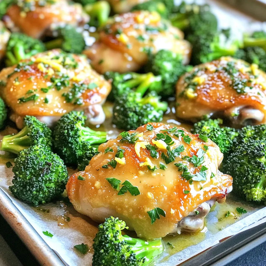 - 4 boneless, skinless chicken thighs - 2 cups broccoli florets - 1/4 cup unsalted butter - 5 cloves garlic, minced The star of this dish is the chicken thighs. They stay juicy and tender while cooking. The broccoli florets add a nice crunch and a pop of color. The garlic and butter mix creates a rich flavor that ties everything together. - 1 tablespoon fresh lemon juice - Zest of 1 lemon - 1 teaspoon dried oregano - 1 teaspoon paprika - Salt and pepper to taste - 1 tablespoon olive oil Fresh lemon juice brightens up the dish. The zest adds a citrus punch that you’ll love. Dried oregano and paprika bring warmth and depth to the flavors. Salt and pepper are essential for balance, and olive oil helps with roasting. - Fresh parsley, chopped - Lemon wedges for serving Chopped fresh parsley adds a pop of green and freshness. Lemon wedges on the side let you squeeze more zing on your meal. These garnishes not only look good but also enhance the flavor. First, preheat your oven to 400°F (200°C). This temperature helps cook the chicken and broccoli evenly. Next, line a large sheet pan with parchment paper. This ensures easy cleanup and keeps the food from sticking. In a small saucepan, melt 1/4 cup of unsalted butter over low heat. Once melted, add 5 cloves of minced garlic and stir. Then, mix in 1 tablespoon of fresh lemon juice, 1 teaspoon of dried oregano, and 1 teaspoon of paprika. Add salt and pepper to taste. Stir until everything is combined, then remove from heat. Pat 4 boneless, skinless chicken thighs dry with paper towels. Season both sides with salt, pepper, and the zest of 1 lemon. Place the chicken in the center of your prepared sheet pan. Next, arrange 2 cups of broccoli florets around the chicken. Drizzle 1 tablespoon of olive oil over the broccoli and season with a pinch of salt and pepper. Pour the garlic butter mixture evenly over both the chicken and broccoli. Make sure everything is well-coated for the best flavor. Bake in the preheated oven for 25-30 minutes. The chicken should reach an internal temperature of 165°F, and the broccoli should be tender and slightly crispy. After baking, let it rest for a few minutes before serving. To ensure your chicken is perfectly cooked, check its internal temperature. Use a meat thermometer. The chicken should reach 165°F for safety. This ensures it is juicy and tender. For juicy chicken, pat the thighs dry before seasoning. This helps the skin get crispy. Season both sides with salt, pepper, and lemon zest for extra flavor. Let the chicken sit for a few minutes before baking. This helps it stay tender and moist. Roasting broccoli can give it a nice crisp. Start with fresh florets and cut them into even sizes. This helps them cook evenly. Toss the broccoli in olive oil and season lightly. Too much oil can make them soggy. Avoid soggy florets by not overcrowding the pan. Space them out on the sheet pan. This allows hot air to circulate and crisp them up. Bake until the edges are golden and slightly charred. To boost flavor, consider adding herbs and spices. Dried oregano and paprika work well in this dish. You can also try thyme or rosemary for a different twist. For marinating options, let the chicken soak in the garlic butter mix for at least 30 minutes. This infuses it with flavor. You can also add lemon juice for a bright taste. Just remember, the longer you marinate, the more flavor you'll get. {{image_2}} You can easily swap chicken thighs for other cuts. Chicken breasts or tenders work well too. They cook quickly and stay juicy. For a meat-free option, try tofu or shrimp. Tofu absorbs flavors, making it a great choice. Shrimp cooks fast and adds a nice touch. Feel free to mix in other veggies. Carrots and bell peppers add color and crunch. Seasonal veggies keep your dish fresh. Think about asparagus in spring or squash in fall. Each choice brings a new flavor and texture. If you need gluten-free options, use tamari instead of soy sauce. This keeps the flavor but removes gluten. For a dairy-free version, swap the butter for a plant-based alternative. Coconut oil or vegan butter works great. Adjusting these small parts makes the dish fit your needs. To keep your Garlic Butter Chicken and Broccoli fresh, store it properly. First, let the dish cool down to room temperature. Then, place it in an airtight container. This helps to seal in flavors and moisture. In the fridge, it can last for about 3 to 4 days. Make sure to label the container with the date. This way, you won’t forget when you made it. Freezing is a great option if you want to save leftovers. Cut the chicken and broccoli into smaller portions. Use freezer-safe containers or bags to store these portions. Remove as much air as possible to prevent freezer burn. You can freeze the dish for up to 3 months. When you're ready to enjoy it, thaw it in the fridge overnight. For a quick option, you can use the microwave to defrost it. Reheating is key to maintaining taste and texture. Preheat your oven to 350°F (175°C). Place the chicken and broccoli on a baking sheet. Cover it with foil to keep moisture in. Heat for about 15 to 20 minutes, or until warmed through. You can also use a microwave, but be careful not to overcook. Stir halfway through to ensure even heating. Enjoy your meal without losing its delicious flavors! To season chicken thighs well, focus on simple ingredients. I like using salt, pepper, and lemon zest. These enhance the chicken's natural flavor. You can also add dried oregano and paprika for extra taste. Use these steps for seasoning: - Pat the chicken dry first. - Rub salt and pepper on both sides. - Add lemon zest to brighten the flavor. - Let the chicken sit for 15 minutes to absorb the seasonings. This method makes the chicken juicy and full of flavor. Yes, you can prepare this dish in advance. This makes it perfect for meal prep. You can marinate the chicken with the garlic butter mix a day ahead. Just store it in the fridge. For the broccoli, cut it into florets and store it separately. When you're ready to cook: - Preheat the oven. - Arrange the chicken and broccoli on the sheet pan. - Pour the garlic butter over them and bake. This way, you save time and still enjoy a fresh meal. To make this dish low-carb, swap out high-carb foods. Here are some tips: - Use cauliflower florets instead of broccoli. Cauliflower has fewer carbs. - Skip any added sugars in sauces and marinades. - Serve it with a side salad instead of rice or bread. These changes keep the dish tasty while lowering the carbs. Enjoy your Garlic Butter Chicken and Broccoli Sheet Pan Delight guilt-free! This blog post covered how to make tasty Garlic Butter Chicken and Broccoli. We went through key ingredients, simple steps, and helpful tips. You learned about chicken thighs, seasonings, and how to bake everything perfectly. In summary, this recipe is easy, delicious, and flexible. You can try different proteins or vegetables. Have fun in the kitchen and enjoy your meal!