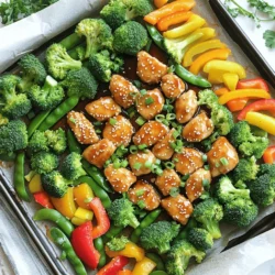- 1.5 lbs chicken breast - 1 cup broccoli florets - 1 cup bell peppers, sliced (mix of red, yellow, and green) - 1 cup snap peas - 1/2 cup low-sodium soy sauce - 1/4 cup honey - 2 tablespoons rice vinegar The main ingredients in this dish create a great mix of flavors. The chicken breast is juicy and tender. It absorbs the teriyaki sauce well. The assorted vegetables add crunch and color. Broccoli offers a nice earthiness, while bell peppers bring sweetness. Snap peas add a delightful snap. - 2 tablespoons olive oil - 1 tablespoon sesame oil - 1 tablespoon cornstarch mixed with 2 tablespoons water The oils help the chicken and veggies cook evenly. Olive oil adds richness, while sesame oil gives a nutty flavor. The cornstarch helps thicken the sauce, making it sticky and delicious. - Sesame seeds - Chopped green onions Garnishes are key for a great finish. Sesame seeds add a subtle crunch. Chopped green onions bring a fresh taste. Together, they give your dish a beautiful look and extra flavor. To start, preheat your oven to 400°F (200°C). This temperature helps the chicken cook evenly and the veggies stay crisp. Next, line a baking sheet with parchment paper. This makes cleanup easy and prevents sticking. In a medium bowl, mix soy sauce, honey, rice vinegar, minced ginger, and minced garlic. This is your teriyaki sauce. Now, take a large bowl and toss the chicken pieces with olive oil. Then, add half of the teriyaki sauce to the chicken. Make sure each piece gets fully coated. This step adds great flavor to the chicken. Spread the marinated chicken on one side of the baking sheet. In the same bowl, combine broccoli, bell peppers, and snap peas. Add sesame oil and the remaining teriyaki sauce. Toss until the veggies are well coated. Finally, place the veggies on the opposite side of the baking sheet from the chicken. This keeps everything separate while cooking. Bake the chicken and veggies in the preheated oven for 20-25 minutes. You want the chicken to be fully cooked, which means it should reach an internal temperature of 165°F (74°C). The veggies should be tender-crisp. Keep an eye on them to avoid overcooking! After baking, take the baking sheet out of the oven. Stir in the cornstarch slurry to the mix. This thickens the sauce nicely. Return the pan to the oven for an extra 5 minutes. This allows the sauce to thicken and cling to the chicken and veggies. Once done, let it rest for a few minutes. Garnish with sesame seeds and chopped green onions before serving for that extra touch! To get the best flavor, marinate the chicken for longer. I suggest at least 30 minutes. This lets the chicken soak up the sweet and salty teriyaki sauce. If you can, marinate it overnight. The longer it sits, the more flavor it gains. Use a zip-top bag for easy marinating and cleanup. For even cooking, spread the chicken and veggies out on the pan. Don’t crowd them. Space helps them cook well without steaming. After 15 minutes, check the chicken's temperature. It should reach 165°F (74°C). This ensures it’s safe to eat and not dry. Stir the veggies halfway through to keep them crisp. To make your dish pop, garnish it right before serving. Sprinkle sesame seeds over the chicken and veggies. Add some chopped green onions for color and taste. This makes your meal look fresh and appetizing. Serve it hot for the best taste and visual appeal. {{image_2}} You can swap chicken for shrimp or tofu. Shrimp cooks fast and adds a sweet flavor. Tofu gives you a plant-based option that soaks up the teriyaki sauce. If you choose tofu, press it first to remove water. This helps it absorb the sauce better. Both options keep the dish light and tasty. Feel free to change up the veggies. Carrots bring a nice crunch and sweetness. Zucchini is another great choice; it cooks quickly and adds moisture. You can also use bok choy or asparagus for a fresh twist. Mixing different colors makes the dish pop on your plate. Want to add some spice? Try red pepper flakes for heat or a splash of sriracha. You can also mix in citrus zest, like lime or orange, for a zesty kick. Fresh herbs, like cilantro or basil, can give a bright finish. These little changes can make your sheet pan meal even more exciting! To keep your teriyaki chicken and veggies fresh, place them in an airtight container. Make sure to let the dish cool for about 30 minutes before sealing it. Store the leftovers in the fridge. They will stay good for about 3 to 4 days. If you want to keep them longer, consider freezing them. Just make sure to use a freezer-safe container or bag. This way, you can enjoy the meal later without losing flavor. When it's time to eat your leftovers, you can reheat them in several ways. The microwave is quick and easy. Place the chicken and veggies in a bowl, cover it, and heat for about 1 to 2 minutes. Stir halfway through to warm it evenly. If you want crispy veggies, use the oven. Preheat to 350°F (175°C) and spread the food on a baking sheet. Heat for about 10 minutes. This method keeps the chicken juicy and the veggies crisp. Preparing teriyaki chicken and veggies in advance can save you time. You can cut and marinate the chicken a day early. Store it in the fridge in the teriyaki sauce overnight. This adds more flavor. You can also chop the veggies ahead of time. Keep them in a separate container. When you're ready to cook, just mix everything and bake. This dish is perfect for quick lunches or dinners during a busy week. It takes about 20-25 minutes to bake teriyaki chicken at 400°F (200°C). This time ensures the chicken reaches a safe internal temperature of 165°F (74°C). The veggies will cook until they are tender-crisp. Always check your chicken for doneness before serving. Yes, you can use other sauces if you want. Some good options are hoisin sauce, sweet chili sauce, or a simple garlic-soy sauce mix. Each will give a different flavor twist to your dish. Feel free to experiment with flavors you enjoy! The original recipe is not gluten-free due to soy sauce. However, you can use gluten-free soy sauce or tamari. Both options will keep your teriyaki chicken tasty without gluten. Always check labels to ensure your ingredients are gluten-free. This blog covered how to make a tasty teriyaki chicken dish. You learned about the key ingredients, like chicken and veggies. I provided steps to marinate and bake, ensuring a great flavor. You also found tips to enhance taste and presentation. If you want to mix it up, I shared protein and vegetable swaps. Storing and reheating tips will help keep your meal fresh. Enjoy making this dish, and feel free to experiment as you go! Your kitchen can now create new, delicious meals with confidence.