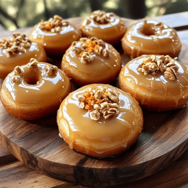 - 1 cup all-purpose flour - 1/2 cup whole wheat flour - 1 teaspoon baking powder - 1/2 teaspoon baking soda - 1/2 teaspoon salt - 1 teaspoon ground cinnamon - 1/2 teaspoon ground nutmeg I use a mix of all-purpose and whole wheat flour. This gives the donuts a nice texture. Baking powder and baking soda help them rise. Cinnamon and nutmeg add warmth and spice. These dry ingredients form the base of your donuts. - 1/2 cup granulated sugar - 1/2 cup brown sugar, packed - 2 large eggs - 1/3 cup vegetable oil - 1/2 cup buttermilk - 1 teaspoon vanilla extract The sugars sweeten the donuts and keep them moist. Eggs bind everything together. Vegetable oil keeps them soft. Buttermilk adds a slight tang and helps the donuts rise. A touch of vanilla gives a lovely flavor. - 1 cup grated carrots (about 2 medium carrots) - 1/2 cup chopped walnuts (optional) - 1 cup powdered sugar (for glaze) - 2 tablespoons maple syrup Grated carrots add moisture and sweetness. You can add walnuts for a nice crunch. For the glaze, mix powdered sugar with maple syrup. This creates a sweet topping that takes the donuts to the next level. First, preheat your oven to 350°F (175°C). Then, grease your donut pan with a non-stick spray. This step helps the donuts come out easily. Next, grab a large bowl. In this bowl, mix the dry ingredients. Combine the all-purpose flour, whole wheat flour, baking powder, baking soda, salt, cinnamon, and nutmeg. Whisk them together well until they are fully blended. Now, take another bowl. In this bowl, beat the wet ingredients. Mix the granulated sugar, brown sugar, eggs, and vegetable oil until smooth. After that, stir in the buttermilk and vanilla extract. Make sure everything is well combined. Now, it's time to bring the dry ingredients together with the wet ones. Gradually add the dry mix to the wet mix. Stir gently until just combined. Be careful not to overmix; lumps are okay. Next, fold in the grated carrots. If you like, add the chopped walnuts for extra crunch. This makes the donuts tasty and adds texture. Spoon the batter into the prepared donut pan. Fill each cavity about 3/4 full. Bake in the oven for 12-15 minutes. The donuts should spring back when touched lightly. You can check doneness by inserting a toothpick; it should come out clean. After baking, allow the donuts to cool in the pan for about 5 minutes. Then, transfer them to a wire rack to cool completely. Now, for the maple glaze! In a small bowl, whisk the powdered sugar and maple syrup until smooth. Once the donuts are cool, dip the tops into the glaze. Let any excess glaze drip off. Place the glazed donuts back on the wire rack to set for about 10-15 minutes. To make perfect donuts, mixing is key. Mix the wet and dry ingredients until just combined. Overmixing can make them tough. When you mix, you want a few lumps left. This keeps the donuts light and fluffy. To check if your donuts are done, use a toothpick. Insert it into the center of a donut. If it comes out clean, they are ready. If it has batter on it, bake a bit longer. The glaze should be smooth, not too runny. Start with powdered sugar and maple syrup. Mix them until there are no lumps. If it is too thick, add a bit of water. If it is too thin, add more powdered sugar. You can make your donuts look fancy. Try adding chopped walnuts on top or a drizzle of extra maple syrup. This adds color and crunch to your treats. Greasing the pan is very important. If you skip this step, the donuts will stick. Use non-stick spray or butter to coat each cavity well. Watch your baking time closely. Overbaking will dry out the donuts, making them tough. Underbaking can leave them doughy inside. Aim for that sweet spot where they are soft but cooked through. {{image_2}} You can change the flavor of your donuts easily. Adding spices like ginger gives a warm kick. You can also play with fruits. Pineapple adds a sweet twist, while raisins bring a chewy texture. Try different spice and fruit combinations to find your favorite. If you need a gluten-free option, use almond flour or coconut flour. Both work well in this recipe. For a vegan version, replace the eggs with flaxseed meal or applesauce. These swaps keep your donuts tasty and friendly for all diets. Toppings can take your donuts to the next level. You might add chocolate chips for sweetness. Coconut flakes add a fun crunch. Consider using different nuts or seeds, too. They not only enhance flavor but also add a nice crunch. Get creative with your toppings! To keep your maple glazed carrot cake donuts fresh, store them in an airtight container. You want to place parchment paper between layers to avoid sticking. This method helps maintain their soft texture for up to three days. If you have a donut box, that works great too! For long-term storage, you can freeze the donuts and glaze separately. Place donuts in a freezer-safe bag, expelling as much air as possible. For the glaze, store it in a small container. When you're ready to enjoy, thaw the donuts at room temperature. Reheat them in a toaster oven for a warm treat. These donuts stay fresh for about three days at room temperature. You can keep them in the fridge for about a week. Look for signs of spoilage, such as a dry texture or an off smell. If they feel hard or crumbly, it’s time to toss them. You can tell the donuts are done when they spring back after a light touch. A toothpick inserted into the donut should come out clean. This usually takes about 12 to 15 minutes in the oven. Keep a close eye on them to avoid overbaking. Yes, you can make these donuts in advance. Bake the donuts and let them cool completely. Store them in an airtight container at room temperature for up to three days. You can also freeze them for longer storage. Just make sure to wrap them well. To reheat the leftovers, place them in the microwave for about 10 to 15 seconds. This warms them up without drying them out. You can also use an oven at 350°F for about 5 minutes for a crispier texture. Definitely! You can swap all-purpose flour for a gluten-free flour blend. You can also replace the eggs with applesauce or a flaxseed mixture for a vegan option. Feel free to adjust the sugars, too, using honey or maple syrup as alternatives. Carrot cake donuts come from the classic carrot cake, which dates back to the Middle Ages. People used carrots as a sweetener when sugar was scarce. Today, we enjoy these donuts as a fun twist on that beloved recipe, combining the flavors of carrot cake with the joy of donuts. This blog post detailed how to make delicious carrot cake donuts. We covered key ingredients like flours, sugars, and spices. I explained the step-by-step process, from mixing batters to baking and glazing. I shared essential tips and common mistakes to avoid as well as fun variations and storage options. Remember, baking should be fun and tasty. Experiment with flavors and enjoy the process. With practice, you'll create perfect donuts every time. Now, get in the kitchen and start baking!