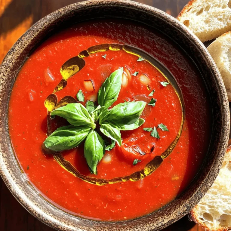 For this tasty soup, you'll need: - 2 lbs ripe tomatoes, halved - 1 medium onion, quartered - 4 cloves garlic, unpeeled - 2 tablespoons olive oil - 2 cups vegetable broth - 1 teaspoon dried basil - 1 teaspoon dried oregano - 1 teaspoon sugar - Salt and pepper to taste These ingredients work together to create a rich, flavorful soup. The ripe tomatoes bring sweetness, while the onion adds depth. Garlic gives it a nice kick. To take your soup to the next level, you can try: - ¼ cup heavy cream (for creaminess) - Fresh basil leaves (for garnish) Adding heavy cream makes the soup richer. Fresh basil not only looks great but also adds a fresh taste. If you have different needs, here are simple swaps: - Use low-sodium vegetable broth for less salt. - Swap heavy cream with coconut milk for a dairy-free option. - Try fresh herbs instead of dried for a bolder flavor. These substitutions keep the soup delicious while fitting your dietary goals. You can enjoy this soup no matter your preferences. First, you need to set your oven to 400°F (200°C). This heat will help roast the tomatoes well. While the oven heats, gather your ingredients. You will need 2 lbs of ripe tomatoes, 1 medium onion, and 4 cloves of garlic. Halve the tomatoes, quarter the onion, and leave the garlic unpeeled. Once the oven is ready, take a baking sheet. Place the halved tomatoes, quartered onion, and unpeeled garlic on it. Drizzle 2 tablespoons of olive oil over the veggies. Sprinkle some salt and pepper on top. Roast everything in the oven for 25-30 minutes. Look for the tomatoes to be soft and caramelized. This step builds great flavor. After roasting, let the veggies cool a bit. Carefully peel the garlic cloves. Then, add them to your slow cooker along with the roasted tomatoes and onion. Pour in 2 cups of vegetable broth. Add 1 teaspoon each of dried basil and dried oregano. Finally, stir in 1 teaspoon of sugar. This mix will create a tasty base for your soup. Now it’s time to cook! Cover your slow cooker. If you set it to low, let it cook for 4-6 hours. If you prefer it faster, set it to high for 2-3 hours. Both methods will work well. Just choose what fits your schedule best. When the cooking time is up, blend the soup. You can use an immersion blender for ease. If you don’t have one, transfer the soup to a regular blender in batches. Blend until it is smooth. If you want a creamier soup, stir in ¼ cup of heavy cream. Taste the soup and add more salt and pepper if needed. Enjoy your delicious roasted tomato soup! To get the best flavor, use ripe tomatoes. Look for firm, juicy ones. Halve them and place them cut side up on your baking sheet. This helps them hold their juices and get sweet. Roast at 400°F for 25-30 minutes. The goal is to caramelize them. This adds a rich taste to your soup. When blending, I like to use an immersion blender. It’s easy and keeps things simple. Just blend until the soup is smooth. If you use a regular blender, do it in small batches. This prevents spills and makes it safer. Always let the soup cool a bit before blending. Herbs and spices are key to great flavor. I use dried basil and oregano in this recipe. They add warmth and depth. You can also add thyme or rosemary if you have them. A little sugar balances the acidity of the tomatoes. Taste your soup before serving. Adjust the salt and pepper to your liking. Adding fresh basil leaves on top is a nice touch. It brightens the soup and adds color. {{image_2}} To make a vegan version of roasted tomato soup, simply skip the heavy cream. This soup stays creamy without it. The roasted tomatoes, onions, and garlic give it a rich taste. You can add a splash of coconut milk or cashew cream for a hint of sweetness and creaminess. This keeps the soup plant-based but full of flavor. You can easily boost the nutrition in this soup. Consider adding carrots or bell peppers while roasting. Chop them up and mix them with the tomatoes and onion. You can also add spinach or kale during the last half hour of cooking. They will cook down and add vitamins. This way, your soup will be both tasty and healthy. Garnishing your soup makes it look fancy and fun. Top each bowl with fresh basil leaves for color. A drizzle of olive oil adds shine and flavor. You can also sprinkle some croutons or toasted seeds for crunch. If you want a kick, add a dash of hot sauce or a sprinkle of chili flakes. These small touches make your soup not just good to eat but also lovely to see. To store leftover soup, let it cool first. Pour the soup into an airtight container. Make sure to leave some space at the top. This allows for expansion when it freezes. Seal the container tightly. Store it in the fridge if you plan to eat it within three days. When reheating, you have a few good methods. You can use the stove or the microwave. For the stove, pour the soup into a pot. Heat it on medium until warm, stirring often. For the microwave, place soup in a microwave-safe bowl. Cover it with a lid or wrap. Heat in 1-minute bursts, stirring in between until hot. If you want to freeze the soup, it’s easy! Pour the cooled soup into freezer-safe bags. Lay them flat in the freezer to save space. When you want to eat it, move the soup to the fridge the night before. This helps it thaw slowly. To heat, use the stove or microwave like before. Yes, you can use canned tomatoes. Choose whole or diced tomatoes. Drain some juice if needed. Canned tomatoes are often more sweet and rich. This can add a nice flavor to your soup. Make sure to adjust the seasoning. Taste as you go. Absolutely! You can make this soup on the stove. Start by roasting the tomatoes like in the recipe. Then, add the roasted veggies to a pot. Pour in the broth and spices. Simmer for 20-30 minutes. Use a blender to make it smooth. To change the serving size, you can double or halve the recipe. Just keep the same ratios for every ingredient. For example, if you need to serve 8, use 4 lbs of tomatoes. If you want to make less, use 1 lb. Always taste the soup. Adjust salt and pepper as needed. This blog post covered how to make a tasty Slow Cooker Roasted Tomato Soup. We discussed key ingredients, steps for roasting, and blending techniques. I shared tips for flavor and variations, plus storage advice. Each point helps you create a rich and delicious soup. Remember, cooking is about trying new things. Be creative with your ingredients! Enjoy your time in the kitchen and savor every bite of your homemade soup.