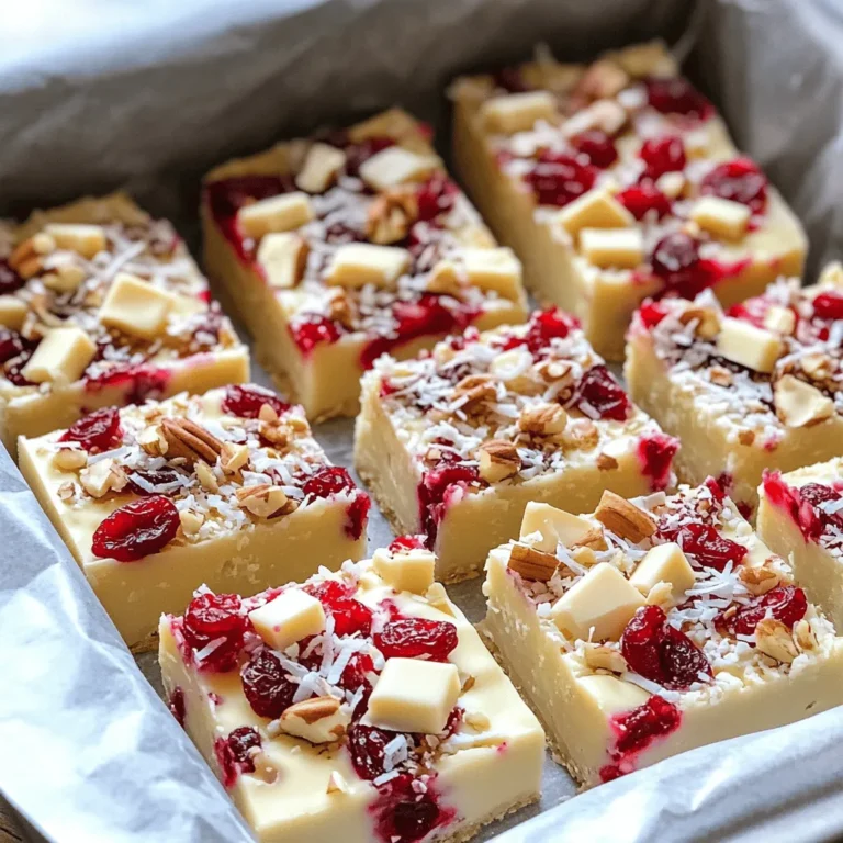 To make No Bake White Chocolate Cranberry Bars, you will need these ingredients: - 1 ½ cups graham cracker crumbs - ½ cup unsweetened shredded coconut - 1 cup white chocolate chips - ½ cup sweetened condensed milk - 1 cup dried cranberries - ½ cup chopped nuts (almonds or walnuts) - 1 teaspoon vanilla extract - A pinch of salt You can easily adjust some ingredients if needed: - For graham cracker crumbs, you can use crushed cookies like digestive biscuits or vanilla wafers. - If you want alternatives to white chocolate chips, try using milk chocolate or dark chocolate chips. - For a nut-free version, skip the nuts or use seeds like pumpkin seeds or sunflower seeds. These substitutions help you customize the bars to your taste or dietary needs. 1. Lining the baking dish: Start by lining an 8x8 inch baking dish with parchment paper. Leave some paper hanging over the edges. This helps with easy removal later. 2. Mixing dry ingredients: In a large mixing bowl, combine 1 ½ cups of graham cracker crumbs, ½ cup of unsweetened shredded coconut, and a pinch of salt. Mix these dry ingredients well. This blend forms the base of your bars. 3. Melting white chocolate: In a small microwave-safe bowl, add 1 cup of white chocolate chips. Heat them in the microwave in 30-second bursts. Stir in between until the chocolate is smooth. This step is key for a creamy texture. 1. Incorporating melted chocolate with dry mix: Pour the melted white chocolate into the dry mixture. Add ½ cup of sweetened condensed milk and 1 teaspoon of vanilla extract. Stir well until everything is blended together smoothly. 2. Folding in cranberries and nuts: Now, add 1 cup of dried cranberries and ½ cup of chopped nuts, like almonds or walnuts. Gently fold these into the mixture. This adds great flavor and texture to the bars. 1. Pressing the mixture into the dish: Transfer the mixture to the prepared baking dish. Use a spatula or your hands to press it down firmly. Make sure it is evenly flattened. This helps the bars hold their shape. 2. Refrigeration time and tips: Place the dish in the refrigerator for at least 2 hours. This allows the bars to set completely. For best results, cover the dish lightly with plastic wrap to prevent moisture from forming. How to properly melt chocolate: To melt white chocolate, use a microwave-safe bowl. Heat for 30 seconds at a time. Stir between each heating session. This method helps you avoid burning the chocolate. Stop when it is smooth and creamy. Tips for compressing the mixture: After mixing all your ingredients, press them firmly into the baking dish. Use a spatula or your hands to flatten it evenly. This step helps the bars hold their shape when cut. Ideal accompaniments: These bars pair well with a cup of tea or coffee. You can also serve them with fresh fruit. Strawberries or raspberries add a nice touch. Presentation ideas: Cut the bars into neat squares for serving. Arrange them on a pretty platter. You can sprinkle some extra cranberries or nuts on top for visual appeal. Overheating chocolate: Make sure to heat the chocolate slowly. If you overheat it, it will become thick and clumpy. This will ruin the texture of your bars. Skipping refrigeration time: Do not rush the refrigeration step. Let the bars chill for at least two hours. This helps them set properly and stay firm when you cut them. {{image_2}} You can mix things up by adding different dried fruits or spices. Try using raisins, apricots, or even cherries. Each fruit will bring its own unique taste. Adding spices like cinnamon or nutmeg can also enhance the flavor profile. For chocolate lovers, using dark or milk chocolate can change the taste entirely. Dark chocolate adds depth, while milk chocolate offers a creamy sweetness. Adding oats or seeds can give your bars a hearty crunch. You might try rolled oats, chia seeds, or flaxseeds. Each option adds a nice bite. If you want more crunch, consider using different types of nuts. Almonds lend a mild flavor, while walnuts add richness. You can even mix and match to find your perfect blend. You can create holiday-inspired recipes by changing the mix-ins. For example, add peppermint extract for a festive twist during the winter season. Using seasonal fruits like pumpkin or apple can also make these bars feel special. With a few changes, you can adapt this recipe to fit any celebration. To keep your no bake white chocolate cranberry bars fresh, use an airtight container. This helps lock in moisture and flavor. You can also use a glass dish with a lid. To prevent sticking, place a layer of parchment paper between the bars and the container. This makes it easy to lift and cut them later. If you want to store these bars for longer, freezing is a great option. Cut the bars into squares before freezing. Wrap each piece in plastic wrap or foil. Place them in a freezer-safe bag or container. To enjoy, thaw the bars in the fridge overnight. This keeps them tasting fresh and delicious. In the fridge, your bars will last about one week. Look for signs of spoilage like a change in color or smell. If they feel dry or hard, it’s best to toss them. Enjoy your no bake white chocolate cranberry bars while they are fresh! To cut no-bake bars neatly, use a sharp knife. First, chill the bars well. Then, lift them out of the dish using the parchment paper. Place them on a cutting board. For cleaner cuts, warm the knife under hot water. Wipe it dry before each cut. This method gives you clean squares. You can use fresh cranberries, but they offer a different taste and texture. Fresh cranberries are tart and juicy. They change the bar's sweetness, making it less sweet. Dried cranberries are sweet and chewy, balancing the flavors well. If you prefer fresh cranberries, consider adding a bit more sugar. These no-bake bars need about two hours to set in the fridge. This time helps the layers firm up. Make sure to cover them with plastic wrap for best results. If you want to speed up the process, you can chill them in the freezer for about 30 minutes. In this blog post, I covered how to make no-bake bars. We explored the key ingredients, like graham cracker crumbs and white chocolate. I shared step-by-step instructions for mixing and setting your bars. You learned tips for perfect results and various flavors to try. These bars are easy and fun to make. Feel free to be creative with ingredients and storage options. Enjoy sharing these tasty treats with friends and family. Dive in and make your own bars today!