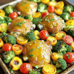 - 4 boneless, skinless chicken thighs - 2 cups broccoli florets - 1 cup cherry tomatoes, halved - 1 red bell pepper, sliced - 1 yellow squash, sliced - 2 tablespoons Dijon mustard - 2 tablespoons honey - 2 tablespoons olive oil - 1 lemon (zested and juiced) I love using chicken thighs for this dish. They stay juicy and tender. The Dijon mustard adds a tangy kick. Honey balances the flavors nicely. Olive oil helps everything cook evenly. Fresh lemon juice brightens the dish. - 1 teaspoon garlic powder - 1 teaspoon dried thyme - Salt and pepper to taste - Fresh parsley for garnish Garlic powder brings warmth to the dish. Dried thyme adds a nice herbal note. Salt and pepper enhance all the flavors. Fresh parsley makes a pretty garnish. It also adds a fresh taste. If you want to switch things up, you can use chicken breast instead. It will still taste great. You can also swap veggies. Try asparagus, zucchini, or carrots. For sauces, consider balsamic vinegar or soy sauce. They can change the dish's flavor profile. You can also use different mustards, like spicy brown. Be creative and have fun! How to prepare and marinate chicken thighs First, gather your chicken thighs. Place them in a bowl or a resealable bag. In a separate bowl, mix the Dijon mustard, honey, olive oil, lemon zest, and lemon juice. Add garlic powder, dried thyme, salt, and pepper. Whisk it all well. Pour half of this mixture over the chicken. Make sure the chicken is well coated. Let it marinate for at least 20 minutes. For a stronger flavor, you can marinate it for up to 2 hours in the fridge. Preparing vegetables for roasting Grab your broccoli florets, cherry tomatoes, red bell pepper, and yellow squash. Wash and cut them as needed. Spread the vegetables on a large sheet pan. Drizzle the remaining Dijon mixture over them. Toss the veggies well to coat them evenly. Detailed baking instructions Preheat your oven to 425°F (220°C). Once marinated, take the chicken and place it on the sheet pan with the veggies. Bake everything in the oven for 25-30 minutes. This will let the chicken cook fully and the veggies get tender. Importance of internal temperature monitoring Use a meat thermometer to check the chicken’s internal temperature. It should reach 165°F (74°C). This ensures the chicken is safe to eat. Checking the temperature helps avoid undercooked or dry chicken. Tips for garnishing and serving After baking, let the dish rest for about 5 minutes. This helps the flavors settle. Garnish the dish with freshly chopped parsley for a pop of color. It makes the dish more appealing. Recommended serving styles You can serve the meal straight from the sheet pan for a casual look. If you prefer, plate the chicken and veggies nicely on individual plates. Drizzle any leftover juices on top for extra flavor. This adds a nice touch to your meal presentation. Marinating chicken adds great taste and keeps it juicy. Use a resealable bag for easy cleanup. Make sure the chicken is fully coated in the marinade. For the best flavor, marinate for at least 20 minutes. If you have time, let it sit for up to 2 hours in the fridge. This longer time builds flavor. To cook veggies perfectly, cut them into even sizes. This helps them cook at the same rate. Place the veggies on the sheet pan first, then add the marinated chicken. This way, the juices from the chicken will flavor the veggies as they cook. To avoid overcooked chicken, check the internal temperature. It should reach 165°F (74°C). Remove it from the oven right when it hits that mark. For easy cleanup, line your sheet pan with aluminum foil. This keeps the pan clean and cuts down on scrubbing. After cooking, let the pan cool for a bit, then simply toss away the foil. You can also soak any tough spots in warm soapy water to make them easier to clean. {{image_2}} You can change up the veggies to suit your taste. Here are some great options: - Asparagus - Carrots - Zucchini - Cauliflower These veggies roast well and add different colors and flavors. For proteins, shrimp or tofu are tasty swaps. Shrimp cooks fast and adds a nice seafood twist. Tofu soaks up the sauce, making it flavorful for a plant-based dish. To keep things exciting, try new herbs and spices. Consider using: - Rosemary - Oregano - Paprika - Cumin These herbs bring unique tastes to the Lemon Dijon sauce. You can also change the sauce. Try adding soy sauce for a savory kick. Or mix in some sriracha for heat. Honey can be swapped with maple syrup for a different sweetness. If you want to use an air fryer, it’s easy! Set the air fryer to 375°F (190°C). Cook the chicken and veggies for about 15-20 minutes. Check for doneness as you go. Grilling is perfect for summer. Marinate your chicken and veggies as usual. Then grill them on medium heat for about 6-8 minutes per side. This gives a smoky flavor that’s hard to beat. Feel free to explore these variations to make this dish your own! To keep your Lemon Dijon Chicken and veggies fresh, store leftovers in an airtight container. This helps maintain their flavor and texture. Place the container in the fridge right after the meal. The dish stays good for up to three days. If you don’t plan to eat it soon, consider freezing. To freeze, let the chicken and veggies cool completely. Then, portion them into freezer-safe bags or containers. Squeeze out as much air as you can before sealing. This prevents freezer burn. Your dish can last in the freezer for about three months. When you're ready to eat, take it out of the freezer. Move the container to the fridge to thaw overnight. If you need it faster, you can thaw in cold water. Just be sure to change the water every 30 minutes. For the best flavor, reheat in the oven. Preheat it to 350°F (175°C). Place the dish in an oven-safe container and cover it with foil. This keeps it moist. Heat for about 20 minutes or until warm. If you're in a hurry, the microwave works too. Place the chicken and veggies in a microwave-safe bowl. Cover it loosely to allow steam to escape. Heat for 1-2 minutes, checking every 30 seconds. This ensures even heating without drying out the food. How do you know when chicken is fully cooked? You can tell chicken is done when it reaches 165°F (74°C). Use a meat thermometer to check. The juices should run clear, not pink. If you cut into it, the meat should be opaque inside. Can I use other cuts of chicken? Yes, you can use chicken breasts or drumsticks. Adjust cooking time as needed. Thicker cuts may need more time, while thinner cuts cook faster. How to scale the recipe up or down? To make more or less, adjust the number of chicken thighs and veggies. Keep the sauce amounts similar. For four servings, use the full recipe. For eight, double the ingredients. Can I make this dish ahead of time? Yes, you can prep the chicken and veggies in advance. Marinate the chicken and chop the veggies a day before. Store them in the fridge until you are ready to cook. What to serve with Lemon Dijon Chicken Veggie Sheet Pan? You can serve this dish with rice or quinoa. A simple green salad pairs nicely too. Garlic bread is also a good choice to soak up the juices. How to create a balanced meal with side dishes? Aim for a mix of protein, veggies, and carbs. Add a fresh salad and whole grains for balance. This helps cover different food groups and boosts flavor. This recipe uses simple, fresh ingredients for tasty Lemon Dijon Chicken and veggies. You learned how to prepare, cook, and serve this dish step-by-step. Tips on marinating and cooking will help you get the best flavors. Remember, you can try different veggies and proteins to suit your taste. Proper storage and reheating keep your meal fresh for later. Enjoy making this meal, knowing it’s easy, fun, and healthy!