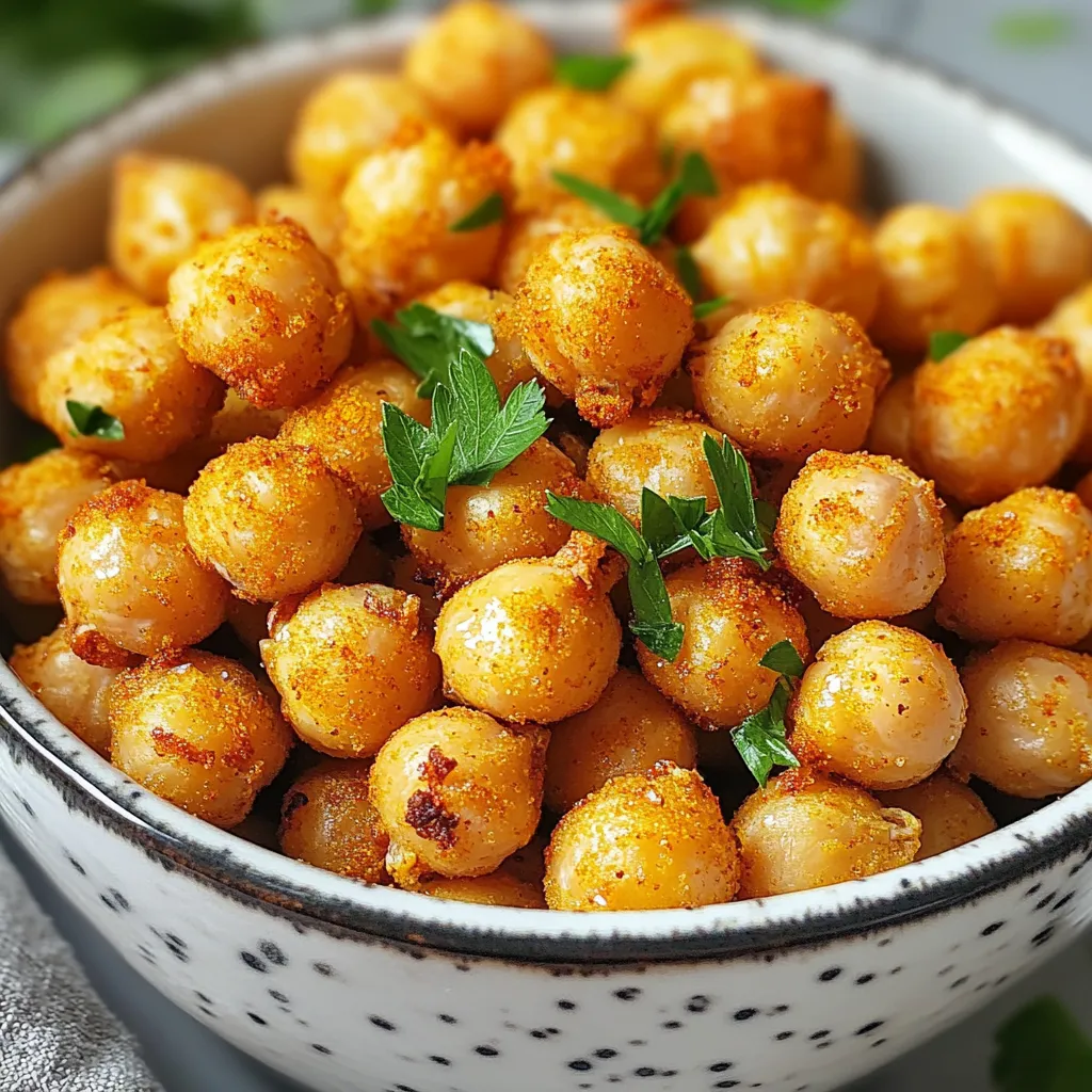 - 1 can (15 oz) chickpeas, drained and rinsed - 2 tablespoons olive oil - 1 teaspoon garlic powder - 1 teaspoon smoked paprika - 1 teaspoon cumin - ½ teaspoon chili powder - ½ teaspoon salt - ¼ teaspoon black pepper The main star of this snack is the chickpeas. Using canned chickpeas makes it easy and quick. Rinsing them well helps remove extra salt. Olive oil adds flavor and helps the spices stick. - 1 tablespoon nutritional yeast for a cheesy flavor - Additional spices for variation Nutritional yeast gives these chickpeas a cheesy taste. You can also try other spices like cayenne for heat or cinnamon for sweetness. Mix and match to find your favorite flavor. - Air fryer - Mixing bowl - Paper towels An air fryer is key for that crunchy texture. A mixing bowl helps combine the chickpeas and spices. Paper towels are important for drying the chickpeas well. The drier they are, the crispier they will be! 1. Preheating the air fryer: Set your air fryer to 400°F (200°C). Let it heat for about 5 minutes. This step is key to getting crispy chickpeas. 2. Rinsing and drying chickpeas: Open your can of chickpeas. Drain and rinse them well under cold water. Use paper towels to pat them dry. The drier they are, the better they’ll crisp up. 1. Tossing chickpeas with olive oil: In a large bowl, add the dried chickpeas. Pour in 2 tablespoons of olive oil. Mix them well so they get coated evenly. 2. Adding spices and mixing: Sprinkle in the garlic powder, smoked paprika, cumin, chili powder, salt, and black pepper. If you want a cheesy taste, add nutritional yeast too. Stir until every chickpea is covered with the spices. 1. Arranging chickpeas in the air fryer: Place the seasoned chickpeas in the air fryer basket. Make sure they are in a single layer. If you have a lot, cook them in batches. 2. Cooking time and shaking method: Set the air fryer for 12-15 minutes. Shake the basket halfway through. This helps them cook evenly. Watch them closely to avoid burning. They should turn golden brown and crispy. After cooking, let them cool for a minute before serving. To make your chickpeas crispy, start by draining and rinsing them well. Use a paper towel to dry them completely. The drier they are, the better. An even coating of oil and spices is key. This ensures every chickpea gets that tasty crunch. You can mix and match spices to find your favorite flavor. Try adding cayenne for heat or a bit of lemon zest for brightness. These chickpeas pair well with dips like hummus or salsa. You can also enjoy them with your favorite snacks, like veggie sticks or pita chips. Cook your chickpeas in batches. This helps them cook evenly and get crispy all around. Keep an eye on the cook time. Check them often to avoid burning. They should turn golden brown and smell amazing when they are done. {{image_2}} You can change the taste of your chickpea snacks easily. For a spicy kick, try cayenne pepper. Just add a pinch to the spice mix. It brings out a nice heat that many enjoy. If you prefer sweet, mix cinnamon and sugar. This combo makes a fun treat for kids. If you don't have an air fryer, you can use an oven. Spread the seasoned chickpeas on a baking sheet. Bake them at 400°F for about 25-30 minutes. Shake them halfway for even cooking. If you want a crunchy snack on the stovetop, try pan-frying. Use a bit of oil and heat them until crispy. These chickpea snacks shine with dips. Serve with hummus or yogurt dip for a tasty combo. You can also add them to salads. They add crunch and protein to any main dish. Try them on top of a veggie bowl for added texture and flavor. Store your crunchy chickpeas in airtight containers. This keeps them fresh and crispy. If you have dried chickpeas, keep them in a cool, dry place. An airtight jar works well for this. These air-fried chickpeas last about 3-4 days at room temperature. Look for signs of spoilage, like a soft texture or off smell. If they feel stale or chewy, toss them out. To reheat your chickpeas, use the air fryer again. Set it to 350°F (175°C) for about 5 minutes. This helps them regain their crunch. You can also use an oven, but watch them closely. Enjoy them fresh for the best flavor! To make chickpeas crispy, start by drying them well. Drain and rinse your chickpeas. Use a paper towel to pat them dry. The dryer they are, the better they will crisp up. Next, toss them in olive oil. This helps the spices stick and adds flavor. Sprinkle your favorite seasonings, like garlic powder and smoked paprika. Mix until every chickpea is coated evenly. This ensures a crunchy texture. Yes, you can use frozen chickpeas. First, you need to thaw them. Place the frozen chickpeas in a bowl of cold water for about 30 minutes. After they are thawed, drain and rinse them. Pat them dry with a paper towel to remove excess moisture. This step is important for crispiness. Then, proceed with the recipe as you would with canned chickpeas. Yes, air-fried chickpeas are a healthy snack. They are high in protein and fiber. Chickpeas help you feel full longer and support digestion. Compared to traditional snacks, like chips, they have less fat and fewer calories. You can enjoy them guilt-free. Air-frying also uses less oil than deep frying, making them a better choice for your health. This blog post covered how to make crunchy air-fried chickpeas. We explored essential and optional ingredients, like canned chickpeas and spices. I shared tools needed, preparation steps, and cooking methods for the perfect crispiness. I also gave tips for flavor variations and storage advice. Now, you can enjoy healthy snacks that taste great. Experiment with different spices and cooking methods. Make this snack your own, and remember to share your favorites with others!
