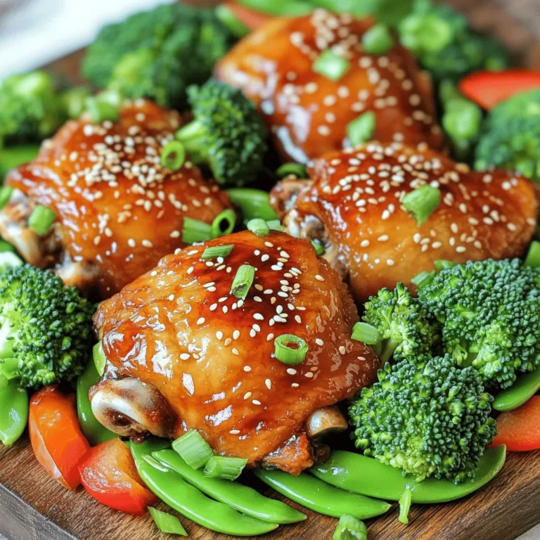 To make this dish, you need: - 4 chicken thighs, bone-in, skin-on - 1/4 cup low-sodium soy sauce - 1/4 cup honey - 2 tablespoons rice vinegar - 2 tablespoons sesame oil These chicken thighs give great flavor. The bone and skin add moisture. The soy sauce brings saltiness, while honey adds sweetness. The marinade is key to a tasty meal. Here’s what you need: - 3 cloves garlic, minced - 1 tablespoon fresh ginger, grated - 1 teaspoon red pepper flakes (optional, for spice) Garlic and ginger both add depth. They bring warmth and a little zing. Red pepper flakes can give you a kick. You can skip them if you want less heat. Veggies add color and crunch. Use these: - 2 cups broccoli florets - 1 red bell pepper, sliced - 1 cup snap peas These choices are fresh and vibrant. Broccoli and snap peas stay crisp when baked. Red bell pepper adds sweetness and color. Together, they make the dish more balanced and healthy. To start, gather your ingredients. You need low-sodium soy sauce, honey, rice vinegar, sesame oil, minced garlic, fresh ginger, and red pepper flakes. In a bowl, mix all these ingredients. Whisk them well until they blend. This marinade gives the chicken its sweet and savory taste. Take your chicken thighs. Place them in a large zip-top bag or a bowl. Pour the teriyaki marinade over the chicken. Make sure each piece is coated well. For the best flavor, let them marinate for at least 30 minutes. If you have time, two hours in the fridge works even better. Once the chicken is marinated, it’s time to prepare the sheet pan. Preheat your oven to 400°F (200°C). Take a large sheet pan and arrange the marinated chicken thighs skin-side up. Don’t forget to leave some space between each piece. This allows them to cook evenly. Now, let’s cook! Bake the chicken in the oven for 25 to 30 minutes. The chicken should reach an internal temperature of 165°F (74°C). For extra crispiness, switch the oven to broil for the last five minutes. Watch it closely to avoid burning. Once done, let the chicken rest for a few minutes before serving. Marinating is key for great flavor. Use a mix of soy sauce, honey, and sesame oil. Let the chicken soak up the marinade for at least 30 minutes. If you have time, go for 2 hours. This gives the chicken a deeper taste. Always make sure the chicken is well-coated. You can use a zip-top bag or a bowl for this. Crispy skin is a must for this dish. Bake the chicken skin-side up on the sheet pan. Use a high oven temp of 400°F (200°C) for best results. In the last 5 minutes of cooking, switch to broil. This will help crisp the skin even more. Keep a close eye on it to avoid burning. Presentation matters! Serve the chicken on a platter with the veggies around it. Drizzle any leftover teriyaki sauce over the top. Add sesame seeds and sliced green onions for extra flavor. This not only looks good but also tastes great. You can pair it with rice or noodles for a full meal. Enjoy your colorful dish! {{image_2}} You can mix up the veggies in this dish. Try adding carrots, zucchini, or asparagus. They add color and flavor. You can also use bell peppers in different colors. Each vegetable brings a unique taste. Get creative with your choices! Aim for veggies that roast well and stay crunchy. If you want a change from chicken, use tofu or salmon. Tofu absorbs the teriyaki sauce well. It gives a nice texture and flavor. Salmon cooks quickly and pairs great with teriyaki. You can also use pork or beef. Just adjust the cooking time for different proteins. Enhance the teriyaki flavor by adding spices. Try garlic powder or onion powder. They deepen the taste without much effort. For extra heat, mix in more red pepper flakes or some Sriracha. You can also drizzle sesame sauce or hoisin sauce for a twist. Don't forget to add fresh herbs like cilantro or basil for fresh notes! After you enjoy your sheet pan teriyaki chicken thighs, store leftovers for later. Place the chicken and veggies in an airtight container. They will stay fresh for up to three days in the fridge. For best taste, cool them first, then seal tightly. To reheat, use your oven for the best results. Preheat it to 350°F (175°C). Place the chicken and veggies on a baking sheet. Heat for about 15 minutes or until warm. You can also use a microwave, but the oven keeps the chicken skin crispy. If you want to save some for a later meal, freezing works well. Wrap the chicken and veggies tightly in plastic wrap. Then, put them in a freezer bag. They can last for up to three months. To enjoy, thaw overnight in the fridge and reheat as mentioned above. Yes, you can use boneless chicken thighs. They will cook faster than bone-in thighs. Adjust the cooking time to about 20-25 minutes. You want the internal temperature to reach 165°F (74°C). Boneless thighs will still soak up the teriyaki flavor well. The best way to check if the chicken is done is to use a meat thermometer. Insert it into the thickest part of the thigh. It should read 165°F (74°C). If you don’t have a thermometer, cut into the chicken. The juices should run clear, not pink. The skin should also be crispy and golden brown. Teriyaki chicken thighs pair well with many sides. Here are some ideas: - Steamed rice or jasmine rice - Quinoa or brown rice - Stir-fried vegetables - A fresh salad with sesame dressing - Noodles tossed in soy sauce and veggies These sides will complement the sweet and savory flavors of the chicken. You now have a full guide to making teriyaki chicken thighs. We covered the main ingredients, marinade components, and tasty vegetable additions. I walked you through the steps to prepare, marinate, and cook the chicken perfectly. I shared tips for the best crispy skin and serving ideas. Plus, you learned about variations, storage tips, and answered common questions. Enjoy making this dish! It’s simple, tasty, and sure to please everyone. Happy cooking!