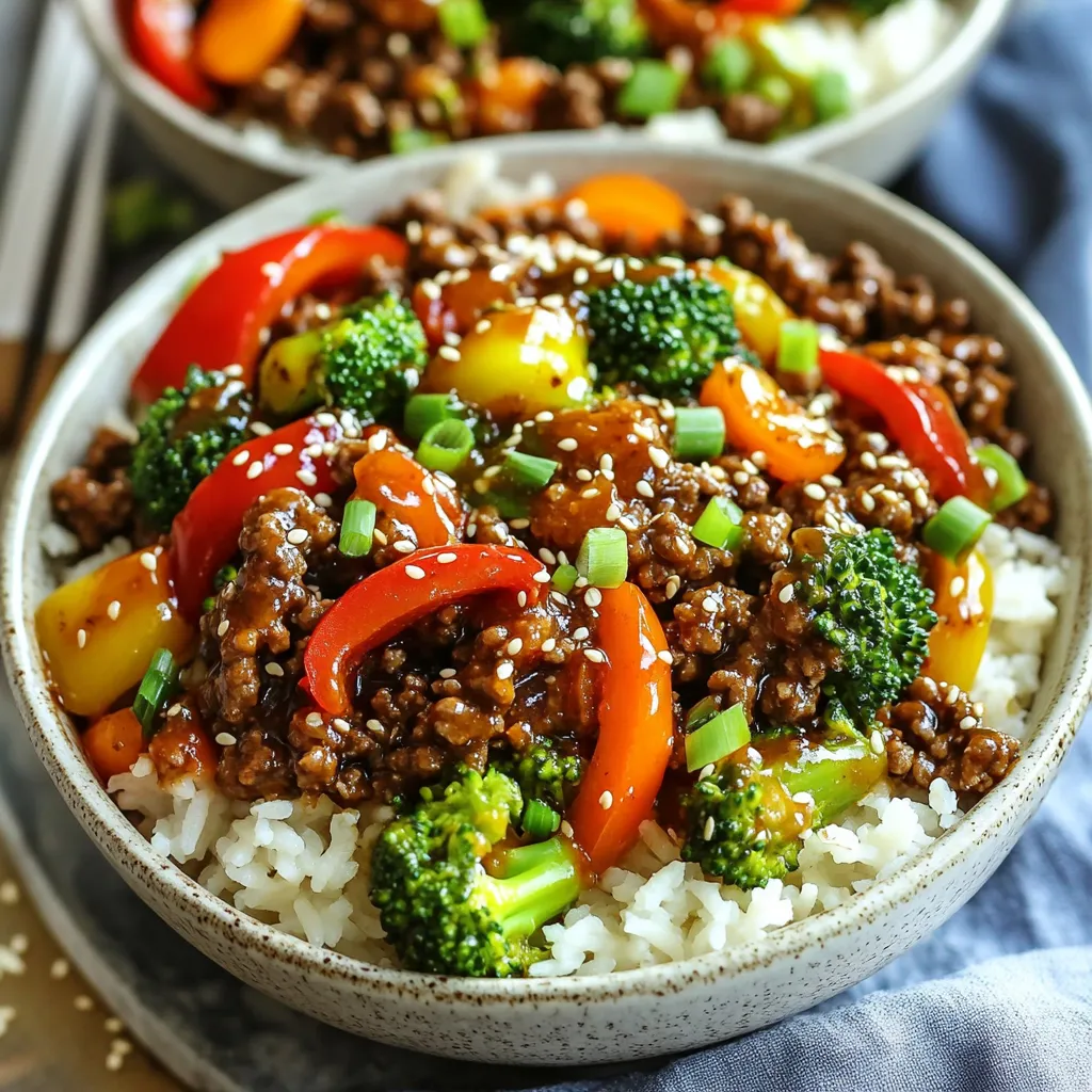 - 1 lb (450g) ground beef - 1 cup cooked jasmine rice (or your preferred rice) - 1 red bell pepper, diced - 1 cup broccoli florets - 1 carrot, thinly sliced - 3 green onions, sliced - 2 cloves garlic, minced - 1 tablespoon fresh ginger, minced - 1/4 cup sweet chili sauce - 2 tablespoons soy sauce (or tamari for gluten-free) - 1 tablespoon sesame oil - Salt and pepper to taste - Toasted sesame seeds for garnish I love to use ground beef, but you can swap it for ground turkey or chicken. Both options keep the dish light yet tasty. For rice, jasmine is my favorite, but brown rice or quinoa can work, too. If you want more crunch, add snap peas or zucchini instead of broccoli. If you cannot find sweet chili sauce, you can mix a bit of ketchup with hot sauce for a quick fix. Sweet chili sauce is the star here. It gives a nice sweet and spicy kick. Soy sauce adds depth and saltiness, enhancing the beef. Sesame oil brings a warm, nutty flavor that ties all the ingredients together. Fresh ginger and garlic add brightness, making every bite delicious. The veggies not only add color but also provide texture and nutrients. Start by cooking 1 cup of jasmine rice. Follow the package directions for best results. When done, set it aside. You want fluffy rice to hold the beef and veggies well. In a large skillet, heat 1 tablespoon of sesame oil over medium heat. Add 2 minced cloves of garlic and 1 tablespoon of minced ginger. Sauté for about 30 seconds until you smell the aroma. Then, increase the heat to medium-high. Add 1 pound of ground beef to the skillet. Break it apart with a wooden spoon. Cook for 5-7 minutes, stirring, until the beef turns brown. Season with salt and pepper to taste. Next, toss in the diced red bell pepper, 1 cup of broccoli florets, and 1 thinly sliced carrot. Cook these for about 5 minutes, stirring occasionally. You want the veggies to stay bright and crisp. Now, pour in 1/4 cup of sweet chili sauce and 2 tablespoons of soy sauce. Stir well to coat the beef and veggies evenly. Cook for another 2-3 minutes until it all heats through. To serve, take a generous scoop of rice and place it in each bowl. Top it with the sweet chili beef mixture. Finish by sprinkling sliced green onions and toasted sesame seeds over the top. Enjoy your meal! To get juicy beef, choose good quality ground beef. Use 80/20 beef for the best taste. Heat your skillet well before adding the beef. This helps it brown nicely. Break up the meat with a wooden spoon. Cook it until there’s no pink left. This usually takes about 5 to 7 minutes. Keep an eye on the heat. Too high may burn the meat. Season the beef while it cooks. Use salt and pepper to boost the flavor. Sweet chili sauce adds a nice kick. Soy sauce brings depth. For even more flavor, add garlic and ginger early. They create a fragrant base for the dish. Don’t forget the green onions and sesame seeds. These add freshness and crunch when you serve. Serve your sweet chili beef over jasmine rice for a classic touch. You can also use brown rice or quinoa for a healthy twist. Add steamed broccoli or snap peas for extra veggies. A side of pickled vegetables pairs well, too. If you want more heat, try adding sliced jalapeños. Enjoy your meal with a refreshing drink like iced tea or lemonade. {{image_2}} You can easily make Sweet Chili Beef Bowls fit your diet. If you want a healthier option, swap ground beef for turkey or chicken. If you need a meat-free dish, try using mushrooms or lentils. For gluten-free options, use tamari instead of soy sauce. If you are avoiding sugar, look for sugar-free sweet chili sauce. These swaps keep the flavors while meeting your needs. Feel free to mix in any veggies you like. You can use bell peppers, zucchini, or snap peas. Spinach or kale can add more greens to the dish. Just make sure to chop them into small pieces. Cook them with the beef for about five minutes. This keeps them tender. You can also use frozen veggies if you are short on time. Just add them directly to the skillet. You can change the sauce for new flavors. If you want a spicy kick, try adding sriracha or chili paste. For a tangy twist, use teriyaki sauce or hoisin sauce. Mixing in a bit of peanut butter can give a nutty taste. Experimenting with different sauces can keep this dish exciting. Each variation can bring a new taste to your table. To keep your sweet chili beef bowls fresh, let them cool first. Place the beef mixture and rice in separate airtight containers. This helps keep the rice fluffy. Store in the fridge for up to three days. Make sure to label your containers with the date. When you're ready to enjoy your leftovers, reheat the rice and beef mixture separately. Use the microwave for quick heating. For best results, add a splash of water to the rice. This helps it steam and stay moist. Heat the beef on the stove over medium heat until it's hot. If you want to save a portion for later, freezing works great. Place the cooled beef and rice in freezer-safe bags. Squeeze out excess air to prevent freezer burn. Your sweet chili beef bowls can last up to three months in the freezer. Just thaw in the fridge overnight before reheating. Yes, you can use ground turkey. It will make the dish leaner. Ground turkey has a milder taste, so you may want to add more spices. Use the same amount as ground beef. It cooks similarly, so no need for extra time. Many side dishes work great with Sweet Chili Beef Bowls. Here are some good options: - Steamed edamame - Cucumber salad - Garlic bread - Miso soup These sides add texture and flavor to your meal. To add heat, you can try a few things: - Add sliced fresh chili peppers while cooking. - Use a spicier sweet chili sauce. - Include a dash of hot sauce at the end. Taste as you go to find your perfect level of spice. Yes, this dish is great for meal prep. You can store the beef mixture and rice separately. It stays fresh in the fridge for three to four days. Reheat well in the microwave. This makes it easy to enjoy a quick meal anytime! This blog post covered everything you need for Sweet Chili Beef Bowls. We discussed the key ingredients and their substitutes. I walked you through each cooking step to get perfect flavor. You learned tips for the best beef and serving ideas. I also shared ways to modify the recipe for different diets. In summary, this dish is easy and tasty. You can make it your own by changing the veggies or sauces. Store and reheat it well for future meals. Dive in and enjoy the process!