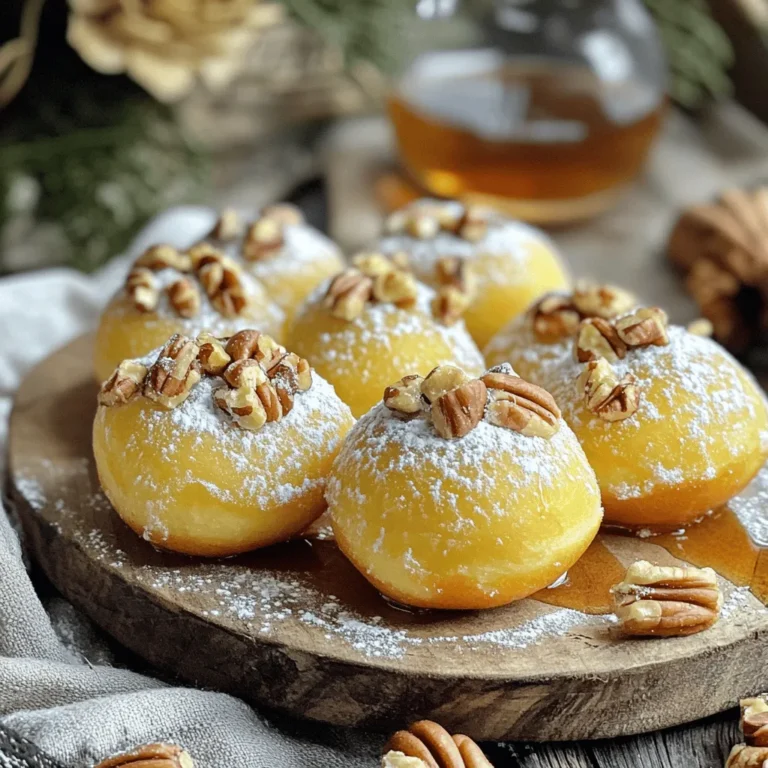 - 1 cup all-purpose flour - 1/2 cup finely chopped pecans - 1/4 cup granulated sugar - 1 teaspoon baking powder - 1/2 teaspoon baking soda - 1/4 teaspoon salt - 1/2 teaspoon ground cinnamon - 1/2 cup buttermilk - 1 large egg - 1/4 cup maple syrup - 2 tablespoons melted butter - 1/2 teaspoon vanilla extract Each ingredient plays a key role in making your donut holes tasty. - All-purpose flour gives the donut holes their structure. It holds everything together. - Pecans add a nice crunch and rich flavor. They also bring healthy fats. - Granulated sugar sweetens the batter. It helps with browning, too. - Baking powder and baking soda are leavening agents. They make the donut holes rise. - Salt enhances all the flavors. It balances the sweetness. - Ground cinnamon adds warmth and spice. It makes each bite cozy. - Buttermilk keeps the donut holes moist. It adds a slight tang, too. - Egg binds the ingredients. It helps with texture and richness. - Maple syrup brings a lovely sweetness. It infuses a distinct flavor. - Melted butter adds richness and moisture. It also enhances flavor. - Vanilla extract rounds out the taste. It adds depth and warmth. These delightful donut holes are not just sweet treats; they also offer some nutrition. Each donut hole provides a balance of carbs, fats, and proteins. - Calories: About 100 per donut hole. - Protein: 2 grams, thanks to the egg and buttermilk. - Fat: 5 grams, mostly from pecans and butter. - Carbohydrates: 12 grams, primarily from flour and sugar. - Fiber: 1 gram, thanks to pecans. These numbers can change based on how you make them. If you want to make them healthier, consider using whole wheat flour or less sugar. Enjoy these sweet bites while knowing they have some good nutrients! Start by preheating your oven to 350°F (175°C). While it heats, grease a mini muffin tin with cooking spray or oil. This step ensures your donut holes release easily after baking. In a medium bowl, combine 1 cup of all-purpose flour, 1/2 cup of finely chopped pecans, and 1/4 cup of granulated sugar. Add 1 teaspoon of baking powder, 1/2 teaspoon of baking soda, 1/4 teaspoon of salt, and 1/2 teaspoon of ground cinnamon. Whisk them together until they blend well. This mix adds flavor and structure to the donut holes. In another bowl, mix together 1/2 cup of buttermilk, 1 large egg, and 1/4 cup of maple syrup. Stir in 2 tablespoons of melted butter and 1/2 teaspoon of vanilla extract. Blend these until smooth. The wet mix brings moisture and sweetness to each bite. Gradually add the wet mixture to the dry mix. Stir gently until just combined; avoid overmixing. Using a spoon or cookie scoop, fill each muffin cup about 2/3 full with the batter. This allows space for the donut holes to rise as they bake. Place the muffin tin in the oven and bake for 10-12 minutes. Check for doneness by inserting a toothpick in the center; it should come out clean. After baking, let the donut holes cool in the tin for 5 minutes. Then, transfer them to a cooling rack. Enjoy the delightful smell as they cool! To make fluffy donut holes, don’t overmix your batter. Mix until just combined. This keeps air in the dough. Use fresh baking powder and baking soda for the best rise. Make sure your oven is preheated to 350°F. This helps them bake evenly and rise well. For a sweet finish, dip warm donut holes in melted butter first. Then roll them in a mix of sugar and ground cinnamon. This creates a nice, sweet crust. Make sure the donut holes are warm, so the coating sticks well. You can adjust the sugar and cinnamon ratio to suit your taste. Serve your donut holes on a rustic wooden platter. Dust them lightly with powdered sugar. Add a small bowl of maple syrup for dipping. This enhances the maple flavor and makes each bite even better. You can also pair them with a cup of coffee or tea for a perfect snack. {{image_2}} You can change the taste of your maple pecan donut holes by swapping some ingredients. Try using almond flour instead of all-purpose flour. This gives a nutty, rich flavor. If you want a sweeter taste, add more maple syrup. You can also try different nuts, like walnuts or hazelnuts, for a unique twist. To make these donut holes dairy-free, switch buttermilk with almond or coconut milk. You can also use a dairy-free yogurt for a rich texture. For a gluten-free version, use a gluten-free flour blend. These options keep the treat soft and delicious without any gluten or dairy. Mixing in extras can make donut holes even better. Try adding chocolate chips for a sweet, gooey surprise. Dried fruit, like cranberries or raisins, adds a chewy texture. You can also add spices like nutmeg or cardamom for a warm, cozy flavor. Feel free to get creative and make these donut holes your own! You can store maple pecan donut holes at room temperature. Place them in an airtight container. They will stay fresh for up to three days. If you want to keep them longer, consider freezing. Make sure they are completely cool before storage. Freezing is a great way to save some donut holes for later. First, let the donut holes cool completely. Then, layer them in a single row on a baking sheet. Freeze them for one hour. Once frozen, transfer them to a freezer bag. Squeeze out any air before sealing. They can last up to three months in the freezer. To reheat your donut holes, take them out of the freezer. Let them thaw in the fridge overnight. Then, warm them up in the microwave for about 10-15 seconds. If you prefer, you can also bake them in the oven at 350°F for about 5 minutes. Enjoy them warm for the best taste. Yes, you can make these donut holes ahead of time. Prepare them and let them cool. Store them in an airtight container. They will stay fresh for about three days. To enjoy them warm, pop them in the oven for a few minutes. Donut holes are small, round treats. They are baked in a mini muffin tin. Cupcakes are larger and have a fluffy texture. Cupcakes typically have frosting on top. Both are sweet, but their shapes and textures differ. You can test if they are done by using a toothpick. Insert it into the center of a donut hole. If it comes out clean, they are ready. They should also be golden brown on the outside. Absolutely! You can try walnuts, almonds, or hazelnuts. Chop them finely like the pecans. Each nut will give a unique flavor to your donut holes. Feel free to experiment! Maple pecan donut holes are simple and fun to make. We covered the key ingredients, how to mix them, and tips for fluffy results. Each step matters for flavor and texture. Don't forget the variations to try new flavors. Proper storage will keep them fresh longer. So, gather your gear and enjoy this tasty treat. I hope your donut holes turn out great and bring smiles to all!