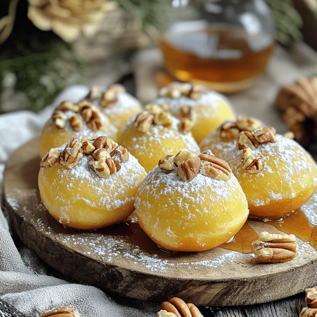 - 1 cup all-purpose flour - 1/2 cup finely chopped pecans - 1/4 cup granulated sugar - 1 teaspoon baking powder - 1/2 teaspoon baking soda - 1/4 teaspoon salt - 1/2 teaspoon ground cinnamon - 1/2 cup buttermilk - 1 large egg - 1/4 cup maple syrup - 2 tablespoons melted butter - 1/2 teaspoon vanilla extract Each ingredient plays a key role in making your donut holes tasty. - All-purpose flour gives the donut holes their structure. It holds everything together. - Pecans add a nice crunch and rich flavor. They also bring healthy fats. - Granulated sugar sweetens the batter. It helps with browning, too. - Baking powder and baking soda are leavening agents. They make the donut holes rise. - Salt enhances all the flavors. It balances the sweetness. - Ground cinnamon adds warmth and spice. It makes each bite cozy. - Buttermilk keeps the donut holes moist. It adds a slight tang, too. - Egg binds the ingredients. It helps with texture and richness. - Maple syrup brings a lovely sweetness. It infuses a distinct flavor. - Melted butter adds richness and moisture. It also enhances flavor. - Vanilla extract rounds out the taste. It adds depth and warmth. These delightful donut holes are not just sweet treats; they also offer some nutrition. Each donut hole provides a balance of carbs, fats, and proteins. - Calories: About 100 per donut hole. - Protein: 2 grams, thanks to the egg and buttermilk. - Fat: 5 grams, mostly from pecans and butter. - Carbohydrates: 12 grams, primarily from flour and sugar. - Fiber: 1 gram, thanks to pecans. These numbers can change based on how you make them. If you want to make them healthier, consider using whole wheat flour or less sugar. Enjoy these sweet bites while knowing they have some good nutrients! Start by preheating your oven to 350°F (175°C). While it heats, grease a mini muffin tin with cooking spray or oil. This step ensures your donut holes release easily after baking. In a medium bowl, combine 1 cup of all-purpose flour, 1/2 cup of finely chopped pecans, and 1/4 cup of granulated sugar. Add 1 teaspoon of baking powder, 1/2 teaspoon of baking soda, 1/4 teaspoon of salt, and 1/2 teaspoon of ground cinnamon. Whisk them together until they blend well. This mix adds flavor and structure to the donut holes. In another bowl, mix together 1/2 cup of buttermilk, 1 large egg, and 1/4 cup of maple syrup. Stir in 2 tablespoons of melted butter and 1/2 teaspoon of vanilla extract. Blend these until smooth. The wet mix brings moisture and sweetness to each bite. Gradually add the wet mixture to the dry mix. Stir gently until just combined; avoid overmixing. Using a spoon or cookie scoop, fill each muffin cup about 2/3 full with the batter. This allows space for the donut holes to rise as they bake. Place the muffin tin in the oven and bake for 10-12 minutes. Check for doneness by inserting a toothpick in the center; it should come out clean. After baking, let the donut holes cool in the tin for 5 minutes. Then, transfer them to a cooling rack. Enjoy the delightful smell as they cool! To make fluffy donut holes, don’t overmix your batter. Mix until just combined. This keeps air in the dough. Use fresh baking powder and baking soda for the best rise. Make sure your oven is preheated to 350°F. This helps them bake evenly and rise well. For a sweet finish, dip warm donut holes in melted butter first. Then roll them in a mix of sugar and ground cinnamon. This creates a nice, sweet crust. Make sure the donut holes are warm, so the coating sticks well. You can adjust the sugar and cinnamon ratio to suit your taste. Serve your donut holes on a rustic wooden platter. Dust them lightly with powdered sugar. Add a small bowl of maple syrup for dipping. This enhances the maple flavor and makes each bite even better. You can also pair them with a cup of coffee or tea for a perfect snack. {{image_2}} You can change the taste of your maple pecan donut holes by swapping some ingredients. Try using almond flour instead of all-purpose flour. This gives a nutty, rich flavor. If you want a sweeter taste, add more maple syrup. You can also try different nuts, like walnuts or hazelnuts, for a unique twist. To make these donut holes dairy-free, switch buttermilk with almond or coconut milk. You can also use a dairy-free yogurt for a rich texture. For a gluten-free version, use a gluten-free flour blend. These options keep the treat soft and delicious without any gluten or dairy. Mixing in extras can make donut holes even better. Try adding chocolate chips for a sweet, gooey surprise. Dried fruit, like cranberries or raisins, adds a chewy texture. You can also add spices like nutmeg or cardamom for a warm, cozy flavor. Feel free to get creative and make these donut holes your own! You can store maple pecan donut holes at room temperature. Place them in an airtight container. They will stay fresh for up to three days. If you want to keep them longer, consider freezing. Make sure they are completely cool before storage. Freezing is a great way to save some donut holes for later. First, let the donut holes cool completely. Then, layer them in a single row on a baking sheet. Freeze them for one hour. Once frozen, transfer them to a freezer bag. Squeeze out any air before sealing. They can last up to three months in the freezer. To reheat your donut holes, take them out of the freezer. Let them thaw in the fridge overnight. Then, warm them up in the microwave for about 10-15 seconds. If you prefer, you can also bake them in the oven at 350°F for about 5 minutes. Enjoy them warm for the best taste. Yes, you can make these donut holes ahead of time. Prepare them and let them cool. Store them in an airtight container. They will stay fresh for about three days. To enjoy them warm, pop them in the oven for a few minutes. Donut holes are small, round treats. They are baked in a mini muffin tin. Cupcakes are larger and have a fluffy texture. Cupcakes typically have frosting on top. Both are sweet, but their shapes and textures differ. You can test if they are done by using a toothpick. Insert it into the center of a donut hole. If it comes out clean, they are ready. They should also be golden brown on the outside. Absolutely! You can try walnuts, almonds, or hazelnuts. Chop them finely like the pecans. Each nut will give a unique flavor to your donut holes. Feel free to experiment! Maple pecan donut holes are simple and fun to make. We covered the key ingredients, how to mix them, and tips for fluffy results. Each step matters for flavor and texture. Don't forget the variations to try new flavors. Proper storage will keep them fresh longer. So, gather your gear and enjoy this tasty treat. I hope your donut holes turn out great and bring smiles to all!