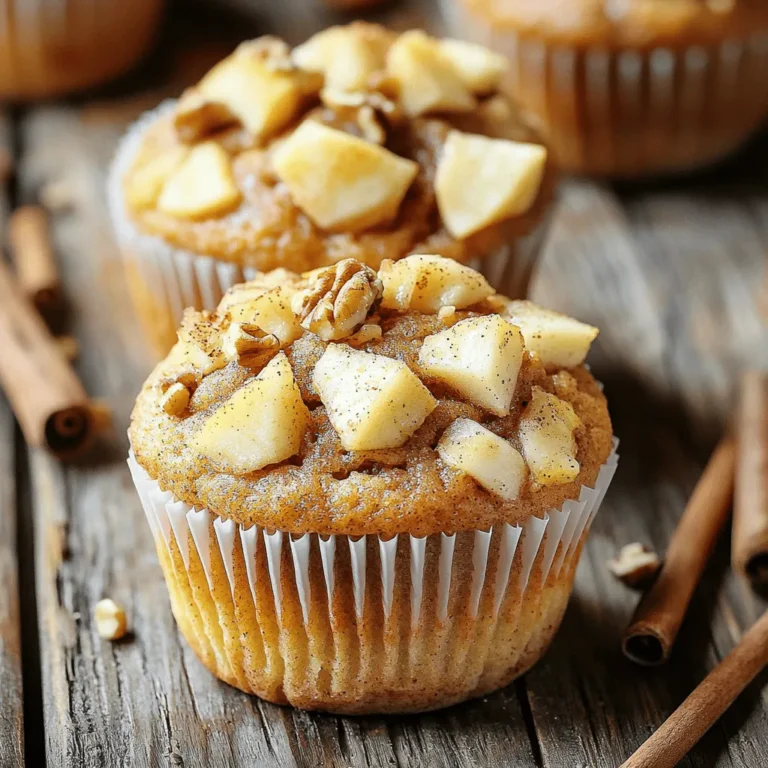 To make these tasty cinnamon apple muffins, you need the following ingredients: - 2 cups all-purpose flour - 1 tablespoon baking powder - 1 teaspoon baking soda - 1 teaspoon ground cinnamon - ½ teaspoon salt - ¾ cup sugar - ½ cup unsalted butter, melted - 2 large eggs - 1 teaspoon vanilla extract - 1 cup buttermilk (or regular milk with 1 tablespoon vinegar added) - 2 cups peeled and diced apples (preferably Granny Smith or Honeycrisp) - ½ cup chopped walnuts (optional) - 2 tablespoons brown sugar for topping You can make these muffins with some easy swaps. Here are a few ideas: - Flour: Use whole wheat flour for more fiber. - Sugar: Swap out white sugar for brown sugar for a richer taste. - Butter: Use coconut oil or applesauce for a lighter version. - Eggs: Replace eggs with flaxseed meal mixed with water for a vegan option. - Buttermilk: Mix regular milk with vinegar or lemon juice if you don’t have buttermilk. Choosing the right apples is key! Here are my tips for picking fresh apples: - Look for firmness: Choose apples that feel hard and not soft or bruised. - Check the skin: Good apples have smooth skin without blemishes. - Smell them: Fresh apples should have a sweet smell. - Choose the right type: Granny Smith apples add tartness, while Honeycrisp apples are sweet and juicy. Both work great in muffins. These tips help ensure your muffins taste their best! Start by gathering all your ingredients. You will need flour, sugar, and apples. Preheat your oven to 350°F (175°C). This helps the muffins rise well. Line your muffin tin with paper liners, or grease it. This keeps the muffins from sticking. 1. In a medium bowl, whisk together 2 cups of all-purpose flour, 1 tablespoon of baking powder, 1 teaspoon of baking soda, 1 teaspoon of ground cinnamon, and ½ teaspoon of salt. Set this mix aside. 2. In a large bowl, mix ½ cup of melted unsalted butter and ¾ cup of sugar. Stir until it looks smooth. 3. Add 2 large eggs, one at a time. Mix well after each egg. 4. Pour in 1 teaspoon of vanilla extract and 1 cup of buttermilk. Stir until everything is well combined. 5. Slowly add the dry ingredients to the wet mix. Stir gently until just mixed. A few lumps are okay. 6. Carefully fold in 2 cups of peeled and diced apples and ½ cup of chopped walnuts, if you like. 7. Fill each muffin cup about ⅔ full with batter. Sprinkle 2 tablespoons of brown sugar on top. This adds a nice sweet crunch. 8. Bake for 18-20 minutes. Check with a toothpick. It should come out clean when done. 9. Let the muffins cool in the pan for 5 minutes. Then, move them to a wire rack to cool completely. - Overmixing the Batter: This can make your muffins tough. Stir just until combined. - Skipping the Preheat: Not preheating can lead to uneven baking. - Not Measuring Ingredients Correctly: Use proper measuring cups for best results. - Forgetting to Grease the Pan: This can cause sticking and messy muffins. To get the best muffin texture, follow these steps: - Do not overmix the batter. Stir just until everything blends. A few lumps are fine. - Use room temperature ingredients. This helps the batter mix better and rise nicely. - Measure flour correctly. Spoon it into the measuring cup and level it off with a knife. You can boost the flavor of your muffins in several ways: - Add spices. Try nutmeg or ginger for a warm taste. - Use fresh apples. Granny Smith or Honeycrisp gives a tart kick. - Mix in nuts or chocolate. Chopped walnuts add crunch and flavor. A great muffin top is key to a yummy muffin. Here’s how: - Fill the muffin cups high. Aim for about ⅔ full to get a nice dome. - Add brown sugar on top. It makes a sweet, crunchy crust. - Bake at a high temperature. Start at 350°F (175°C) to help them rise quickly. These tips will help you create delightful cinnamon apple muffins that everyone will love! {{image_2}} Adding different ingredients can give your muffins a unique twist. Here are some fun ideas: - Chopped nuts: Walnuts add a nice crunch. Pecans work well too! - Dried fruit: Raisins or cranberries add sweetness and chewiness. - Chocolate chips: For a sweet surprise, add semi-sweet or dark chocolate chips. - Spices: Add nutmeg or ginger for a different flavor profile. Mix and match these add-ins to find your perfect combination! You can make these muffins gluten-free or vegan easily. Here’s how: - Gluten-free: Use a gluten-free flour blend. Check that it contains xanthan gum for a better texture. - Vegan: Replace eggs with flax eggs. Mix one tablespoon of flaxseed meal with three tablespoons of water. Let it sit until thick. - Milk substitute: Use almond milk or oat milk instead of buttermilk. These swaps ensure everyone can enjoy these tasty muffins. You can change the fruit to suit the season! Here are some ideas: - Fall: Use chopped pears or diced pumpkin for a cozy flavor. - Winter: Try fresh cranberries for tartness and color. - Spring: Use diced strawberries or blueberries for a fresh taste. - Summer: Add peaches or plums for a juicy treat. Experiment with different fruits to make your muffins shine all year long! To keep your cinnamon apple muffins fresh, store them in an airtight container. This will help them stay moist. Place a piece of parchment paper between layers to avoid sticking. You can keep them at room temperature for about three days. If you want to keep them longer, the fridge is a good option. Just remember, cold muffins can lose some flavor. Freezing muffins is easy and a great way to save extras. First, allow the muffins to cool completely. Then wrap each muffin tightly in plastic wrap. For extra protection, place the wrapped muffins in a freezer-safe bag or container. You can freeze them for up to three months. Just label the bag with the date so you know when you made them. When you're ready to enjoy a muffin, reheating is simple. You can use a microwave or an oven. For the microwave, heat for about 15-20 seconds. This keeps them soft and warm. If you prefer the oven, preheat it to 350°F (175°C). Place the muffin on a baking sheet and heat for about 5-7 minutes. This method will help restore that fresh-baked texture. Enjoy your delightful muffins warm! The best apples for muffins are Granny Smith and Honeycrisp. Granny Smith brings a tart flavor that balances the sweetness of the muffins. Honeycrisp adds a juicy sweetness that makes each bite delightful. You can also try Fuji apples for a sweet option. The key is to pick firm apples. Firm apples keep their shape and add great texture to your muffins. To check if your muffins are done, insert a toothpick into the center of a muffin. If it comes out clean or with a few crumbs, they are ready. If the toothpick has wet batter on it, bake for a few more minutes. Keep an eye on them, as they bake quickly. You can also gently press the top; it should spring back. Yes, you can use whole wheat flour instead of all-purpose flour. The muffins will be denser but still tasty. Whole wheat adds more fiber and nutrients, making them healthier. If you want a lighter texture, try mixing half whole wheat and half all-purpose flour. This way, you get the benefits of both! This blog post covered the essential ingredients, step-by-step instructions, and helpful tips for making delicious muffins. You learned about ingredient choices, ways to avoid common pitfalls, and how to enhance flavor. Don’t forget about storage tips and fun variations. Muffins are easy and fun to make, perfect for any occasion. With these insights, you can bake muffins that taste great every time. Enjoy experimenting and sharing your tasty results!