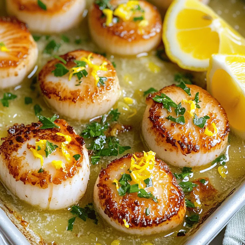 - 1 pound sea scallops - 3 tablespoons unsalted butter - 3 garlic cloves, minced - 1 tablespoon lemon zest - 2 tablespoons fresh lemon juice - Salt and black pepper - 2 tablespoons chopped fresh parsley (for garnish) The sea scallops are the star of this dish. Choose fresh or thawed scallops for the best taste. The unsalted butter adds richness and helps to crisp the scallops. Fresh garlic gives a strong flavor, while lemon zest and juice add brightness. Salt and black pepper enhance all the flavors. Finally, fresh parsley adds a nice touch of color and freshness. - Lemon wedges - Extra herbs You can serve the scallops with lemon wedges for a zesty kick. Extra herbs like thyme or dill can also boost the flavor. These garnishes make your dish look great and add extra taste. Start by patting the scallops dry with paper towels. This helps them sear better. If they are wet, they won't brown nicely. After drying, season them lightly with salt and black pepper on both sides. Good seasoning brings out the flavor. Always use fresh or thawed scallops for the best taste. Quality matters. Choose sea scallops for their sweet and tender meat. Next, heat a large skillet over medium-high heat. Add the unsalted butter to the pan. Wait until the butter melts and becomes foamy, but don’t let it brown. This step is key for adding rich flavor. Once the butter is ready, add the minced garlic. Sauté it for about 30 seconds until it smells amazing. Be careful; you don’t want it to burn. Now, add the scallops to the skillet. Place them in a single layer; avoid crowding the pan. Cook them for about 2-3 minutes on one side until they turn golden brown. Then, flip the scallops gently. Cook for another 1-2 minutes until they are opaque. Perfectly cooked scallops will be tender and juicy. When the scallops are done, squeeze fresh lemon juice over them. This adds a bright taste. Then, add the lemon zest for extra flavor. Mix gently to combine all the ingredients. Finally, remove the skillet from the heat. Garnish with chopped parsley for a pop of color. Serve the scallops hot with lemon wedges on the side. Enjoy your savory delight! To cook scallops just right, focus on time and heat. Scallops need about 2-3 minutes on one side and 1-2 minutes on the other. Use medium-high heat to get that nice golden brown color. If they cook too long, they turn tough. To avoid this, keep an eye on them. They should be opaque when done. You can add more flavor to your scallops! Try spices like paprika or a dash of cayenne for heat. Fresh herbs like thyme or basil can also brighten the dish. For sides, think light and fresh. A crisp salad or steamed veggies pair well. Rice or pasta can also make a great base. When plating, stack the scallops in a neat row for a nice look. Drizzle some garlic butter on top for extra flavor. Add a sprinkle of parsley for color. Serve with lemon wedges to squeeze on top. For drinks, a chilled white wine or sparkling water complements the dish well. {{image_2}} You can change the flavor of your Minute Garlic Butter Lemon Scallops easily. Try adding fresh herbs like thyme or basil. They bring a nice aroma and taste. A sprinkle of red pepper flakes adds a bit of heat. You can also mix in some chopped spinach or asparagus for extra color and crunch. You have options when cooking scallops. Broiling gives a crispy top while keeping them juicy. Just set your oven to high and place scallops on a baking sheet. Pan-searing gives a nice golden crust. For something unique, try grilling. It adds a smoky flavor that pairs well with the lemon. If you don’t have scallops, you can use shrimp or fish. Choose seafood that cooks quickly for the best results. For a vegan twist, try using king oyster mushrooms. Their texture resembles scallops, and they soak up flavor well. To keep your leftover scallops fresh, store them in the fridge. Place them in an airtight container. They will stay good for one to two days. Make sure they cool down first before sealing. This helps keep the moisture in and prevents any bad smells. If you want to freeze them, wrap the scallops tightly in plastic wrap. Then, place them in a freezer bag. Make sure to remove as much air as possible. Frozen scallops can last for up to three months. Just remember to label the bag with the date. To reheat your scallops, the skillet method works best. Heat a little butter in a pan over medium heat. Add the scallops and cook for about one minute on each side. This helps keep them tender and adds flavor. You can also use the microwave, but be careful. Place the scallops on a plate and cover them with a damp paper towel. Heat in short bursts, about 15 seconds at a time. Check often so they don’t overcook. If they feel dry, add a tiny bit of butter to keep them moist. If your scallops seem a bit tough after reheating, don’t worry. You can make a quick sauce with lemon juice and butter. This will help restore some moisture and flavor. Enjoy your delicious scallops just like the first time! You should cook scallops for about 3 to 5 minutes. Start by cooking them for 2 to 3 minutes on one side. Once they turn golden brown, flip them. Cook for another 1 to 2 minutes. The scallops should be opaque when done. Overcooking can make them tough, so keep an eye on them. Yes, you can use frozen scallops. Thaw them in the fridge overnight for best results. If you're in a hurry, place them in a sealed bag and run cold water over them for about 30 minutes. After thawing, pat them dry before cooking. This will help you get that nice golden crust. Garlic butter lemon scallops pair well with several side dishes. Here are some great options: - Rice: A simple white or lemon rice adds a nice touch. - Pasta: Tossing them with pasta and olive oil works well too. - Vegetables: Steamed broccoli or asparagus balance the meal nicely. You can also add complementary sauces, like a light lemon sauce or a fresh herb sauce. A simple green salad with a lemon vinaigrette complements the scallops well, adding freshness to the dish. You can create a delicious dish with just a few key ingredients. We discussed selecting the best scallops and how to cook them perfectly. Remember to season well and use fresh herbs for vibrant flavor. Experiment with different methods and enjoy variations to suit your taste. Finally, store any leftovers properly so you can savor this dish later. With practice, you'll impress your friends and family with your culinary skills. Now, it’s time to get cooking!