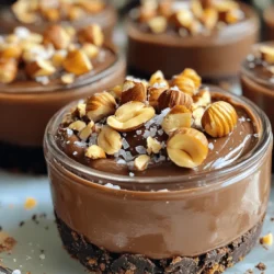For the No-Bake Chocolate Hazelnut Cheesecake Cups, you need a few simple items. Each ingredient plays a key role in flavor and texture. Here’s what you will need: - 1 cup chocolate graham cracker crumbs - 1/4 cup unsalted butter, melted - 2 cups cream cheese, softened - 1/2 cup powdered sugar - 1 cup Nutella or hazelnut spread - 1 teaspoon vanilla extract - 1 cup whipped cream - 1/2 cup toasted hazelnuts, roughly chopped (for garnish) - Chocolate shavings (for garnish) - A pinch of sea salt This combination makes a rich and creamy dessert. The chocolate graham cracker crumbs give a tasty base. The cream cheese provides creaminess, while Nutella adds that delightful hazelnut flavor. The whipped cream lightens the filling, making it airy and smooth. When you add toasted hazelnuts and chocolate shavings, you not only enhance the taste but also the look. The sea salt gives a nice balance to the sweetness. Each bite is a mix of flavors that feels indulgent yet light. Feel free to adjust the ingredients to your taste. Maybe you want more hazelnut or to skip the salt. The beauty of cooking is making it your own! Enjoy the process of gathering these ingredients as much as the final treat. - Mixing the Cracker Crumbs with Butter: Take a medium bowl. Add 1 cup of chocolate graham cracker crumbs and 1/4 cup of melted unsalted butter. Mix well until the crumbs are coated. You want a sandy texture that sticks together. - Pressing into Serving Cups: Grab your serving cups or small jars. Divide the crumb mixture evenly among them. Press the mixture down firmly to create a solid base. This step helps the crust hold its shape. Place the cups in the fridge for about 10 minutes to set. - Beating Cream Cheese: In a large mixing bowl, take 2 cups of softened cream cheese. Use an electric mixer to beat it until it's smooth and creamy. This will take a minute or two. - Incorporating Nutella and Vanilla Extract: Slowly add 1/2 cup of powdered sugar. Keep mixing until it blends well. Next, pour in 1 cup of Nutella and 1 teaspoon of vanilla extract. Beat the mix again until it’s completely smooth. - Folding in Whipped Cream: Take 1 cup of whipped cream. Gently fold it into the Nutella mixture. Be careful not to deflate the whipped cream. This makes your cheesecake light and fluffy. - Spoon Cheesecake Mixture over Crust: Take the cups out of the fridge. Spoon the cheesecake mixture over the crumb crust in each cup. Fill them to the top for a nice look. - Chilling Time Requirements: Cover the cups with plastic wrap. Refrigerate them for at least 4 hours. This step allows the cheesecake to set perfectly. If you can, let them chill overnight for the best flavor. Softened cream cheese is key for a smooth cheesecake. If your cream cheese is cold, it will clump. Take it out of the fridge for at least 30 minutes before mixing. This helps it blend well with the other ingredients. When mixing, be gentle. Use a spatula to fold in whipped cream. This keeps your cheesecake light and airy. Over-mixing can lead to a dense texture. Just mix until you see no lumps. For a great finish, use toasted hazelnuts and chocolate shavings. Chop the hazelnuts into small pieces. Sprinkle them on top for a nice crunch. Add chocolate shavings for a rich touch. Both add flavor and look beautiful. If you want to switch it up, try other toppings. Fresh berries, crushed cookies, or even caramel sauce work well. Be creative with your garnishes! They can make your dessert stand out even more. {{image_2}} Replacing Nutella with Other Spreads: You can switch out Nutella for other spreads. Try almond butter or peanut butter for a nutty twist. You can also use a chocolate spread that is dairy-free. Each spread gives a unique flavor and texture to your cheesecake cups. Adding Flavor Extracts: Flavor extracts can bring a new taste to your dessert. Consider adding almond or hazelnut extract for extra depth. Just a small amount will enhance the cheesecake without overpowering it. Experiment to find your favorite blend. Gluten-Free Options: To make this dessert gluten-free, use gluten-free chocolate graham crackers. You can find these at many grocery stores. Ensure all ingredients are gluten-free to keep your treat safe for those with allergies. Dairy-Free Alternatives: For a dairy-free version, replace cream cheese with a dairy-free cream cheese. Use coconut cream instead of whipped cream for a rich texture. Check your chocolate spread to ensure it is dairy-free as well. These swaps let everyone enjoy the cheesecake cups. For these no-bake chocolate hazelnut cheesecake cups, keep them in the fridge. Use airtight containers to avoid the cheesecake soaking up other smells. Cover the cups tightly with plastic wrap if you don't have containers. This keeps them fresh and tasty. If you want to store them longer, freezing is an option. Place the cups in the freezer once they are fully set. Make sure to wrap each cup well with plastic wrap and then place them in a freezer-safe bag. This protects them from freezer burn. The cheesecake cups last about 4 to 5 days in the fridge. The creamy texture stays great if stored correctly. If you freeze them, they last for about 2 months. Just remember to let them thaw in the fridge overnight before enjoying. This helps keep the texture smooth and delightful. Yes, you can make these cheesecake cups a day in advance. They taste better when chilled overnight. Just cover them tightly with plastic wrap and store them in the fridge. This allows the flavors to blend well. To avoid cracks, ensure your cream cheese is soft. Mix gently and do not overbeat. Cracks often happen when the filling is too stiff. Chilling the cups slowly helps keep them smooth too. Absolutely! You can use regular graham cracker crumbs, crushed cookies, or even vanilla wafers. Each option adds its own unique flavor. Just make sure the base is sturdy. If you want a different flavor, try using almond butter or peanut butter. You can also use any hazelnut spread. Just check the sweetness level, as some spreads are sweeter than Nutella. This dessert is a delightful blend of flavors and textures. You’ve learned the key ingredients, from chocolate graham cracker crumbs to creamy Nutella. I shared simple steps to make perfect cheesecake cups. Remember to chill them well for the best taste. Feel free to explore flavor variations and dietary changes. Your cheesecake cups will impress anyone. Keep these tips in mind, and enjoy every bite of your creation. Happy baking!