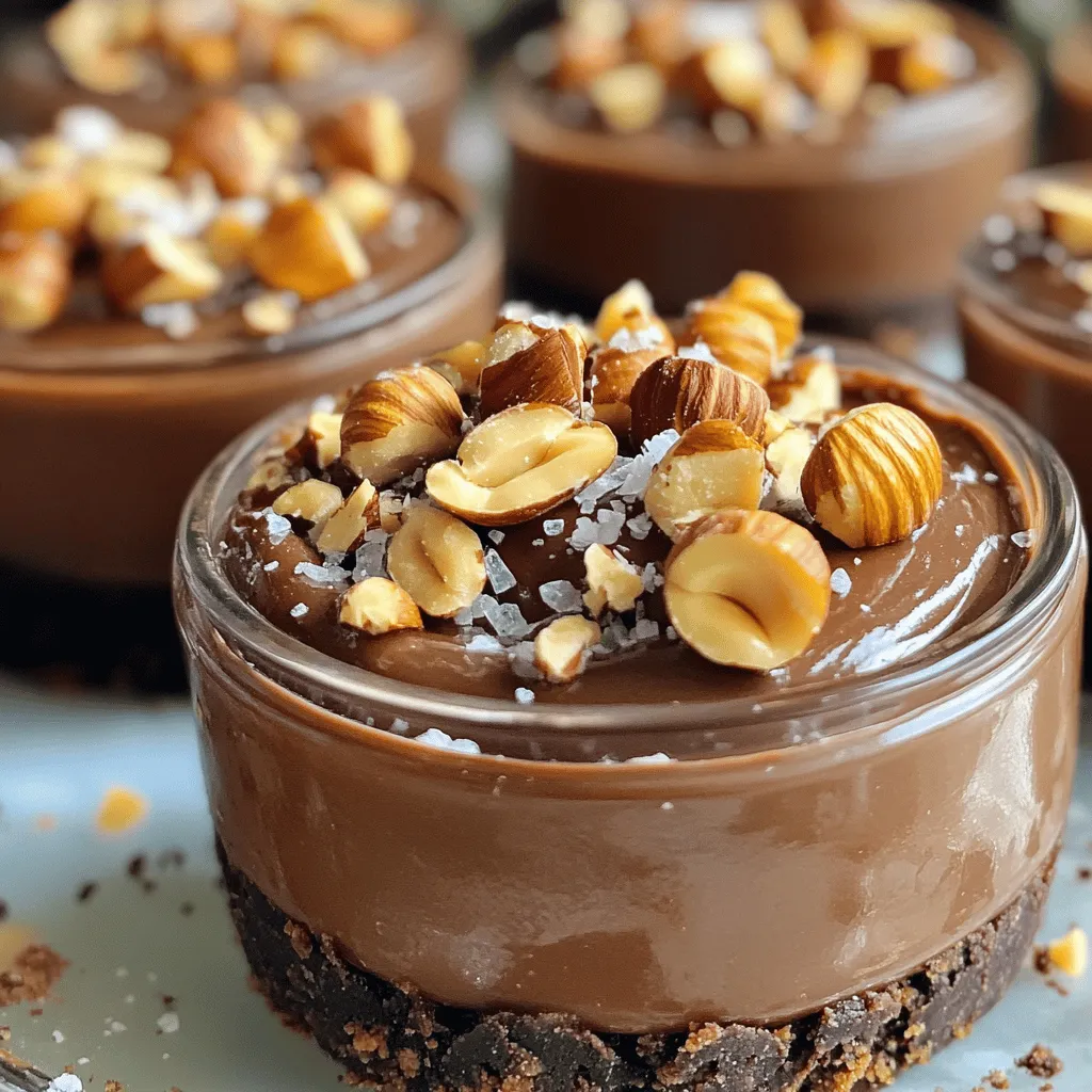 For the No-Bake Chocolate Hazelnut Cheesecake Cups, you need a few simple items. Each ingredient plays a key role in flavor and texture. Here’s what you will need: - 1 cup chocolate graham cracker crumbs - 1/4 cup unsalted butter, melted - 2 cups cream cheese, softened - 1/2 cup powdered sugar - 1 cup Nutella or hazelnut spread - 1 teaspoon vanilla extract - 1 cup whipped cream - 1/2 cup toasted hazelnuts, roughly chopped (for garnish) - Chocolate shavings (for garnish) - A pinch of sea salt This combination makes a rich and creamy dessert. The chocolate graham cracker crumbs give a tasty base. The cream cheese provides creaminess, while Nutella adds that delightful hazelnut flavor. The whipped cream lightens the filling, making it airy and smooth. When you add toasted hazelnuts and chocolate shavings, you not only enhance the taste but also the look. The sea salt gives a nice balance to the sweetness. Each bite is a mix of flavors that feels indulgent yet light. Feel free to adjust the ingredients to your taste. Maybe you want more hazelnut or to skip the salt. The beauty of cooking is making it your own! Enjoy the process of gathering these ingredients as much as the final treat. - Mixing the Cracker Crumbs with Butter: Take a medium bowl. Add 1 cup of chocolate graham cracker crumbs and 1/4 cup of melted unsalted butter. Mix well until the crumbs are coated. You want a sandy texture that sticks together. - Pressing into Serving Cups: Grab your serving cups or small jars. Divide the crumb mixture evenly among them. Press the mixture down firmly to create a solid base. This step helps the crust hold its shape. Place the cups in the fridge for about 10 minutes to set. - Beating Cream Cheese: In a large mixing bowl, take 2 cups of softened cream cheese. Use an electric mixer to beat it until it's smooth and creamy. This will take a minute or two. - Incorporating Nutella and Vanilla Extract: Slowly add 1/2 cup of powdered sugar. Keep mixing until it blends well. Next, pour in 1 cup of Nutella and 1 teaspoon of vanilla extract. Beat the mix again until it’s completely smooth. - Folding in Whipped Cream: Take 1 cup of whipped cream. Gently fold it into the Nutella mixture. Be careful not to deflate the whipped cream. This makes your cheesecake light and fluffy. - Spoon Cheesecake Mixture over Crust: Take the cups out of the fridge. Spoon the cheesecake mixture over the crumb crust in each cup. Fill them to the top for a nice look. - Chilling Time Requirements: Cover the cups with plastic wrap. Refrigerate them for at least 4 hours. This step allows the cheesecake to set perfectly. If you can, let them chill overnight for the best flavor. Softened cream cheese is key for a smooth cheesecake. If your cream cheese is cold, it will clump. Take it out of the fridge for at least 30 minutes before mixing. This helps it blend well with the other ingredients. When mixing, be gentle. Use a spatula to fold in whipped cream. This keeps your cheesecake light and airy. Over-mixing can lead to a dense texture. Just mix until you see no lumps. For a great finish, use toasted hazelnuts and chocolate shavings. Chop the hazelnuts into small pieces. Sprinkle them on top for a nice crunch. Add chocolate shavings for a rich touch. Both add flavor and look beautiful. If you want to switch it up, try other toppings. Fresh berries, crushed cookies, or even caramel sauce work well. Be creative with your garnishes! They can make your dessert stand out even more. {{image_2}} Replacing Nutella with Other Spreads: You can switch out Nutella for other spreads. Try almond butter or peanut butter for a nutty twist. You can also use a chocolate spread that is dairy-free. Each spread gives a unique flavor and texture to your cheesecake cups. Adding Flavor Extracts: Flavor extracts can bring a new taste to your dessert. Consider adding almond or hazelnut extract for extra depth. Just a small amount will enhance the cheesecake without overpowering it. Experiment to find your favorite blend. Gluten-Free Options: To make this dessert gluten-free, use gluten-free chocolate graham crackers. You can find these at many grocery stores. Ensure all ingredients are gluten-free to keep your treat safe for those with allergies. Dairy-Free Alternatives: For a dairy-free version, replace cream cheese with a dairy-free cream cheese. Use coconut cream instead of whipped cream for a rich texture. Check your chocolate spread to ensure it is dairy-free as well. These swaps let everyone enjoy the cheesecake cups. For these no-bake chocolate hazelnut cheesecake cups, keep them in the fridge. Use airtight containers to avoid the cheesecake soaking up other smells. Cover the cups tightly with plastic wrap if you don't have containers. This keeps them fresh and tasty. If you want to store them longer, freezing is an option. Place the cups in the freezer once they are fully set. Make sure to wrap each cup well with plastic wrap and then place them in a freezer-safe bag. This protects them from freezer burn. The cheesecake cups last about 4 to 5 days in the fridge. The creamy texture stays great if stored correctly. If you freeze them, they last for about 2 months. Just remember to let them thaw in the fridge overnight before enjoying. This helps keep the texture smooth and delightful. Yes, you can make these cheesecake cups a day in advance. They taste better when chilled overnight. Just cover them tightly with plastic wrap and store them in the fridge. This allows the flavors to blend well. To avoid cracks, ensure your cream cheese is soft. Mix gently and do not overbeat. Cracks often happen when the filling is too stiff. Chilling the cups slowly helps keep them smooth too. Absolutely! You can use regular graham cracker crumbs, crushed cookies, or even vanilla wafers. Each option adds its own unique flavor. Just make sure the base is sturdy. If you want a different flavor, try using almond butter or peanut butter. You can also use any hazelnut spread. Just check the sweetness level, as some spreads are sweeter than Nutella. This dessert is a delightful blend of flavors and textures. You’ve learned the key ingredients, from chocolate graham cracker crumbs to creamy Nutella. I shared simple steps to make perfect cheesecake cups. Remember to chill them well for the best taste. Feel free to explore flavor variations and dietary changes. Your cheesecake cups will impress anyone. Keep these tips in mind, and enjoy every bite of your creation. Happy baking!