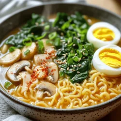 To make this tasty dish, you will need: - 2 packets of instant ramen noodles (discard seasoning packets) - 4 tablespoons unsalted butter - 5 cloves garlic, minced - 1-2 teaspoons red chili flakes (adjust to taste) - 2 cups vegetable broth - 1 tablespoon soy sauce - 1 tablespoon sesame oil - 1 cup fresh spinach - 1 cup mushrooms, sliced (shiitake or button) - 2 green onions, chopped - 2 soft-boiled eggs (optional) - Sesame seeds for garnish These ingredients create a rich, buttery flavor with a kick of heat. The garlic adds depth, while the broth ties everything together. You can add extra touches to make your bowl even better. Consider these options: - Additional green onions for freshness - Chili oil for more heat - Seaweed strips for a savory crunch These garnishes enhance the dish and bring out the flavors. If you’re missing an ingredient or want to try something new, here are some easy swaps: - Use olive oil instead of butter for a lighter option. - Swap vegetable broth with chicken broth for a meaty flavor. - Try kale or bok choy in place of spinach for a different green. These substitutions can help you customize your ramen to fit your taste. Enjoy experimenting and finding your perfect bowl! First, bring a large pot of water to a boil. Once boiling, add the ramen noodles. Cook the noodles based on the package instructions, usually around 3-4 minutes. When they are done, drain the noodles and set them aside. This step is simple but key to a good bowl of ramen. In a large skillet, melt 4 tablespoons of unsalted butter over medium heat. Add 5 cloves of minced garlic and 1-2 teaspoons of red chili flakes. Sauté this mixture for about 1-2 minutes. You want it fragrant but not burnt. The garlic and chili will create a rich base for your ramen. Stir in 1 cup of sliced mushrooms and cook for another 3-4 minutes. The mushrooms should become tender during this time. Next, add 1 cup of fresh spinach and sauté it until just wilted. Then, pour in 2 cups of vegetable broth, 1 tablespoon of soy sauce, and 1 tablespoon of sesame oil. Bring this mixture to a simmer and let it cook for about 5 minutes. This helps to blend all the flavors together perfectly. Now, add the cooked ramen noodles to the broth. Gently toss them to coat in the buttery, garlicky sauce. Heat everything through for another 2-3 minutes. If you love soft-boiled eggs, prepare them by boiling in a separate pot for 6-7 minutes. After boiling, place the eggs in an ice bath before peeling. Finally, serve the ramen in bowls. Top each bowl with a soft-boiled egg half, chopped green onions, and sprinkle sesame seeds on top for a delightful finish. Enjoy your flavorful ramen bowl! To make soft-boiled eggs, start with fresh eggs. Place them in a small pot. Fill the pot with water and bring it to a boil. Once boiling, gently add the eggs. Cook them for 6-7 minutes. After cooking, place the eggs in an ice bath for a few minutes. This stops the cooking process. When cool, peel the eggs and cut them in half. The yolk should be creamy and runny. It adds richness to your ramen. If you love heat, add more chili flakes. Start with 1 teaspoon and taste the broth. You can always add more spice later. If it’s too spicy, add more butter or broth. This will help cool it down. You can also add a splash of soy sauce. It adds depth and balances the heat. Remember, spice is personal. Adjust to your taste! This recipe is perfect for meal prep. You can cook the noodles and store them in the fridge. Keep the broth and vegetables separate. When you’re ready to eat, reheat the broth and add the noodles. You can also cook the eggs ahead of time. Store them in the fridge and peel when needed. This way, you have a quick, tasty meal ready to go. Prepare and enjoy your Garlic Chili Butter Ramen Bowls any day! {{image_2}} You can easily add proteins to your Garlic Chili Butter Ramen Bowls. Chicken is a great choice. Just grill or sauté some pieces. Add them when you mix in the noodles. Tofu works well too. Use firm tofu and cube it. Pan-fry until golden for extra flavor. Shrimp is another tasty option. Sauté shrimp until pink and add them to your bowl. If you want a vegetarian twist, skip the meat entirely. Focus on plant-based proteins. Use chickpeas or lentils for a heartier dish. Both add protein and texture. You can also add edamame for a nutty flavor. These swaps make the dish filling while keeping it light and healthy. Mixing vegetables can change the flavor and nutrition of your ramen. Try bell peppers for sweetness. Carrots add crunch and color. Broccoli florets can give a nice bite too. You could also add zucchini or snap peas. Just sauté them until tender. This keeps the dish fresh and exciting every time you make it. To keep your Garlic Chili Butter Ramen Bowls fresh, place any leftovers in an airtight container. Make sure to store the noodles separate from the broth and toppings. This helps prevent sogginess. You can keep the leftovers in the fridge for up to three days. When you're ready to enjoy your ramen again, reheat it gently. Pour the broth and noodles into a pot. Heat over medium until warmed through. Stir occasionally to ensure even heating. If the noodles seem dry, add a splash of broth or water to help. You can freeze the broth and veggies, but I recommend not freezing the noodles. They lose texture when thawed. Store the broth in freezer-safe bags or containers. It can last for up to three months. When you want to eat it, thaw in the fridge overnight and reheat as mentioned above. Yes, you can use regular ramen noodles. Just cook them in boiling water until they are tender. This usually takes about 5-7 minutes. Drain and add them to your broth mixture. Regular noodles will give you a chewy texture. If you do not have vegetable broth, you can use water or chicken broth. Both options work well in this recipe. For a richer flavor, you can add a splash of soy sauce or miso paste. This will enhance the taste of your ramen. To add more heat, increase the amount of red chili flakes. Start with an extra half teaspoon and taste as you go. You can also add sliced fresh chili peppers or a dash of hot sauce. These will boost the spice and make your ramen even more exciting. This blog post covered how to make tasty garlic chili butter ramen. You learned about the must-have ingredients and helpful tips for the perfect dish. I shared variations for different diets and storage tips to keep your ramen fresh. By understanding these steps, you can create a warm, comforting meal. Enjoy the freedom to mix and match flavors to fit your taste. This ramen is easy and fun to customize. Now, grab your ingredients and start cooking!